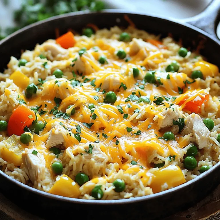 - 1 pound boneless, skinless chicken breasts, diced - 1 cup long-grain rice - 2 cups low-sodium chicken broth - 1 cup diced bell peppers (red and green) - 1 small onion, finely chopped - 3 cloves garlic, minced - Spices: smoked paprika, dried thyme, dried oregano, salt, black pepper - 1 cup frozen peas - 1 cup shredded cheddar cheese - Fresh parsley for garnish When planning to make Chicken and Rice Skillet Casserole, you need great ingredients. First, choose 1 pound of boneless, skinless chicken breasts. Dice them into small pieces. This makes them easy to cook and eat. You also need 1 cup of long-grain rice. This rice cooks well with the chicken and broth. Next, gather your vegetables and seasonings. Use 1 cup of diced bell peppers. A mix of red and green adds color. Chop 1 small onion finely. This gives a sweet taste. Mince 3 cloves of garlic for extra flavor. For spices, you need smoked paprika, dried thyme, dried oregano, salt, and black pepper. These spices create a warm taste. For the final touches, grab 1 cup of frozen peas. You don’t need to thaw them. They add color and sweetness. You will also need 1 cup of shredded cheddar cheese. This cheese melts perfectly on top. Finally, have fresh parsley for garnish. It adds a nice look and taste. For the complete recipe, check out the Full Recipe. - Start with a large skillet. Heat the olive oil over medium heat. - Add diced chicken pieces. Season with salt, black pepper, smoked paprika, thyme, and oregano. - Sauté the chicken for about 5-7 minutes. Stir occasionally until it's browned and cooked through. - Use a slotted spoon to remove the cooked chicken and set it aside on a plate. - In the same skillet, add the chopped onion and diced bell peppers. - Cook for 3-4 minutes while stirring frequently. The vegetables should soften. - Then, add minced garlic and sauté for one more minute. This adds a great flavor boost. - Mix the uncooked rice with the sautéed vegetables. Stir well to coat the rice evenly. - Pour in the chicken broth and stir again to combine everything. This is where the magic begins. - Bring the mixture to a gentle simmer. Taste and adjust seasoning with salt and pepper if needed. - Return the sautéed chicken to the skillet. Mix it into the rice and broth. - Cover the skillet with a lid and reduce the heat to low. Cook for 18-20 minutes. - The rice should be tender and absorb most of the liquid by the end of this step. - In the last 5 minutes of cooking, stir in the frozen peas directly into the skillet. - Top with shredded cheddar cheese. Cover again and let it sit until the cheese melts. - Once done, use a fork to fluff the rice gently before serving. For the full recipe, refer to the provided details above. To make the best chicken and rice skillet casserole, start by browning the chicken. This step adds great flavor. Use medium heat and let the chicken cook for about 5-7 minutes. I like to season it with salt, pepper, smoked paprika, thyme, and oregano. These herbs give the dish a warm, inviting taste. Using low-sodium chicken broth is also key. It helps balance the seasoning well. If you use regular broth, the dish may become too salty. Always taste your broth before adding more salt. You can swap proteins in this meal for variety. Turkey, tofu, or shrimp work well. These options keep it fresh and fun. If you want a healthier choice, use brown rice instead of white rice. Brown rice adds fiber and nutrients. Just remember, it may need a bit more cooking time. For the best look, serve the casserole right from the skillet. It makes for a rustic and warm presentation. To make it pop, garnish with fresh parsley or extra cheese. This adds color and makes it more appealing. Pair it with a side salad or some crusty bread for a complete meal. For the full recipe, check out the details above. {{image_4}} If you want some heat, add diced jalapeños or a splash of hot sauce. This will give your casserole a nice kick. You can mix them in while cooking the chicken for a bold flavor. Each bite bursts with spice. Just adjust the amount to fit your taste. For a meat-free meal, swap chicken for mushrooms or chickpeas. Both add great texture and flavor. Use vegetable broth instead of chicken broth for a rich taste. This option is perfect for anyone who loves veggies or wants a lighter dish. You still get a filling and tasty meal. Adding broccoli florets boosts the nutrition of your casserole. Simply mix them in during the last few minutes of cooking. You can also use different cheese varieties to play with flavors. Try mozzarella for a mild taste or pepper jack for a bit of spice. This makes the dish creamy and colorful. For the full recipe, check out the detailed steps above. Enjoy experimenting with these variations! First, let the casserole cool down completely. This step helps keep it fresh. Once cooled, store it in an airtight container. Make sure to seal it well to avoid any moisture. Your leftovers can last in the fridge for about three to four days. If you want to save some for later, freeze portions in individual containers. This method makes it easy to reheat just what you need. Remember to leave some room at the top of each container. This space allows the food to expand when frozen. When you’re ready to eat, thaw the casserole overnight in the fridge. This slow thaw helps keep the flavors intact. You can reheat your casserole in the microwave or on the stovetop. If it seems dry, add a splash of broth. This small addition brings back the moisture and flavor. Stir well while reheating to ensure even warmth. Your Chicken and Rice Skillet Casserole will taste almost as good as fresh! For the full recipe, check the earlier section. Making this dish takes about 40 minutes in total. The prep time is around 10 minutes. You will spend about 30 minutes cooking. This quick time frame makes it perfect for busy weeknights. Yes, you can make this dish ahead of time. Prepare the casserole up to the point of adding the cheese. Store it in the fridge for up to 2 days. When ready to serve, just heat it on the stove. Add the cheese near the end so it melts perfectly. This casserole pairs well with many sides. A fresh side salad adds a nice crunch. Garlic bread or crusty rolls also complement the meal. You can even serve steamed vegetables for extra color and nutrition. Yes, this recipe can be gluten-free. Just use gluten-free rice and broth. Many brands offer gluten-free chicken broth. Always check labels to ensure they meet your dietary needs. To check if the chicken is cooked, cut a piece in the thickest part. The meat should be white and juices should run clear. You can also use a meat thermometer. The chicken should reach an internal temperature of 165°F. This blog post detailed how to make a tasty Chicken and Rice Skillet Casserole. We covered the main ingredients, cooking steps, and tips for perfect results. Remember to experiment with variations and substitute ingredients to suit your taste. Storing leftovers properly can keep your meals fresh. Follow these simple steps for a delicious dish every time. Enjoy easy cooking that brings flavor to your table!
