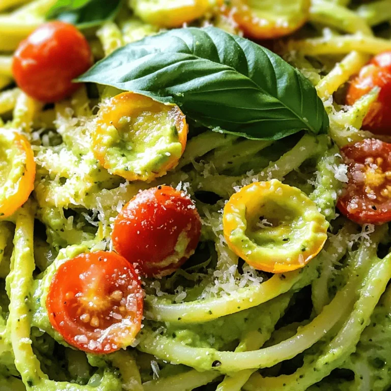 - 2 ripe avocados, pitted and peeled - 2 cups fresh basil leaves, loosely packed - 2 cloves garlic, minced - 2 tablespoons freshly squeezed lemon juice - 1/4 cup extra virgin olive oil - Salt and freshly ground black pepper to taste - 12 oz spaghetti or your choice of pasta - 1/4 cup freshly grated Parmesan cheese (optional) The main ingredients in this dish are simple and fresh. Ripe avocados form the creamy base, making it rich and delicious. Fresh basil adds a fragrant touch, while garlic gives it a nice kick. Lemon juice brightens the flavors. Olive oil helps bind everything together. Choose your favorite pasta for a personal touch. - Handful of cherry tomatoes, halved - Crushed red pepper flakes (for extra heat) Garnishes make your dish pop! Halved cherry tomatoes add sweetness and color. If you like heat, sprinkle on red pepper flakes. They give an extra zing to each bite. You can swap ingredients if needed. For a vegan option, skip the Parmesan cheese. Instead, try nutritional yeast for a cheesy flavor. Use whole wheat or gluten-free pasta for a healthier choice. If you don't have fresh basil, pesto works well. Just remember that each swap changes the taste slightly, so feel free to experiment! For the perfect dish, ensure your avocados are ripe but not overripe. This helps keep the sauce smooth. You can find the full recipe to guide you through each step. Enjoy creating this tasty meal! First, grab a large pot. Fill it with water and add salt. Bring it to a boil. Once boiling, add 12 oz of spaghetti or your favorite pasta. Cook it as per the package directions until al dente. Remember to reserve 1 cup of pasta water before draining. This water helps the sauce stick later. Drain the pasta and set it aside. While the pasta cooks, it’s time to make the sauce. Take 2 ripe avocados, 2 cups of fresh basil, 2 cloves of minced garlic, and 2 tablespoons of lemon juice. Place these in a food processor. Add 1/4 cup of extra virgin olive oil too. Blend everything until smooth. If the sauce is thick, add some reserved pasta water. This will make it creamy and perfect. In a large bowl, combine the drained pasta and the creamy avocado sauce. Toss the pasta well to coat every strand. If needed, add more reserved water to help the sauce blend in. You can fold in 1/4 cup of grated Parmesan cheese if you like. Serve this dish hot. Garnish with halved cherry tomatoes for color. For a spicy kick, add crushed red pepper flakes. Enjoy your meal! To make a great avocado sauce, choose ripe avocados. Check for softness by gently pressing them. When blending, add the basil, garlic, and lemon juice first. This helps mix flavors well. If the sauce is too thick, use pasta water to thin it. This water adds flavor and creaminess. Taste your sauce and adjust salt and pepper to your liking. Start with a large pot of salted water. This adds flavor to the pasta. Cook your pasta until it is al dente. This means it should be firm but not hard. When draining, save some pasta water. This water helps the sauce stick. Toss the drained pasta with the sauce right away. This keeps the pasta warm and absorbs the sauce. For a beautiful dish, use a large serving bowl. Add the pasta and sauce, then mix gently. Garnish with halved cherry tomatoes for color. You can add extra basil leaves on top for freshness. A drizzle of olive oil enhances the look. If you like spice, sprinkle some crushed red pepper flakes on top. These tips make your avocado pasta look as good as it tastes! {{image_4}} This dish is great for everyone, even vegans! To make it vegan, skip the Parmesan cheese. You can also add nutritional yeast for a cheesy flavor without dairy. It gives a nice taste while keeping the dish light and healthy. Want to make your meal heartier? Add protein! Grilled chicken or shrimp works well. If you prefer plant-based options, try chickpeas or lentils. Just mix them in when you combine the pasta and sauce. This way, you get a complete meal that fills you up! Boost the taste with fun mix-ins! A squeeze of lime juice adds a fresh twist. You might also enjoy adding spinach or arugula for extra greens. For a spicy kick, sprinkle in crushed red pepper flakes. These simple changes can take your avocado pasta to the next level. Enjoy experimenting! To keep your avocado pasta fresh, store it in an airtight container. Make sure to seal it well. This will help prevent browning. If you have leftover sauce, keep it separate if possible. It stays creamier that way. Use it within two days for the best taste. When reheating, avoid the microwave if you can. Instead, use a skillet on low heat. Add a splash of water or olive oil. Stir gently to warm it up. This helps keep the pasta from drying out. If you have leftover sauce, heat it separately and mix it in later. Freezing avocado pasta is tricky. The texture may change after thawing. If you want to freeze it, do so before adding any cheese or tomatoes. Use a freezer-safe container. Label it with the date. It can last up to three months. When you’re ready to eat, thaw it overnight in the fridge. Reheat gently as mentioned above. Easy avocado pasta is a quick dish made with soft avocados and fresh basil. It mixes creamy avocado with pasta for a flavorful meal. The sauce is made in a blender, making it very easy. You can serve it with any pasta you like. It's healthy, tasty, and very filling. To make your avocado pasta creamier, use ripe avocados. Blend them well with olive oil and lemon juice. If the sauce is thick, add some pasta water to thin it out. This water has starch, which helps to create a smooth texture. You can also add a bit of cream or Greek yogurt for extra creaminess. Yes, you can use any pasta you like. Spaghetti is a classic choice, but you can try whole wheat, gluten-free, or even spiralized veggies. Just cook the pasta according to the package instructions. Different shapes will change the way the sauce clings, so pick what you enjoy most. Avocado pasta stays fresh in the fridge for about 2 days. But it’s best to eat it right away. The avocado may turn brown over time. To help keep it fresh, cover it tightly with plastic wrap. You can also add a little lemon juice to slow the browning process. You can find the complete method in the full recipe for creamy avocado basil pasta. This recipe gives all the steps and tips you need for a perfect dish. Easy avocado pasta is simple and fun to make. We explored key ingredients, easy steps, and tasty variations. Tips helped improve the flavor and texture. Now, you can store and reheat leftovers with ease. This dish is great for everyone. Use your favorite pasta and mix in what you love. Enjoy your creamy meal and get creative with new flavors! Cooking exists to be shared.