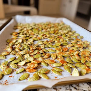 To make spicy roasted pumpkin seeds, you need a few key items. Here’s a simple list: - 1 cup raw pumpkin seeds (pepitas) - 2 tablespoons olive oil - 1 teaspoon chili powder - 1/2 teaspoon smoked paprika - 1/2 teaspoon cayenne pepper (adjust based on desired spice level) - 1/2 teaspoon garlic powder - 1/2 teaspoon salt - 1/4 teaspoon freshly ground black pepper - 1 tablespoon honey (optional, for a hint of sweetness) These ingredients bring flavor and crunch to your snack. The pumpkin seeds are the star. They are rich in nutrients and great for snacking. While the base recipe is fantastic, you can get creative with seasonings. Here are some ideas to make your seeds even better: - Nutritional yeast for a cheesy flavor - Ground cumin for an earthy twist - Dried herbs like rosemary or thyme for an aromatic touch - A splash of lime juice for brightness Feel free to mix and match! This is your chance to personalize your snack. If you don’t have some ingredients, don’t worry! Here are some substitutes: - Use sunflower seeds if you can't find pumpkin seeds. - Swap olive oil with coconut oil for a different flavor. - Instead of chili powder, try curry powder for a unique spice. - Agave syrup can replace honey for a vegan option. These alternatives can help you use what you have on hand. The key is to keep experimenting until you find your perfect spicy roasted pumpkin seeds. Don't forget to check out the Full Recipe for more details! Start by gathering your ingredients for spicy roasted pumpkin seeds. You will need: - 1 cup raw pumpkin seeds (pepitas) - 2 tablespoons olive oil - 1 teaspoon chili powder - 1/2 teaspoon smoked paprika - 1/2 teaspoon cayenne pepper (adjust based on desired spice level) - 1/2 teaspoon garlic powder - 1/2 teaspoon salt - 1/4 teaspoon freshly ground black pepper - 1 tablespoon honey (optional, for a hint of sweetness) If you have fresh pumpkin seeds, rinse them first. This step removes any pumpkin bits. Next, dry them well with a clean kitchen towel. Moist seeds won't roast evenly. Now, preheat your oven to 350°F (175°C). This temperature helps the seeds roast evenly. In a large bowl, mix your dried seeds with olive oil and spices. Make sure every seed gets coated. If you like a touch of sweetness, add honey here. Next, line a baking sheet with parchment paper. Spread the seasoned seeds in a single layer. Avoid crowding them, as this can lead to uneven roasting. Place the baking sheet in the oven. Roast the seeds for about 15-20 minutes. Stir or shake them every 5-7 minutes. This keeps them from burning and ensures they cook evenly. Watch them closely, as ovens can vary. When the seeds turn golden brown and smell toasty, they are done. Remove them from the oven and let them cool completely. They will become crunchier as they cool. Once cooled, transfer your spicy roasted pumpkin seeds to a serving bowl. They make a great snack on their own. You can also use them as a crunchy topping on salads or soups. Try serving them with a dipping sauce for extra fun. For a nice presentation, put the seeds in a rustic bowl. Add a sprig of parsley on top for color. Enjoy these flavorful bites with your friends or family! When choosing pumpkin seeds, look for raw seeds. They should be plump and shiny. Avoid any that are discolored or have dark spots. Fresh seeds taste the best. You can buy them in bulk at health food stores or online. Not everyone likes the same heat. Start with less cayenne pepper if you want a milder flavor. You can always add more spice later. If you love heat, double the cayenne for a kick. Taste the mix before roasting. This way, you can adjust it to your liking. Roasting can be tricky. Set your oven to 350°F (175°C). Stir the seeds every 5-7 minutes. This helps them cook evenly. Keep an eye on them! If they start to smell burnt, take them out right away. Cool them on the baking sheet to keep them crisp. For the full recipe, check out the recipe section above. {{image_4}} You can play with flavors when making spicy roasted pumpkin seeds. Try adding some lime zest or a touch of soy sauce for a tangy kick. You can even mix in some grated Parmesan for a cheesy twist. If you love heat, why not add a splash of hot sauce or a sprinkle of red pepper flakes? These options add depth and make your snack more exciting. Sweet and savory can go hand in hand. For a sweet treat, consider adding cinnamon and sugar instead of chili powder. You can also mix in a bit of maple syrup with your olive oil. This gives the seeds a nice caramelized flavor. On the savory side, you can use herbs like rosemary or thyme. These herbs can add a fresh twist to the roasted seeds. Mix and match your favorite spices and herbs to create something unique. Use cumin for a warm, earthy flavor or coriander for something bright. You can also try adding sesame seeds or nuts like almonds or pecans. This will give you a crunchy texture that contrasts well with the pumpkin seeds. The best part is that you can adjust the spice levels based on your taste. Just remember to start small and taste as you go. This way, you can find your perfect blend. For the full recipe, check the section above and get ready to enjoy a crunchy snack! To keep your spicy roasted pumpkin seeds fresh, store them in an airtight container. Glass jars work great for this. You can also use a resealable plastic bag. Make sure to remove as much air as possible to prevent moisture. Store the seeds in a cool, dark place, like your pantry. Avoid putting them in direct sunlight or near heat sources, as this can make them go stale quickly. When stored properly, spicy roasted pumpkin seeds can last for about two weeks. If you want to keep them longer, consider freezing them. In the freezer, they can last for up to three months. Just place them in a freezer-safe bag or container. Label the bag with the date so you can keep track of their freshness. If you decide to save some seeds, reheating is easy. Preheat your oven to 350°F (175°C). Spread the seeds on a baking sheet in a single layer. Heat them for about 5-10 minutes. Keep a close eye on them to avoid burning. This method brings back their crunch. You can also enjoy them cold straight from the container. Just remember, they taste best when fresh! You can use leftover pumpkin seeds in many ways. First, you can roast them for a tasty snack. Just season and bake them like in the full recipe. Second, sprinkle them on salads or soups for added crunch. You can also blend them into smoothies or make a seed butter. They add flavor and healthy fats to your meals. Yes, you can make spicy roasted pumpkin seeds in an air fryer! Preheat your air fryer to 350°F (175°C). Follow the same steps for seasoning the seeds. Place them in the air fryer basket in a single layer. Cook for about 10-15 minutes, shaking the basket halfway through. This method gives you a crunchy texture quickly! Yes, spicy roasted pumpkin seeds are healthy! They are high in protein, healthy fats, and fiber. Pumpkin seeds also contain vitamins and minerals like magnesium and zinc. The spices add flavor without extra calories. Just watch the oil and salt you use, and you’ll have a nutritious snack. Spicy roasted pumpkin seeds are easy to make and full of flavor. We explored the key ingredients, from essential spices to fun add-ins. I shared a simple roasting method and provided tips for perfect texture. You can get creative with flavors or stick to classics. Remember to store your seeds properly for lasting crunch. With these insights and tips, you can enjoy delicious snacks anytime. Now, it’s your turn to try roasting and savoring the results!