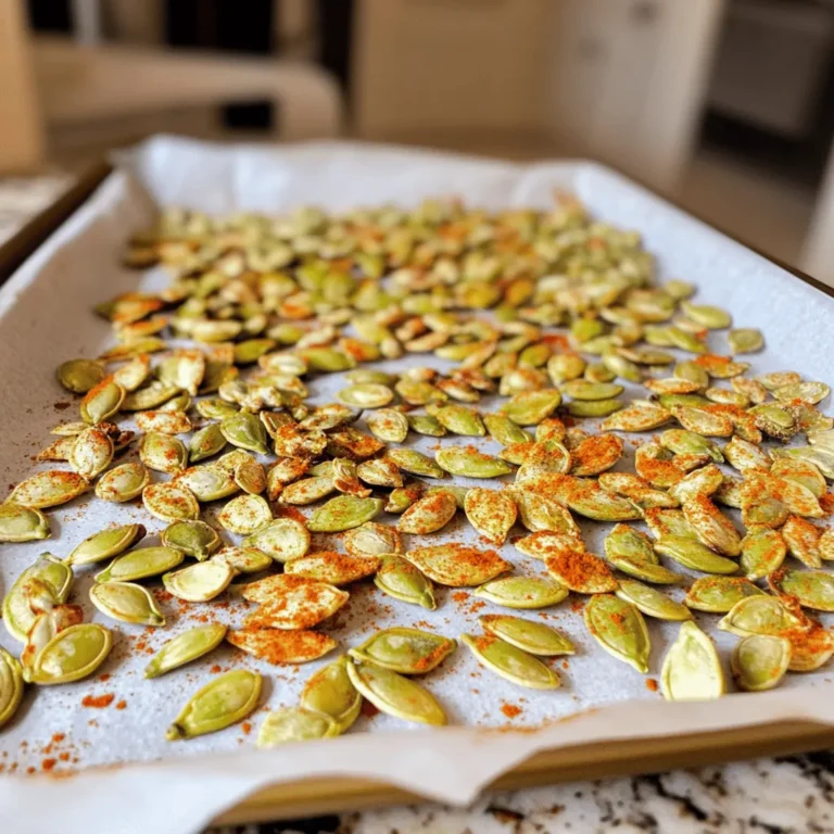 To make spicy roasted pumpkin seeds, you need a few key items. Here’s a simple list: - 1 cup raw pumpkin seeds (pepitas) - 2 tablespoons olive oil - 1 teaspoon chili powder - 1/2 teaspoon smoked paprika - 1/2 teaspoon cayenne pepper (adjust based on desired spice level) - 1/2 teaspoon garlic powder - 1/2 teaspoon salt - 1/4 teaspoon freshly ground black pepper - 1 tablespoon honey (optional, for a hint of sweetness) These ingredients bring flavor and crunch to your snack. The pumpkin seeds are the star. They are rich in nutrients and great for snacking. While the base recipe is fantastic, you can get creative with seasonings. Here are some ideas to make your seeds even better: - Nutritional yeast for a cheesy flavor - Ground cumin for an earthy twist - Dried herbs like rosemary or thyme for an aromatic touch - A splash of lime juice for brightness Feel free to mix and match! This is your chance to personalize your snack. If you don’t have some ingredients, don’t worry! Here are some substitutes: - Use sunflower seeds if you can't find pumpkin seeds. - Swap olive oil with coconut oil for a different flavor. - Instead of chili powder, try curry powder for a unique spice. - Agave syrup can replace honey for a vegan option. These alternatives can help you use what you have on hand. The key is to keep experimenting until you find your perfect spicy roasted pumpkin seeds. Don't forget to check out the Full Recipe for more details! Start by gathering your ingredients for spicy roasted pumpkin seeds. You will need: - 1 cup raw pumpkin seeds (pepitas) - 2 tablespoons olive oil - 1 teaspoon chili powder - 1/2 teaspoon smoked paprika - 1/2 teaspoon cayenne pepper (adjust based on desired spice level) - 1/2 teaspoon garlic powder - 1/2 teaspoon salt - 1/4 teaspoon freshly ground black pepper - 1 tablespoon honey (optional, for a hint of sweetness) If you have fresh pumpkin seeds, rinse them first. This step removes any pumpkin bits. Next, dry them well with a clean kitchen towel. Moist seeds won't roast evenly. Now, preheat your oven to 350°F (175°C). This temperature helps the seeds roast evenly. In a large bowl, mix your dried seeds with olive oil and spices. Make sure every seed gets coated. If you like a touch of sweetness, add honey here. Next, line a baking sheet with parchment paper. Spread the seasoned seeds in a single layer. Avoid crowding them, as this can lead to uneven roasting. Place the baking sheet in the oven. Roast the seeds for about 15-20 minutes. Stir or shake them every 5-7 minutes. This keeps them from burning and ensures they cook evenly. Watch them closely, as ovens can vary. When the seeds turn golden brown and smell toasty, they are done. Remove them from the oven and let them cool completely. They will become crunchier as they cool. Once cooled, transfer your spicy roasted pumpkin seeds to a serving bowl. They make a great snack on their own. You can also use them as a crunchy topping on salads or soups. Try serving them with a dipping sauce for extra fun. For a nice presentation, put the seeds in a rustic bowl. Add a sprig of parsley on top for color. Enjoy these flavorful bites with your friends or family! When choosing pumpkin seeds, look for raw seeds. They should be plump and shiny. Avoid any that are discolored or have dark spots. Fresh seeds taste the best. You can buy them in bulk at health food stores or online. Not everyone likes the same heat. Start with less cayenne pepper if you want a milder flavor. You can always add more spice later. If you love heat, double the cayenne for a kick. Taste the mix before roasting. This way, you can adjust it to your liking. Roasting can be tricky. Set your oven to 350°F (175°C). Stir the seeds every 5-7 minutes. This helps them cook evenly. Keep an eye on them! If they start to smell burnt, take them out right away. Cool them on the baking sheet to keep them crisp. For the full recipe, check out the recipe section above. {{image_4}} You can play with flavors when making spicy roasted pumpkin seeds. Try adding some lime zest or a touch of soy sauce for a tangy kick. You can even mix in some grated Parmesan for a cheesy twist. If you love heat, why not add a splash of hot sauce or a sprinkle of red pepper flakes? These options add depth and make your snack more exciting. Sweet and savory can go hand in hand. For a sweet treat, consider adding cinnamon and sugar instead of chili powder. You can also mix in a bit of maple syrup with your olive oil. This gives the seeds a nice caramelized flavor. On the savory side, you can use herbs like rosemary or thyme. These herbs can add a fresh twist to the roasted seeds. Mix and match your favorite spices and herbs to create something unique. Use cumin for a warm, earthy flavor or coriander for something bright. You can also try adding sesame seeds or nuts like almonds or pecans. This will give you a crunchy texture that contrasts well with the pumpkin seeds. The best part is that you can adjust the spice levels based on your taste. Just remember to start small and taste as you go. This way, you can find your perfect blend. For the full recipe, check the section above and get ready to enjoy a crunchy snack! To keep your spicy roasted pumpkin seeds fresh, store them in an airtight container. Glass jars work great for this. You can also use a resealable plastic bag. Make sure to remove as much air as possible to prevent moisture. Store the seeds in a cool, dark place, like your pantry. Avoid putting them in direct sunlight or near heat sources, as this can make them go stale quickly. When stored properly, spicy roasted pumpkin seeds can last for about two weeks. If you want to keep them longer, consider freezing them. In the freezer, they can last for up to three months. Just place them in a freezer-safe bag or container. Label the bag with the date so you can keep track of their freshness. If you decide to save some seeds, reheating is easy. Preheat your oven to 350°F (175°C). Spread the seeds on a baking sheet in a single layer. Heat them for about 5-10 minutes. Keep a close eye on them to avoid burning. This method brings back their crunch. You can also enjoy them cold straight from the container. Just remember, they taste best when fresh! You can use leftover pumpkin seeds in many ways. First, you can roast them for a tasty snack. Just season and bake them like in the full recipe. Second, sprinkle them on salads or soups for added crunch. You can also blend them into smoothies or make a seed butter. They add flavor and healthy fats to your meals. Yes, you can make spicy roasted pumpkin seeds in an air fryer! Preheat your air fryer to 350°F (175°C). Follow the same steps for seasoning the seeds. Place them in the air fryer basket in a single layer. Cook for about 10-15 minutes, shaking the basket halfway through. This method gives you a crunchy texture quickly! Yes, spicy roasted pumpkin seeds are healthy! They are high in protein, healthy fats, and fiber. Pumpkin seeds also contain vitamins and minerals like magnesium and zinc. The spices add flavor without extra calories. Just watch the oil and salt you use, and you’ll have a nutritious snack. Spicy roasted pumpkin seeds are easy to make and full of flavor. We explored the key ingredients, from essential spices to fun add-ins. I shared a simple roasting method and provided tips for perfect texture. You can get creative with flavors or stick to classics. Remember to store your seeds properly for lasting crunch. With these insights and tips, you can enjoy delicious snacks anytime. Now, it’s your turn to try roasting and savoring the results!