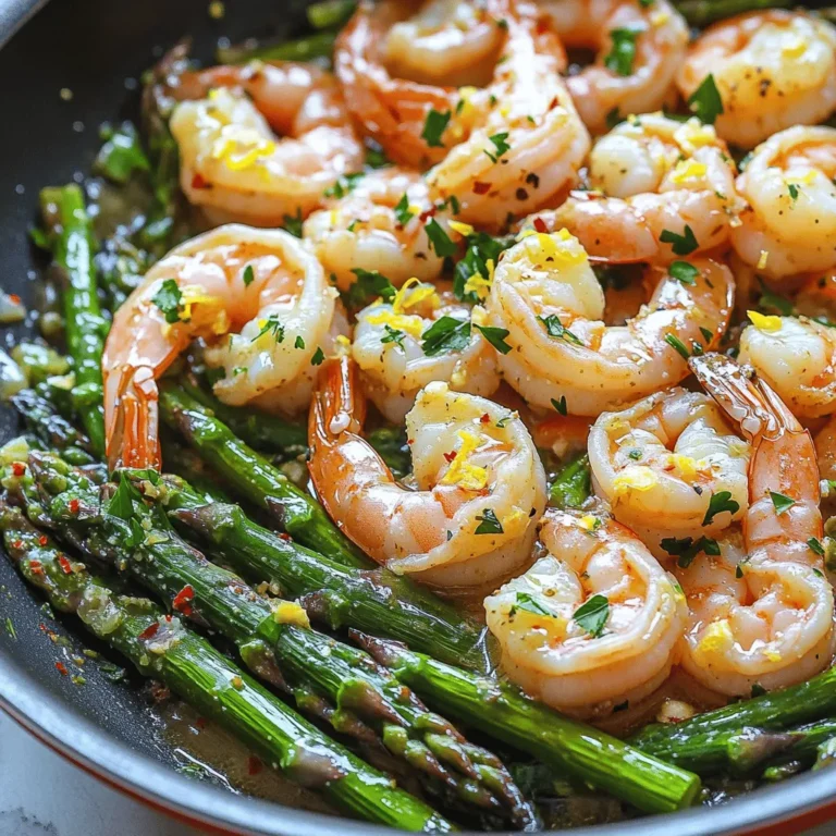 For this dish, you need fresh and simple ingredients: - 1 pound large shrimp, peeled and deveined - 1 bunch asparagus, trimmed and cut into 2-inch pieces - 4 tablespoons unsalted butter, divided - 4 cloves garlic, finely minced - 1 teaspoon red pepper flakes (optional, for a spicy kick) - Zest of 1 lemon - 2 tablespoons freshly squeezed lemon juice - Salt and freshly cracked black pepper, to taste - Fresh parsley, chopped (for garnish) These main ingredients work together to create a savory, buttery sauce that coats the shrimp and asparagus perfectly. The key to a great flavor boost lies in the seasonings. - Garlic is a must for that rich, aromatic taste. - Lemon zest and juice add brightness and a fresh kick. - Salt and pepper enhance the dish's overall flavor. - Red pepper flakes provide depth and spice, if you like heat. These seasonings elevate the dish, making each bite delightful. Feel free to make this recipe your own. Here are some optional ingredients to consider: - Cherry tomatoes for a sweet burst of flavor. - Bell peppers or snap peas for extra crunch and color. - Parmesan cheese to sprinkle on top for a rich finish. These additions allow you to customize the dish to suit your taste. For the full recipe, check out the details above. Start by heating your skillet on medium heat. Melt 2 tablespoons of butter in the skillet. Watch the butter closely as it melts. You want it to bubble but not burn. Once it starts bubbling, add the minced garlic. Sauté the garlic for about 1 minute. It should smell great and turn slightly golden. This step sets the stage for a rich flavor. Now, it’s time for the shrimp. Place the large, peeled shrimp in a single layer in the skillet. Season them well with salt and black pepper. If you like heat, sprinkle in some red pepper flakes. Cook the shrimp for 2-3 minutes. Turn them halfway through to ensure even cooking. They should turn pink and opaque, signaling they’re ready. With the shrimp nearly done, push them to one side of the skillet. On the empty side, add the asparagus pieces. Pour in the remaining 2 tablespoons of butter over the asparagus. This allows the spears to soak up that delicious garlic butter flavor. Stir the asparagus occasionally and cook for 4-5 minutes. You want them tender yet crisp, adding a nice bite to your dish. When the asparagus is ready, mix it together with the shrimp. Add the lemon zest and freshly squeezed lemon juice. This brightens the dish and enhances the flavor. Toss everything in the skillet for about one more minute. This helps combine all those tasty flavors into one mouthwatering dish. Once everything is cooked, remove the skillet from the heat. Garnish your dish with freshly chopped parsley for a pop of color. Serve it warm over fluffy rice or with crusty bread. This way, you can enjoy every bit of that rich garlic butter sauce. Adding a bright side salad makes this meal even better. To make shrimp tender, start with fresh or properly thawed shrimp. Avoid overcooking them. Cook shrimp for only 2-3 minutes. They should turn pink and firm. If they curl too tightly, they are overdone. Rinse shrimp under cold water before cooking. This keeps them fresh and helps them cook evenly. When picking asparagus, look for bright green stalks. Stalks should be firm, not limp. The tips should be tightly closed and not wilted. To check freshness, snap a stalk. If it breaks easily, it’s fresh. Store asparagus upright in water in the fridge. This keeps them crisp until you are ready to use them. You can change the garlic butter to fit your taste. For a spicy kick, add more red pepper flakes. If you love herbs, mix in fresh thyme or basil. You can also try adding a splash of soy sauce for depth. For a creamier sauce, stir in some heavy cream at the end. Adjust flavors by tasting as you go. This way, you create a dish you will love. For the full recipe, check the main article on Garlic Butter Shrimp and Asparagus Delight. {{image_4}} Want a kick? Add red pepper flakes to the garlic butter. Start with one teaspoon. You can add more if you like it hotter. When you cook the shrimp, it will soak up the heat. This gives each bite a nice, spicy lift. Love pasta? Serve the shrimp and asparagus over your favorite noodles. Cook spaghetti or fettuccine separately. Toss the pasta with the garlic butter sauce from the shrimp. This adds a rich flavor. It creates a complete meal that feels fancy. Mix in other veggies for more taste. Try bell peppers, cherry tomatoes, or snap peas. These add color and nutrition. Just add them to the skillet with the asparagus. Cook until they are bright and tender. This way, you get a bright and tasty dish every time. For the full recipe, check out the Garlic Butter Shrimp and Asparagus Delight 🧄! After enjoying Garlic Butter Shrimp and Asparagus, you might have some leftovers. To store them well, place the shrimp and asparagus in an airtight container. Make sure to cool the dish before sealing the container. This helps keep the food fresh and safe to eat later. Store it in the fridge, where it will last for up to three days. When you’re ready to eat your leftovers, reheating is simple. You can use a skillet or microwave. If using a skillet, place the dish over medium heat. Add a splash of water or broth to keep it moist. Heat for about five minutes, stirring often. If using the microwave, cover the dish and heat in short bursts. Check every 30 seconds until it’s warm. Be careful not to overheat, as it may make the shrimp tough. If you want to save your dish for longer, freezing is a good option. First, let the garlic butter shrimp and asparagus cool completely. Then, transfer them to a freezer-safe bag or container. Squeeze out as much air as possible to prevent freezer burn. This dish can stay in the freezer for up to three months. When you’re ready to eat it, thaw it in the fridge overnight. Reheat it as mentioned above for the best taste. I recommend using large shrimp, about 16-20 per pound. They cook well and have great flavor. You can use either wild-caught or farmed shrimp. Wild-caught often tastes better, but both work nicely. Yes, you can use frozen shrimp. Just make sure to thaw them first. Place them in cold water for about 15-20 minutes. Pat them dry before cooking to avoid excess water in the pan. Cooked shrimp turn a vibrant pink color. They also curl into a C shape. If they are gray or form an O shape, they are overcooked. Aim for 2-3 minutes of cooking time per side. You can serve this dish with rice, pasta, or crusty bread. A fresh salad also pairs well. The bright flavors of lemon and garlic shine next to something light and crisp. For the full recipe, check out the details above. You’ll find all the ingredients and instructions you need to make this delicious dish! This blog post covered easy, tasty garlic butter shrimp and asparagus. I shared the best ingredients, step-by-step instructions, and helpful tips. You learned how to achieve perfect shrimp and customize flavors. Remember, you can store extras and even make delicious variations. Enjoy your cooking adventure, and don't be afraid to try new ideas! This dish can impress anyone at your table. Now, get cooking and enjoy every bite!