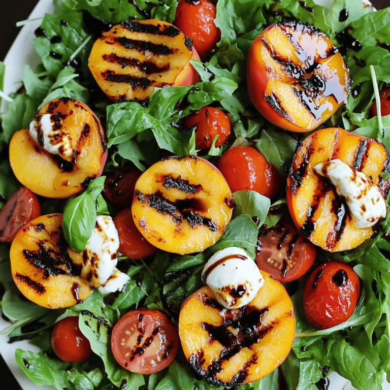 Creating a Grilled Peach Caprese Salad is simple and fun. Here’s what you need: - Ripe peaches - Fresh mozzarella - Mixed greens - Cherry tomatoes - Fresh basil leaves - Balsamic glaze - Extra virgin olive oil - Salt and black pepper Each ingredient plays a key role in this dish. Ripe peaches bring sweetness. Fresh mozzarella adds creaminess. Mixed greens provide a nice crunch. Cherry tomatoes add color and flavor. Fresh basil contributes a fragrant touch. The balsamic glaze adds a tangy finish. Extra virgin olive oil enhances the taste. Lastly, salt and pepper bring everything together. For the full recipe, check out the steps to make this tasty salad. Trust me, your taste buds will thank you! - Preheat the grill to medium-high heat. This helps create great grill marks. - Ensure your grill grates are clean and lightly oiled. This prevents sticking. - Start by cutting the peaches in half and removing the pit. - Brush the cut sides of the peach halves with olive oil. This adds flavor and helps them grill well. - Place the peach halves cut side down on the grill. Grill for about 3-4 minutes. You want those nice grill marks. - Once they soften slightly, remove them. Let them cool for a couple of minutes. - Grab a large serving platter. Create a bed of mixed greens in the center. - Place the grilled peach halves on top of the greens. Spread them out for a nice look. - Next, add slices of fresh mozzarella around the peaches. Then scatter halved cherry tomatoes. - Tear fresh basil leaves and sprinkle them over the salad. This adds a lovely aroma. - Finally, drizzle balsamic glaze over the salad. Add salt and black pepper to taste. - For the best flavor, serve the salad right away. You can chill it a bit if you prefer. For the complete recipe, check out the [Full Recipe]. To get perfect grill marks on your peaches, heat your grill to medium-high. Brush the cut sides of each peach half with olive oil. This helps prevent sticking and adds flavor. Look for ripe peaches that yield slightly when pressed. They should be fragrant and have a bright color. Presentation matters! Try arranging your salad in a spiral pattern. You can also layer the ingredients in single servings. This makes each plate look special. Pair your salad with a crisp white wine or a light red. Both will enhance the flavors of the dish. Want to mix things up? Try using different dressings like a lemon vinaigrette or honey mustard. Fresh herbs like mint or dill can add a twist. You could also sprinkle some chili flakes for a little heat. These simple changes will keep your salad exciting. For the full recipe, check here: [Full Recipe]. {{image_4}} You can change up your Grilled Peach Caprese Salad by swapping fruits. Try using ripe nectarines or plums instead of peaches. These fruits provide a sweet touch and work well on the grill. You can also use strawberries or even grilled pineapple for a fun twist. For cheese, fresh mozzarella is the classic choice. However, you can try burrata for a creamier texture. Feta cheese adds a salty punch, while goat cheese gives a tangy flavor. Each cheese brings its own flair to the dish. To make this salad vegan, skip the cheese and use a plant-based alternative. Cashew cheese or tofu can work well. Drizzle a vegan balsamic glaze for that sweet touch. If you need a gluten-free option, this salad is naturally gluten-free. Just make sure your balsamic glaze is gluten-free as well. Enjoy fresh ingredients without any worries. For the best flavor, pick peaches in late summer. They are sweet and juicy in this season. In spring, try using asparagus or snap peas for a fresh crunch. In winter, roasted root vegetables like beets can replace fresh greens. Add some nuts for extra texture and flavor. Adapt your salad to fit the season and enjoy a fresh taste year-round. For the complete recipe of Grilled Peach Caprese Salad, check the Full Recipe. To keep your Grilled Peach Caprese Salad fresh, store it properly. First, separate the components. This way, the flavors stay bright and fresh. - Peaches: Place grilled peaches in a sealed container. Store them in the fridge for up to three days. - Salad Greens: Keep mixed greens in a dry, airtight container. This keeps them crisp and fresh. - Cheese and Tomatoes: Store mozzarella and cherry tomatoes in separate containers. This helps prevent sogginess. - Balsamic Glaze: Keep the glaze in a small jar. It can last for weeks in the fridge. You might wonder if you should reheat grilled peaches. I recommend enjoying them cold. Their flavor shines best this way. But if you prefer warm peaches, here’s how to heat them: - Microwave: Place peaches on a microwave-safe plate. Heat for about 10-20 seconds. Check them often to avoid overheating. - Stovetop: Heat a non-stick pan over low heat. Add a dash of olive oil and warm the peaches for a minute. For other salad ingredients, like mozzarella and tomatoes, it’s best to enjoy them cold too. Mixing warm and cold can lead to a fun flavor contrast in your dish. To make this dish, follow these simple steps: 1. Preheat your grill to medium-high heat. 2. Brush cut sides of halved peaches with olive oil. 3. Grill peach halves cut side down for 3-4 minutes. 4. On a platter, spread mixed greens for a base. 5. Place grilled peaches on top of the greens. 6. Add mozzarella slices and halved cherry tomatoes around the peaches. 7. Scatter torn basil leaves over the salad. 8. Drizzle balsamic glaze on top, then season with salt and pepper. 9. Serve right away or chill slightly before serving. Fresh mozzarella is the classic choice for Caprese salad. Its creamy texture balances the sweetness of grilled peaches. You can also try burrata for extra creaminess. Feta adds a tangy twist, while goat cheese can give a bold flavor. Choose based on your taste preferences to enhance your salad. You can prep parts of the salad ahead of time. Grill the peaches and store them in the fridge. Wash and dry the greens and tomatoes, keeping them fresh. Assemble everything just before serving to maintain flavor and texture. This way, your salad stays fresh and tasty. Check the [Full Recipe] for more details. This blog shared how to make a Grilled Peach Caprese Salad. You learned about choosing ripe peaches, grilling them, and assembling the salad. Tips on serving and variations helped you create your own version. Remember to store leftovers properly to keep them fresh. With these insights, you can enjoy a delicious, refreshing salad anytime. Trust that your skills will shine. Enjoy experimenting with flavors and ingredients to make it uniquely yours. Your summer gatherings will never be the same!