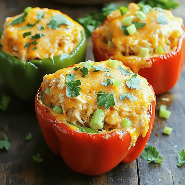 To make Buffalo Chicken Stuffed Peppers, you need a few key ingredients. Here’s what you will need: - 4 large bell peppers (pick your favorite color) - 2 cups cooked chicken, shredded (rotisserie chicken is perfect) - 1/2 cup buffalo sauce (adjust to your spice level) - 1/2 cup cream cheese, softened - 1 cup shredded cheddar cheese (divided) - 1/2 cup celery, finely chopped - 1/4 cup green onions, sliced (plus more for garnish) - Salt and pepper to taste For a fun twist, you can add optional ingredients like fresh parsley for a burst of color. This recipe is simple and allows for easy customization based on what you have. You can mix in extra veggies or spices if you like. The combination of flavors in these stuffed peppers makes them a hit for any meal. 1. Prepping the peppers Start by preheating your oven to 375°F (190°C). Take 4 large bell peppers and cut off the tops. Use your hands or a spoon to remove the seeds and membranes. Set the hollowed peppers aside. 2. Mixing the filling In a large mixing bowl, combine 2 cups of shredded chicken, 1/2 cup of buffalo sauce, and 1/2 cup of softened cream cheese. Then, add 1 cup of shredded cheddar cheese (reserve half for later), 1/2 cup of finely chopped celery, and 1/4 cup of sliced green onions. Mix everything well. Taste the filling and add salt and pepper to your liking. 3. Stuffing the peppers Spoon the buffalo chicken mixture into each hollowed pepper. Make sure to pack the filling well. Place the stuffed peppers upright in a baking dish. 1. Initial baking covered Cover the dish with aluminum foil. This keeps the peppers moist while baking. Bake in the preheated oven for 25 minutes. 2. Final baking uncovered for cheese After 25 minutes, remove the foil. Sprinkle the remaining 1/2 cup of shredded cheddar cheese on top of each pepper. Return the dish to the oven. Bake for another 10-15 minutes, until the cheese is bubbling and lightly golden. 1. How to garnish After baking, let the peppers cool for a few minutes. If you want, garnish with fresh parsley and extra sliced green onions for a pop of color. 2. Pairing ideas with sides or sauces These stuffed peppers pair well with a side salad or some crunchy veggies. You can also serve them with extra buffalo sauce or ranch dressing for dipping. Enjoy your tasty meal! Keeping peppers firm To keep your peppers firm, don't overcook them. Bake them just enough so they soften but still hold shape. You can also blanch them in boiling water for a few minutes before stuffing. This process helps them stay crisp while cooking. Flavor enhancement methods For more flavor, mix in some spices or herbs to the filling. A bit of garlic powder or paprika adds depth. You can also try adding a splash of lemon juice for brightness. Don't be afraid to taste your filling as you go. Adjust the buffalo sauce for heat based on your liking. Best practices for storing leftovers Store any leftovers in an airtight container. They will stay fresh in the fridge for up to three days. If you want to keep them longer, freeze the stuffed peppers. Just wrap them tightly in plastic wrap and then in foil. How to reheat for best results To reheat, use the oven for the best texture. Preheat it to 350°F (175°C). Place the stuffed peppers in a baking dish and cover with foil. Bake for about 20 minutes or until heated through. If you want to refresh the cheese, remove the foil for the last few minutes. This keeps the cheese melty and delicious. {{image_4}} For those following a keto diet, you can make a few simple swaps. Use cauliflower rice instead of chicken for a low-carb option. You can also replace cream cheese with a full-fat cream cheese alternative. This makes the dish creamy and delicious while keeping it keto-friendly. If you want a vegetarian alternative, use shredded jackfruit. It mimics the texture of pulled chicken. Mix it with the buffalo sauce and cream cheese. You can add black beans for extra protein. This gives you a hearty and satisfying dish that's still packed with flavor. Try different sauces to change up the taste. Instead of buffalo sauce, use barbecue sauce for a sweet twist. You can also mix in honey mustard for a tangy kick. Each sauce gives the stuffed peppers a new feel. Cheese options can also enhance the dish. Swap cheddar for pepper jack for extra spice. You can also use mozzarella for a gooey texture. Mixing different cheeses can make each bite exciting. For the full recipe, check out the detailed steps and ingredients listed earlier. Each serving of buffalo chicken stuffed peppers has about 400 calories. - Protein: 30 grams - Fat: 20 grams - Carbohydrates: 25 grams This meal packs a good protein punch thanks to the chicken. It also offers healthy fats from the cream cheese and cheese. The carbs mainly come from the bell peppers. Bell peppers are low in calories and high in vitamins. They are rich in vitamin C, which boosts your immune system. They also have fiber, which helps digestion. Chicken provides lean protein, essential for muscle growth and repair. It also contains B vitamins that help your body turn food into energy. Using these ingredients in your diet can support overall health. For more details on how to make this dish, check the Full Recipe. Can I use frozen chicken? Yes, you can use frozen chicken. Just make sure to cook it first. Shred the chicken after cooking. This works well if you want a quick meal. How to know when the peppers are done? Peppers are done when they are tender but not mushy. The cheese should be melted and lightly golden. You can poke them with a fork to check for softness. Can I make these ahead of time? You can make these stuffed peppers ahead of time. Prepare the filling and stuff the peppers. Then, store them in the fridge. Bake them when you are ready to eat. What to do if peppers are too firm? If the peppers are too firm, try adding more baking time. Cover them with foil for part of the cooking. This helps them soften without burning. Suitable substitutes for buffalo sauce? You can use BBQ sauce or hot sauce as a substitute. If you prefer a milder flavor, try ranch dressing or a mix of mayo and hot sauce. This article covered a delicious stuffed pepper recipe. You learned about the main ingredients, how to prepare the dish, and tips for baking. We also explored storage options, variations for diets, and nutritional benefits. Remember, cooking is about creativity and fun. Don’t hesitate to try your twists on the recipe. With practice, you’ll master this dish and impress everyone at the table. Enjoy making and sharing your stuffed peppers!