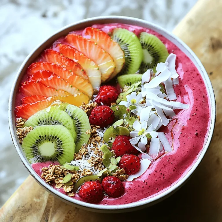 - 1 cup frozen mixed berries (e.g., strawberries, blueberries, raspberries) - 1 ripe banana, peeled and sliced - 1/2 cup unsweetened almond milk (or preferred milk alternative) - 1 tablespoon chia seeds - Honey or maple syrup (to adjust sweetness) - Sliced fresh fruits (kiwi, strawberries) - Granola - Shredded coconut - Edible flowers for garnish For this berry smoothie bowl, I love using these main ingredients. The frozen mixed berries give a great flavor and color. The banana adds natural sweetness and creaminess. The almond milk brings it all together. If you want to boost nutrition, I suggest adding chia seeds. They are small but packed with nutrients. You can also add honey or maple syrup to sweeten your bowl. I often skip this step, as the fruits are sweet enough for me. Toppings are where you can really get creative. Fresh sliced fruits like kiwi or strawberries make it pop. Granola adds a nice crunch, while shredded coconut gives a fun texture. For a fancy touch, edible flowers look beautiful on top. Using this [Full Recipe], you can easily whip up a berry smoothie bowl that is both tasty and healthy. - Step 1: Combine ingredients in a blender. Add 1 cup of frozen mixed berries, 1 ripe banana, 1/2 cup of almond milk, and 1 tablespoon of chia seeds. This mix brings great taste and nutrition. - Step 2: Blend until smooth and creamy. Start on a low speed and then increase to high. Stop occasionally to scrape the sides. You want a thick, creamy blend. - Step 3: Adjust thickness with almond milk if needed. If it's too thick, add more almond milk slowly. Blend again until you reach your perfect texture. - Step 4: Pour smoothie into a bowl. Use a spoon to spread it evenly across the base. This makes a nice canvas for your toppings. - Step 5: Arrange toppings artistically. Layer your sliced fruits, sprinkle granola, and add shredded coconut. Be creative! Place a few edible flowers for a pop of color. - Step 6: Drizzle with honey or syrup if desired. This adds a lovely touch of sweetness. Enjoy every spoonful of your berry bliss smoothie bowl, a treat that's both refreshing and nutritious. For the full recipe, check out the Berry Bliss Smoothie Bowl. To make your smoothie bowl creamy, blend the ingredients well. Start with frozen mixed berries. They give a nice thick base. Add your ripe banana for extra creaminess. Blend on high speed. Stop to scrape down the sides with a spatula as needed. If the mix is too thick, slowly add almond milk. This helps you find your perfect texture. How you present your smoothie bowl matters. Use a wide, shallow bowl for a lovely look. Pour in your smoothie and spread it evenly. Get creative with toppings! You can layer sliced fruits in a fun pattern. Add granola for a nice crunch, and sprinkle shredded coconut on top. Edible flowers can make it pop. You can also serve it in a glass for a different vibe. Berries are packed with vitamins and antioxidants. They help keep your heart healthy and improve your skin. Chia seeds are tiny but mighty! They add fiber and omega-3 fatty acids. This helps with digestion and keeps you full. Both ingredients make your smoothie bowl tasty and good for you. Check out the Full Recipe for more delicious details. {{image_4}} You can switch up the berries for a fun twist. Try adding pineapple and mango for a tropical vibe. This mix adds sweetness and a bright flavor. You can also include spinach or kale. These greens boost the nutrition and keep the color vibrant. If you want a creamier texture, substitute almond milk with coconut milk. This adds a rich flavor and silkiness. Another great option is oat milk. It gives a smooth feel and works well with fruity flavors. For an extra layer of taste, add a splash of vanilla extract. This small change can make your bowl feel gourmet. You can also enhance it with nut butter. Almond or peanut butter gives a nutty taste and adds protein. Feel free to explore these variations to make your berry smoothie bowl your own. For the complete recipe, check out the full recipe. After enjoying your berry smoothie bowl, you might have leftovers. Store them in an airtight container in the fridge. Make sure to cover the bowl well. This keeps the smoothie fresh for up to 24 hours. To prevent browning, squeeze a little lemon juice on top. The acid helps keep the colors bright. You can freeze smoothie bowls for longer storage. Pour your extra smoothie into ice cube trays. Once frozen, transfer the cubes to a freezer bag. When you want to enjoy it again, just take out a few cubes. Let them thaw in the fridge overnight or blend them with a splash of milk for a quick treat. Preparing your smoothie ingredients ahead saves time. You can make smoothie packs by placing all the fruit in bags. Just add almond milk and blend when you’re ready. For batch-making, mix your berries and banana in a large bowl. Divide into smaller containers for easy access. This way, you can enjoy your berry bliss smoothie bowl anytime! For the full recipe, check out the Berry Bliss Smoothie Bowl section. To thicken your smoothie bowl, use frozen fruits. Frozen berries or bananas work best. You can also add less liquid. If you want more creaminess, add a scoop of Greek yogurt. Another trick is to use a small amount of oats or chia seeds. They absorb liquid and add thickness. Yes, you can use fresh fruits, but the texture changes. Fresh fruits make the smoothie thinner. Frozen fruits give a nice, thick texture. Plus, frozen fruits are often picked at peak ripeness. This means they can be sweeter and more flavorful. If you use fresh fruits, add ice to help thicken. For protein-rich toppings, try Greek yogurt or nut butter. You can also sprinkle on hemp seeds or chia seeds. Other great options include sliced almonds or granola with protein. These toppings not only add protein but also give extra flavor and crunch. To make your smoothie bowl vegan, swap dairy milk for almond milk or coconut milk. Use maple syrup instead of honey for sweetness. You can also add silken tofu for extra creaminess and protein. These swaps keep your smoothie bowl delicious and plant-based. Cleaning your blender is simple! Fill it halfway with warm water. Add a drop of dish soap. Blend for 30 seconds, then rinse. If there are tough spots, use a sponge to scrub them. Always unplug it before cleaning for safety. Regular cleaning keeps your blender fresh for every use. By blending frozen berries, banana, and almond milk, you craft a delicious smoothie bowl. Optional chia seeds add health benefits, while a mix of fresh toppings makes it visually appealing. Remember to adjust your blend for perfect creaminess and arrange your toppings artfully. In the end, a smoothie bowl offers both flavor and nutrition. Whether you add unique fruits or non-dairy milk, there are endless ways to make it your own. Enjoy the process and your tasty creation!