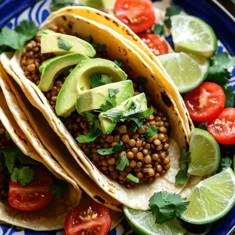For these easy vegan lentil tacos, you need simple and wholesome ingredients. Here’s what you will need: - 1 cup dried green or brown lentils, thoroughly rinsed - 3 cups vegetable broth - 1 tablespoon extra virgin olive oil - 1 small onion, finely chopped - 2 cloves garlic, minced - 8 soft corn or flour tortillas These ingredients form the base of your tacos, providing a hearty texture and rich flavor. Spices make your tacos pop! Here are the spices you will use: - 1 teaspoon ground cumin - 1 teaspoon smoked paprika - ½ teaspoon chili powder - Sea salt and freshly cracked black pepper, to taste These spices blend perfectly with lentils. They bring warmth and depth to your meal. Toppings add freshness and color to your tacos. Here are some delicious options: - 1 ripe avocado, sliced into wedges - 1 cup cherry tomatoes, halved - Fresh cilantro leaves, for garnish - Lime wedges, for a bright finish Feel free to mix and match your toppings. They can elevate your tacos to a new level. For the full recipe, check the details above. Enjoy your cooking! To start, rinse 1 cup of dried lentils. This step removes any dirt. Next, pour the rinsed lentils into a medium saucepan. Add 3 cups of vegetable broth. Bring this mix to a boil on high heat. Once it boils, lower the heat to a simmer. Let the lentils cook for about 25 to 30 minutes. They should be tender but still hold their shape. If there’s extra liquid, drain it carefully. While your lentils cook, heat 1 tablespoon of olive oil in a large skillet. Set the heat to medium. Add 1 small chopped onion. Cook it for about 5 minutes. Stir often until the onion is soft and clear. Then, add 2 minced garlic cloves, 1 teaspoon ground cumin, 1 teaspoon smoked paprika, and ½ teaspoon chili powder. Season with salt and pepper to taste. Sauté this mixture for 2 more minutes. This helps the spices release their wonderful aromas. Once your lentils are ready, mix them into the skillet with the onion and spices. Stir everything well to coat the lentils. Heat this mix for another 2 to 3 minutes so it warms through. While this heats, warm 8 tortillas in a dry skillet for about 30 seconds on each side. You can also use a damp paper towel and microwave them for 15 seconds. To assemble, take a warm tortilla and add a scoop of lentils in the center. Top with avocado slices, halved cherry tomatoes, and fresh cilantro. Serve with lime wedges for a zesty kick. For the full recipe, check the complete guide. To make the best lentils, start with dried ones. Rinse them well before cooking. Use vegetable broth instead of water for more flavor. Cook them until they are tender but not mushy. This usually takes about 25 to 30 minutes. Check them often. If you overcook, they will turn soft. You want them to hold their shape for a great taco texture. The spices I use help bring out the lentils' natural taste. I like ground cumin, smoked paprika, and chili powder. You can add more spices if you want. Try crushed red pepper for heat or coriander for a fresh twist. Experiment with spices to find your favorite mix. Just remember, start with a little and taste as you go. Lentil tacos are fun to serve! Warm tortillas create a nice base. Add your cooked lentil mix and top with fresh ingredients. I love avocado, cherry tomatoes, and cilantro. You can also try lime juice for brightness. Serve with a colorful platter for a nice touch. This meal is perfect for family or friends. Enjoy your tasty and healthy creation! For the full recipe, check the section above. {{image_4}} You can swap lentils for other proteins. Black beans, chickpeas, or quinoa work great. Each option brings a different texture and flavor. If you want a meaty bite, try using jackfruit. It shreds well and soaks up spices. You can also try tempeh for a nutty taste. Adjust the cooking time based on what you choose. If you need gluten-free tortillas, corn tortillas are a perfect choice. They are soft and tasty. You can find them in most stores. Another option is to use lettuce wraps. They add crunch and freshness. Just make sure to pick large leaves for holding the filling. Toppings can make your tacos shine. Try adding roasted corn for sweetness. Grated carrots give a nice crunch and color. Pickled red onions add a zesty kick. You might also like a dollop of dairy-free yogurt for creaminess. Fresh herbs like cilantro or parsley brighten up the dish. Check out the Full Recipe for more ideas! Store leftover lentil filling in an airtight container. Let it cool first. Keep it in the fridge for up to four days. This way, you can enjoy it later. When you’re ready to eat, just reheat it. To reheat the lentil filling, use a skillet over low heat. Stir it gently as it warms up. You can also microwave it in short bursts. Add a splash of water if it seems dry. This keeps the flavors fresh and tasty. To freeze the tacos, wrap each taco tightly in plastic wrap. Place them in a freezer-safe bag. Try to remove as much air as possible. They can last up to three months in the freezer. When you’re ready to eat, thaw them overnight in the fridge, then reheat. Enjoy the same great taste later! For the full recipe, check out the details above. Yes, you can use canned lentils. Canned lentils save time. They are already cooked, so you can skip the boiling step. Rinse them first to remove sodium. After that, just sauté them with onions and spices. This makes the recipe even quicker and still tasty. To spice up your tacos, add more chili powder. You can also include diced jalapeños or hot sauce. Try adding a pinch of cayenne pepper for an extra kick. Taste as you go, and adjust to your heat level. Spicy tacos can bring a new level of flavor! These tacos pair well with many sides. Consider serving them with rice or quinoa. A fresh salad with lime dressing works great too. You can also add guacamole or salsa for extra flavor. These options enhance your meal and add variety. Check out the Full Recipe for more ideas! To wrap it up, Easy Vegan Lentil Tacos shine with simple ingredients and tasty spices. You learned how to cook lentils, sauté veggies, and assemble tacos. Use my tips to make your lentils smooth and flavorful. Enjoy fun variations and store leftovers well. These tacos can fit any diet. Dive in and try this great recipe soon!