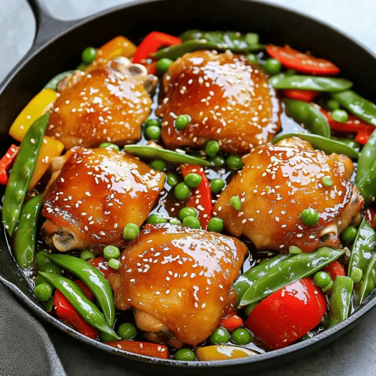 - 4 boneless, skinless chicken thighs - 3 tablespoons honey - 3 tablespoons soy sauce - 4 cloves garlic, finely minced - 1 tablespoon fresh ginger, grated - 2 tablespoons olive oil - 1 teaspoon sesame oil - 1 large red bell pepper, cored and sliced - 1 large green bell pepper, cored and sliced - 1 cup snap peas, trimmed - Salt and freshly cracked black pepper to taste - Sesame seeds for garnish - Chopped green onions for garnish The right ingredients make all the difference. I love using boneless, skinless chicken thighs for this dish. They stay juicy and tender. Honey adds a sweet touch, while soy sauce gives it depth. Minced garlic and grated ginger provide a punch of flavor. When choosing vegetables, red and green bell peppers work great. They add color and crunch. Snap peas bring a nice sweetness, too. Don't forget the salt and pepper to enhance all these flavors. For a finishing touch, sprinkle sesame seeds and green onions. They give it a nice look and extra taste! This list is key to making the One Pan Honey Garlic Chicken come alive. You can find the Full Recipe in the cooking section to guide you through the steps. - Ingredients for marinade - 3 tablespoons honey - 3 tablespoons soy sauce - 4 cloves garlic, finely minced - 1 tablespoon fresh ginger, grated In a bowl, whisk honey, soy sauce, garlic, and ginger together. You want a smooth mix. Add your chicken thighs, ensuring they get fully coated. Cover the bowl and let it sit in the fridge for at least 20 minutes. This step is key for flavor! - Oil combinations and tips - 2 tablespoons olive oil - 1 teaspoon sesame oil Choose a large skillet or frying pan. Heat together olive oil and sesame oil over medium-high heat. This mix gives a rich base to your dish. A good pan helps the chicken cook evenly and get that nice crust. Remove the chicken from the marinade, but don’t throw the marinade away. Once the oil is hot, add the chicken to the pan. Sear each side for about 5-6 minutes. Watch for a golden-brown crust. This is where the flavor builds! For a pop of color and taste, add sliced red and green bell peppers along with snap peas. Sauté them for 3-4 minutes. Stir occasionally. You want the veggies to stay bright and tender-crisp. Now, pour the reserved marinade over the chicken and veggies. Lower the heat to medium and let it simmer for about 5 minutes. This helps thicken the sauce and blend the flavors. Stir gently to coat everything. To be safe, check the chicken’s internal temperature. It should reach 165°F (74°C). Taste the dish, and add salt and freshly cracked black pepper as needed. Adjust to your liking. Once done, remove the pan from the heat. Let the dish rest for a couple of minutes. Before serving, sprinkle sesame seeds and chopped green onions on top. This adds a nice touch and extra flavor. Enjoy your One Pan Honey Garlic Chicken! For the full recipe, check the link. To make your one pan honey garlic chicken shine, you must balance sweetness and saltiness. The honey provides a rich sweetness, while soy sauce adds a savory touch. Try to taste the sauce as you go. Adjust the honey or soy sauce to fit your taste. Adding a bit more honey can make it sweeter if you love that flavor. On the other hand, a splash of soy sauce can deepen the savory notes. Fresh ingredients play a huge role, too. Always use fresh garlic and ginger for the best taste. They provide a bright and vibrant flavor that dried versions can't match. The bell peppers should be crisp and colorful, adding not just taste but also visual appeal. Pick vegetables that look fresh, and they will enhance your dish. Time-saving techniques can make cooking fun and quick. Prepare all your ingredients before you start cooking. Chop the garlic, ginger, and vegetables ahead of time. This way, you can focus on cooking without delays. One-pan cooking is great for easy clean-up. You only need one skillet. This means less washing up after dinner. Plus, as the chicken cooks, the flavors from the meat infuse into the vegetables. This creates a delicious harmony in your dish, making every bite enjoyable. One common mistake is not marinating the chicken long enough. I recommend a minimum of 20 minutes. If you can, try to marinate for a few hours or overnight. This allows the chicken to soak up all the wonderful flavors. Another mistake is overcooking the chicken or vegetables. Chicken should reach 165°F for safety. Use a meat thermometer to check. Vegetables should stay bright and tender-crisp. Keep an eye on them while cooking. This way, you'll enjoy a juicy chicken and vibrant veggies in your meal. For the full recipe, check the One Pan Honey Garlic Chicken section above. Enjoy cooking! {{image_4}} You can easily swap chicken thighs for other proteins. Try using chicken breasts or pork chops. If you prefer beef, flank steak works well. Adjust cooking times to ensure these proteins reach safe temperatures. For chicken breasts, cook for about 6-7 minutes per side. Pork chops will need about 5-6 minutes each side. For flank steak, sear for 3-4 minutes per side, then let it rest before slicing. If you want a vegetarian dish, tofu or tempeh are great choices. Use firm tofu for the best texture. Cut it into cubes and marinate just like the chicken. Cook it for about 5-6 minutes until golden. Tempeh also works well and adds a nutty flavor. Slice it thin and sauté for the same time. You may want to add a bit more garlic and ginger to boost the flavor. Feel free to play with the sauce! Instead of honey, you can use maple syrup or agave nectar for a different sweetness. Add sriracha or chili paste for a spicy kick. Mix in a tablespoon or two, depending on how hot you want it. You can even blend in some orange juice for a citrus twist. Just make sure to adjust the sweetness to balance the heat. To store your leftover One Pan Honey Garlic Chicken, use airtight containers. Glass or plastic containers work well. Always let the dish cool before sealing. This helps keep the flavors fresh. Try to store it in small portions. This way, you can grab just what you need. When reheating, use the stove for the best flavor. Place the chicken in a skillet over low heat. Add a splash of water or broth to keep it moist. Cover the skillet to trap steam. This helps maintain the chicken’s texture. You can also microwave it, but be careful. Heat it in short bursts, so it doesn't dry out. To freeze, let the chicken cool completely first. Portion it into freezer-safe bags or containers. Remove as much air as possible to prevent freezer burn. Label the bags with the date. For thawing, move the chicken to the fridge overnight. This keeps it safe and tasty. If you’re in a hurry, you can use the microwave. Just make sure to cook it thoroughly after thawing. I recommend marinating the chicken for at least 20 minutes. This time allows the flavors to seep in well. If you have more time, you can marinate it for up to 4 hours. Just keep it in the fridge. Longer marinating makes the chicken taste even better! Yes, you can use frozen chicken. Just make sure to fully thaw it first. The best way is to leave it in the fridge overnight. If you need it fast, you can use the microwave. After thawing, marinate it as usual. This step helps lock in the flavor. Honey garlic chicken pairs great with rice or quinoa. You can also serve it with steamed vegetables. A fresh salad is another yummy option. These sides balance the sweet and savory flavors. They also add color to your plate! This recipe is not gluten-free because of soy sauce. However, you can use gluten-free soy sauce instead. Look for tamari or coconut aminos. Both options taste great and keep the dish safe for those with gluten sensitivity. You can make this dish ahead of time! Cook it fully, then let it cool. Store it in an airtight container in the fridge. It will stay fresh for up to 3 days. When ready to eat, just reheat it gently on the stove or in the microwave. This blog post covered how to make a delicious honey garlic chicken dish. We went through ingredients, step-by-step cooking instructions, and handy tips. Remember, marinating the chicken and using fresh veggies make a big difference in taste. Don’t forget to try different proteins or sauces to switch things up. Storing and reheating leftovers properly helps keep your meal tasty. With these insights, you can easily create a flavorful dish that impresses. Enjoy cooking and make it your own!