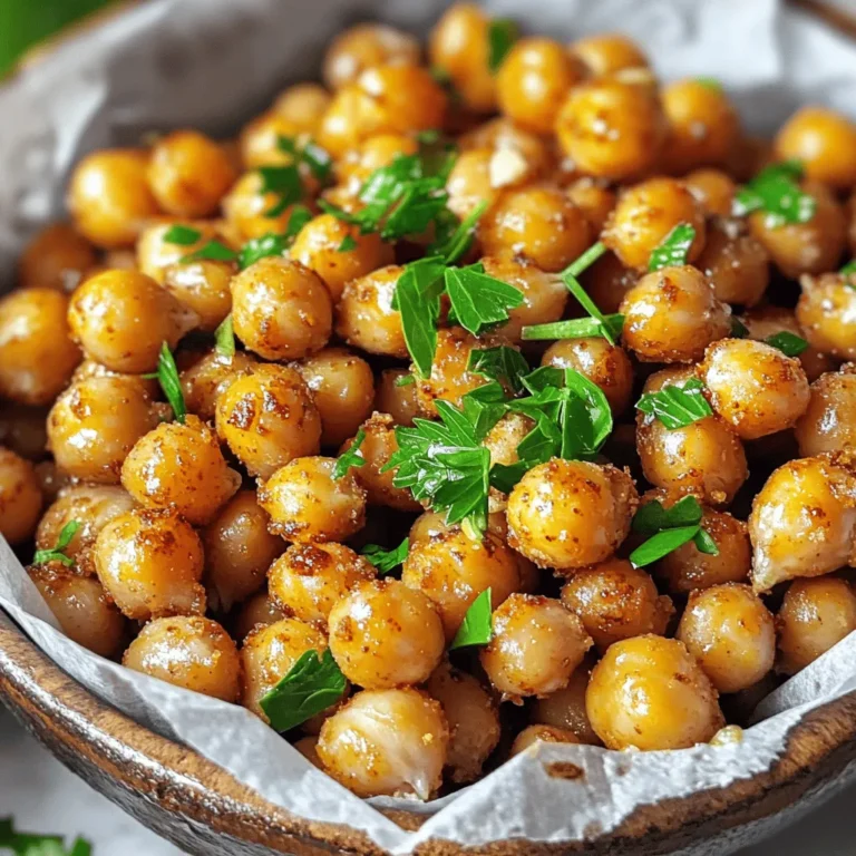 - 1 can (15 oz) chickpeas, thoroughly drained and rinsed - 1 tablespoon extra virgin olive oil - 1 teaspoon smoked paprika - 1/2 teaspoon garlic powder - 1/2 teaspoon onion powder - 1/2 teaspoon ground cumin - 1/4 teaspoon cayenne pepper (adjust for spice preference) - Sea salt, to taste - Fresh parsley, finely chopped (for garnish) I love using simple ingredients to create a tasty snack. Chickpeas are my favorite base. They pack protein and fiber, making them a smart choice. First, grab a can of chickpeas. Drain it well and rinse under cold water. This step removes excess salt and makes them cleaner. Pat them dry with paper towels. The drier they are, the crunchier they will be! Next, you'll need some olive oil. It adds flavor and helps the spices stick. Measure out one tablespoon and toss it with the chickpeas. Now let's talk spices! I use smoked paprika for a warm, smoky flavor. Garlic powder and onion powder give it a savory kick. Ground cumin adds depth, while cayenne pepper brings a subtle heat. Adjust the cayenne based on your taste. Finally, add sea salt to enhance all the flavors. You can also garnish with fresh parsley. It adds a nice color and freshness to the dish. For the full recipe, check out the details above. You'll love how easy it is to whip up these crispy air fryer chickpeas! - Preheat air fryer to 400°F (200°C) for roughly 5 minutes. - Drain and rinse chickpeas, then pat dry. Getting the air fryer hot is key. This step helps the chickpeas crisp up well. After preheating, drain a can of chickpeas. Rinse them under cold water to wash off the canned taste. Next, pat them dry with paper towels. This step is vital for achieving that perfect crunch. If you want, you can remove any loose skins for extra crispiness. - Combine chickpeas with olive oil and spices in a bowl. - Spread chickpeas in a single layer in the air fryer basket. Now it’s time to season! In a medium bowl, mix the chickpeas with olive oil and your favorite spices. For this recipe, I use smoked paprika, garlic powder, onion powder, ground cumin, and cayenne pepper. Stir until each chickpea is well-coated. Then, spread the seasoned chickpeas in a single layer in the air fryer basket. Make sure they aren’t crowded. This allows hot air to circulate, ensuring even cooking. - Air fry for 15 to 18 minutes, shaking the basket halfway through. - Allow cooling for a few minutes before serving. Set the timer for 15 to 18 minutes. Halfway through, shake the basket to help the chickpeas cook evenly. Look for a golden brown color and a nice crunch. Once done, remove the chickpeas from the air fryer. Let them cool for a few minutes. This cooling time helps them get even crunchier. Now they’re ready to enjoy! You can use them as a snack or a crunchy topping for salads. Don't forget to check the full recipe for detailed steps! To make your chickpeas super crunchy, pat them dry well after rinsing. This step helps remove any excess moisture. When you place them in the air fryer, shake the basket halfway through cooking. This move ensures even cooking on all sides. Feel free to get creative with your spices! You can try different herbs like rosemary or even curry powder for a fun twist. If you want a cheesy flavor, add a sprinkle of cheese right before serving. For a charming look, serve your crispy chickpeas in small bowls lined with parchment paper. If you like to show off their crunchiness, use clear glass containers. Both options make your snack look appealing and ready to enjoy. {{image_4}} I love to play with flavors when making crispy air fryer chickpeas. Here are two tasty ideas: - Spicy BBQ Chickpeas: Add BBQ seasoning for a smoky flavor. This mix gives the chickpeas a sweet and spicy kick. - Mediterranean: Incorporate herbs like oregano and thyme for an aromatic twist. This version is fresh and full of flavor. These crispy chickpeas are versatile and fun to eat. Here are some ways to enjoy them: - Use as a crunchy topping on salads or grain bowls. They add great texture and taste. - Enjoy as a nutritious standalone snack. They are perfect for munching while watching TV. This recipe is both gluten-free and vegan-friendly. You can adapt it further: - Adjust spices to suit your taste or dietary needs. If you want more heat, add more cayenne. If you prefer milder flavors, skip the spicy ingredients. Remember to check out the Full Recipe for more details! Store your crispy air fryer chickpeas in an airtight container at room temperature. This helps keep them crunchy and tasty. Avoid leaving them out in open air, as that makes them soggy. These chickpeas are best eaten within 3 days for the best crunch. You can put them in the fridge, but they may lose their crispiness. If you notice them getting soft, it’s time to enjoy them! If you have leftovers, you can air fry them for a few minutes to regain their crunch. Just pop them back in the air fryer at 400°F (200°C) for about 3 to 5 minutes. Avoid using the microwave. Microwaving will make them soggy and less enjoyable. - Follow the detailed steps in the recipe above. - Yes, but they require soaking and cooking first. - Try hummus, tzatziki, or a spicy yogurt dip. - Yes, they're a high-protein, low-calorie snack option! This blog post showed you how to make crispy air fryer chickpeas. We covered the key ingredients, including chickpeas and spices. You learned step-by-step instructions for preparation and cooking. Tips for perfect crunch and variations for flavor make it easy to adapt. Storing options ensure they stay fresh, and I answered commonly asked questions. Enjoy experimenting with this tasty snack. The options are endless. You can make it your own!