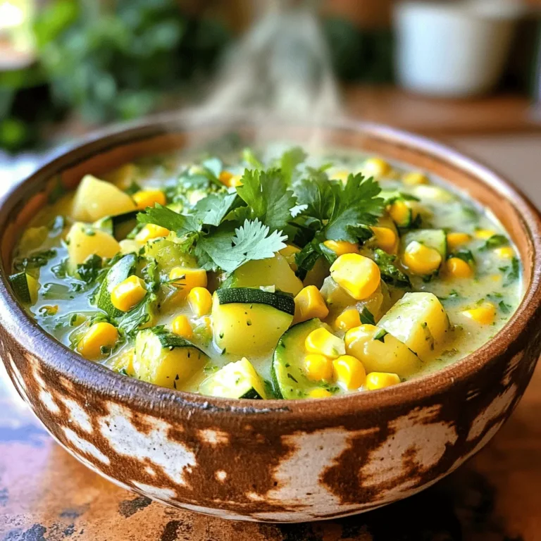 To make a tasty zucchini corn chowder, you need fresh and simple ingredients. Here's the complete list of ingredients you'll need: - 2 medium zucchinis, diced into bite-sized pieces - 2 cups sweet corn kernels (fresh or frozen) - 1 medium onion, finely chopped - 2 cloves garlic, minced - 3 medium potatoes, peeled and diced into small cubes - 4 cups vegetable broth (homemade or store-bought) - 1 cup coconut milk (or coconut cream for a richer flavor) - 2 tablespoons extra virgin olive oil - 1 teaspoon smoked paprika - 1 teaspoon ground cumin - Sea salt and freshly cracked pepper, to taste - Fresh cilantro or parsley, chopped, for garnish These ingredients work together to create a creamy, warm chowder. Each one adds a unique flavor, making every spoonful special. The sweetness from the corn and the earthiness of the zucchini blend well, while spices like smoked paprika add depth. Don't forget to use seasonal herbs for garnish; they brighten up the dish! For the full recipe, check out the cooking instructions to bring this chowder to life. 1. Sautéing the aromatics: Start by heating olive oil in a large pot over medium heat. Once the oil shimmers, add the chopped onion. Cook for about five minutes until the onions turn soft and clear. This adds a sweet flavor to your chowder. Next, stir in the minced garlic and cook for one minute. You want the garlic to be fragrant, not brown. 2. Cooking the vegetables: Now, add the diced zucchini and potatoes. Stir them with the onions and garlic. Let them cook for another five minutes so they soften. This helps the veggies release their flavors. After that, sprinkle the smoked paprika and cumin over the mix. Toss everything together to coat the vegetables with the spices. 3. Adding the broth and simmering: Gradually pour in the vegetable broth. Stir well to mix everything. Raise the heat to bring it to a boil. Once boiling, lower the heat and cover the pot. Let the chowder simmer for 15 to 20 minutes until the potatoes are tender. - Using an immersion blender: After simmering, use an immersion blender to blend the chowder. You can blend it until smooth or leave some chunks for texture. This adds depth to the dish. If you don’t have an immersion blender, you can carefully transfer the chowder to a regular blender in batches. - Achieving desired consistency: Blend until you reach the thickness you like. If you want it thicker, blend less. For a creamier chowder, blend more. Just remember, a few chunky bits make it more interesting! - Taste testing: After blending, it’s time to taste your chowder. Adjust the seasoning with sea salt and freshly cracked pepper. This makes a big difference in flavor. Don’t skip this step! - Adding fresh herbs: Finally, ladle the hot chowder into bowls. Garnish each bowl with chopped fresh cilantro or parsley. This adds a pop of color and fresh taste. For the full recipe, check back on the website to see how all these steps come together! - Dairy-free options: If you want to skip dairy, use coconut milk. It adds creaminess and a hint of sweetness. You can also try almond or oat milk for lighter alternatives. - Alternative vegetables: Feel free to swap zucchini with yellow squash or bell peppers. These options will bring new flavors and colors to your dish. - Avoiding mushy potatoes: Cut your potatoes into small cubes. This helps them cook evenly and stay firm. Check them often while they simmer to ensure they don’t overcook. - Enhancing flavor with spices: Use smoked paprika and ground cumin for depth. You can also try adding a pinch of cayenne pepper for extra heat. Fresh herbs like thyme or rosemary can brighten your chowder. - Pairing with bread or salad: Serve your chowder with crusty bread. A fresh salad on the side adds crunch and freshness. This combo makes a great meal. - Creative garnishes: Top each bowl with chopped cilantro or parsley. A squeeze of lime juice adds brightness. You can also sprinkle some cheese or croutons for extra texture. These tips will make your zucchini corn chowder even more enjoyable. Try out the Full Recipe for a delicious experience! {{image_4}} You can make this chowder more filling by adding protein. One easy choice is beans. Canned black beans or white beans boost nutrition and flavor. Simply rinse and stir them in during the last simmer. They add creaminess and a nice texture. You might also try chicken or shrimp. For chicken, use cooked, shredded chicken. Add it when you mix in the corn. For shrimp, toss in fresh or frozen shrimp while the chowder simmers. Cook them until they turn pink. Both options make the meal heartier. Want a kick? Make it spicy! Add diced jalapeños or red pepper flakes to the pot. This gives your chowder a warm, zesty flavor. Just remember to start with a little. You can always add more if you like it hotter. For herbs and spices, think outside the box. Fresh thyme or basil works great. You can also use a pinch of curry powder for something unique. Don’t be afraid to experiment. Each herb changes the taste completely! Using fresh corn in summer makes this chowder shine. Sweet, juicy corn adds a bright flavor. Just cut the kernels off the cob and mix them in. This will give your chowder a fresh taste. In fall, add seasonal ingredients. Try sweet potatoes or butternut squash for warmth. They bring a subtle sweetness that pairs well with zucchini. These swaps create a cozy chowder perfect for chilly days. For the full recipe, check the detailed section above. To keep your zucchini corn chowder fresh, follow these simple steps: - Refrigeration guidelines: Let the chowder cool to room temperature. Transfer it to an airtight container. Store in the fridge for up to 4 days. This keeps it fresh and tasty. - Freezing instructions: For longer storage, pour the chowder into a freezer-safe container. Leave some space at the top, as it will expand when frozen. You can freeze it for up to 3 months. Thaw in the fridge overnight before reheating. When it's time to enjoy your chowder again, use these methods: - Best methods for reheating: The stovetop is ideal. Pour the chowder into a pot. Heat on medium-low, stirring often until it's hot. You can also use the microwave. Place it in a microwave-safe bowl. Heat in short bursts, stirring in between. - Maintaining flavor and texture: Add a splash of vegetable broth or coconut milk if the chowder seems thick. This keeps it creamy and flavorful. Always taste and adjust the seasoning as needed. Enjoy your delicious chowder! You can use almond milk or oat milk. Both options give a nice creaminess. You can also use regular milk if dairy is not a concern. Yes, you can! Just add all the ingredients to your slow cooker. Set it to low for 6-8 hours or high for 3-4 hours. This method lets the flavors blend well. It lasts about 3 to 5 days in the fridge. Store it in an airtight container. Always check for any signs of spoilage before eating. Yes, it freezes well! Let the chowder cool completely before transferring it to freezer-safe containers. It can last for up to 3 months in the freezer. Absolutely! Feel free to add bell peppers, carrots, or spinach. Just make sure to adjust cooking times as needed. These veggies add more flavor and nutrition to your chowder. This zucchini corn chowder is easy to make and delicious. We covered all the key ingredients, from zucchini to fresh herbs. I shared simple steps for cooking and blending to get that perfect taste. Remember, you can swap ingredients or try different flavors to match your taste. This chowder has options for every season and can be stored or reheated easily. I hope you find joy in making this dish and enjoy every bite. Your kitchen adventures will be rewarding with this recipe!