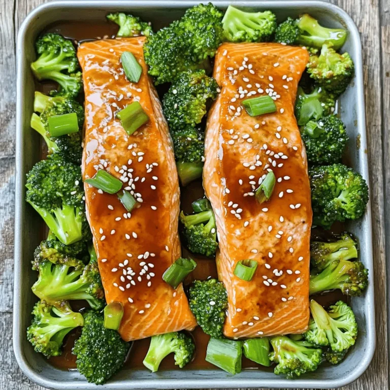 - 2 salmon fillets, skin-on - 1 cup broccoli florets - 1 tablespoon olive oil, plus extra for sautéing - Salt and pepper to taste - 1/4 cup low-sodium soy sauce - 2 tablespoons honey - 1 tablespoon rice vinegar - 1 teaspoon freshly grated ginger - 2 cloves garlic, minced - Sesame seeds for garnish - 2 green onions, thinly sliced Measuring ingredients is key in cooking. Accurate measuring helps keep flavors balanced. Too much or too little can change the dish. Before you start, gather your tools. A set of measuring cups and spoons will work best. For liquids, a liquid measuring cup is great. Use a kitchen scale for precision with solid ingredients, like salmon. Fresh ingredients often taste better and have more nutrients. Fresh salmon has a rich flavor and firm texture. Fresh broccoli adds a lovely crunch and bright color. However, frozen ingredients can be just as good. Use frozen salmon if you can’t find fresh. It’s often frozen right after catch. For broccoli, frozen options are pre-blanched, making them easy to cook. Just remember to check the package for added sauces or seasonings. In many cases, your choice depends on what you have on hand and your schedule. To make the marinade, gather these ingredients: - 1/4 cup low-sodium soy sauce - 2 tablespoons honey - 1 tablespoon rice vinegar - 1 teaspoon freshly grated ginger - 2 cloves garlic, minced Combine them in a bowl. Whisk until smooth. The goal is full flavor in every bite. A good whisk will mix everything well. If you see lumps, keep whisking. A smooth mix helps the salmon soak in the flavors. Place your salmon fillets in the bowl with the marinade. Make sure they get coated on all sides. I suggest marinating for at least 30 minutes. This time helps the flavors sink into the fish. If you have more time, marinate for a few hours. Just avoid letting it sit too long, as it can break down the fish's texture. You can choose to sear or bake the salmon. Searing gives a nice crispy skin. Bake for a softer finish. I prefer starting with a sear. Heat a tablespoon of olive oil in an oven-safe skillet. Once the oil is hot, place the salmon skin-side down. Cook for about 4 minutes. The skin should turn golden and crispy. After searing, brush some marinade over the fish. Then transfer the skillet to a preheated oven at 400°F (200°C). Bake for 8-10 minutes. Check for doneness by gently flaking the fish with a fork. It should flake easily and look opaque. This method ensures your salmon stays juicy and tender. For the broccoli, blanch it before sautéing. This keeps the bright color and crunch. Enjoy this flavorful and healthy dish, Teriyaki Salmon with Broccoli, as part of your meal plan. For the full recipe, check out the section above. To check for doneness, use a fork. Gently flake the salmon. If it flakes easily, it’s done. Aim for a slightly moist center for best taste. For crispy skin, start with a hot pan. Place the salmon skin-side down and don’t move it too much. This helps to get a nice crisp. Blanching is quick and easy. Boil salted water and add your broccoli for just 2-3 minutes. Then, move it to ice water right away. This keeps the bright green color and crunch. To enhance broccoli’s flavor, sauté it with olive oil and a pinch of salt. You can also add garlic for extra taste. For an appealing look, plate the dish with care. Start with a bed of sautéed broccoli. Then, place the teriyaki salmon on top. For garnish, sprinkle sesame seeds and add sliced green onions. A slice of lemon on the side adds color and a fresh zest. For more details, check the Full Recipe for Teriyaki Salmon with Broccoli. {{image_4}} You can change the protein if you want something different. Chicken thighs or tofu work great. They soak up the teriyaki flavor well. You can also try shrimp for a seafood twist. For vegetables, broccoli is just the start. You can use asparagus or snap peas. Carrots add color and crunch too. Feel free to mix and match your favorites. To spice things up, add crushed red pepper flakes. They give the dish a nice kick. You can also try different sauces. Hoisin or sweet chili sauce can add a fun twist. Nuts or seeds are great for texture. Toasted sesame seeds bring a nutty flavor. Chopped peanuts can add crunch and richness. Try adding these to your dish for extra excitement. If you need gluten-free options, use tamari instead of soy sauce. It has a similar taste but is safe for gluten-free diets. You can also use coconut aminos. For a vegan twist, replace the salmon with firm tofu. Marinate it in the same sauce. You can also swap honey with maple syrup or agave. This keeps the flavor but meets vegan needs. For the full recipe, check out the Teriyaki Salmon Glow-Up! To keep your teriyaki salmon and broccoli fresh, follow these best practices: - Cool Down: Let the food cool to room temperature first. - Use Airtight Containers: Store leftovers in airtight containers. This keeps moisture in and air out. - Label and Date: Write the date on the container. This helps you track how long it stays fresh. Refrigerate leftovers right away. They can last up to three days. Reheating salmon can be tricky. You want to keep it moist and tasty. Here are some methods: - Oven: Preheat your oven to 275°F. Place the salmon on a baking dish with a little water. Cover it with foil to keep it from drying out. Heat for 15-20 minutes. - Microwave: Use a microwave-safe plate and cover the salmon with a damp paper towel. Heat in short bursts of 30 seconds. Check often to avoid overcooking. These methods help maintain the nice texture and flavor of the salmon. If you have extra teriyaki salmon, it freezes well. Here’s how to do it: - Wrap Well: Use plastic wrap or aluminum foil to wrap the salmon tightly. This prevents freezer burn. - Use Freezer Bags: Place the wrapped salmon into a freezer bag. Squeeze out the air before sealing. To thaw, place the salmon in the fridge overnight. For quick thawing, seal it in a bag and submerge in cold water for about an hour. This way, you can enjoy your teriyaki salmon later without losing its great taste. For the full recipe, check the complete cooking guide. You can serve this dish with various sides. Here are some tasty options: - Steamed rice: White or brown rice works well. The rice soaks up the teriyaki sauce. - Quinoa: This grain adds a nutty flavor. It’s also a healthy choice. - Edamame: These young soybeans add color and protein to your meal. - Cauliflower rice: A great low-carb option that pairs nicely with the salmon. - Cucumber salad: A fresh, crunchy side that complements the rich teriyaki flavor. These sides enhance the meal and balance the flavors of the dish. Teriyaki salmon can last in the fridge for up to three days. Store it in an airtight container. Check for signs of spoilage to ensure safety: - Smell: If it has a sour or off odor, it’s time to toss it. - Texture: If the salmon feels slimy or sticky, do not eat it. - Color: Fresh salmon should look vibrant. If it appears dull, it's best to discard it. Following these tips will keep your meal safe and tasty. Yes, you can prepare parts of this recipe ahead of time. Here are some best practices: - Marinate the salmon: You can marinate it the night before. This lets the flavors develop fully. - Blanch the broccoli: You can blanch it in advance. Just store it in the fridge until you are ready to sauté. - Cook and reheat: If you cook the salmon ahead, store it properly. Reheat gently to keep it moist. Timing is key here. Prepare items in advance but cook the salmon close to serving time for the best results. You can find the full recipe to guide your cooking adventure. This guide offers a clear path to making teriyaki salmon with broccoli. We discussed key ingredients, the best preparation methods, and cooking techniques. Understanding fresh versus frozen items helps you choose wisely. Overall, you can create a delicious dish that impresses everyone. Remember to use accurate measurements and prepare tasty sides. Follow these steps, and you will enjoy great meals every time.