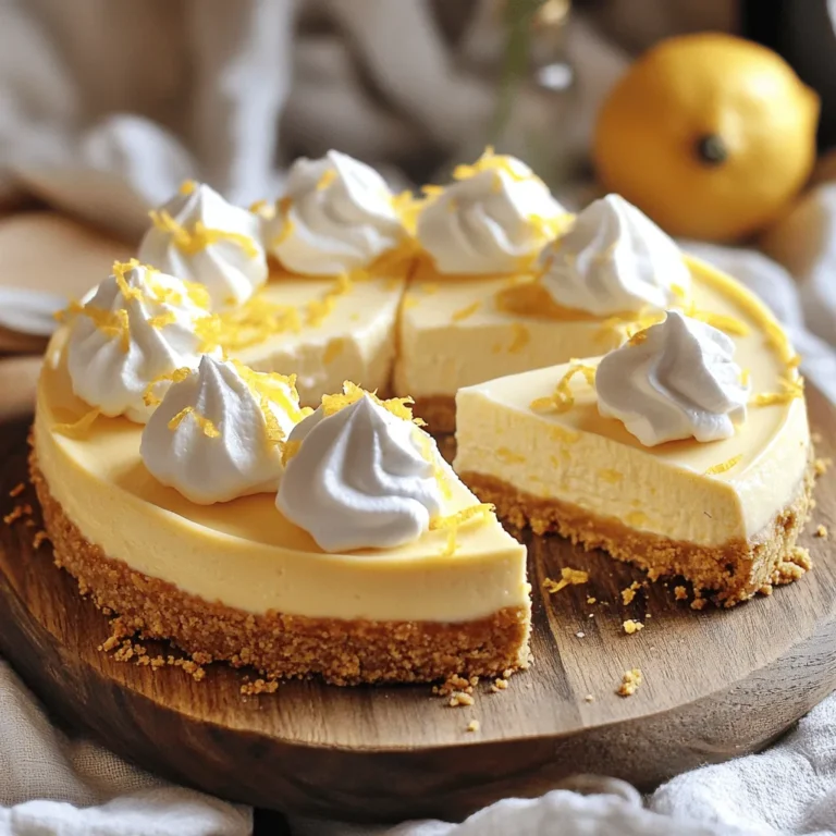 - 1 ½ cups graham cracker crumbs - ½ cup unsalted butter, melted - 2 cups cream cheese, softened to room temperature - 1 cup powdered sugar, sifted - 1 cup heavy whipping cream, chilled - 1/4 cup freshly squeezed lemon juice - Zest of 2 medium lemons - 1 teaspoon pure vanilla extract - Pinch of fine sea salt First, mix the graham cracker crumbs and melted butter in a bowl. Make sure all the crumbs are coated. Next, press the crumb mixture into the bottom of a springform pan. Use your fingers or the back of a cup for even pressure. Place the pan in the fridge while you make the filling. In a large bowl, beat the cream cheese with an electric mixer until smooth. This takes about 2-3 minutes. Gradually add the sifted powdered sugar. Mix until there are no lumps. Now, add the lemon juice, zest, and vanilla. Mix on low speed until everything is well combined. In a clean bowl, whip the chilled heavy cream until it forms stiff peaks. This part is key for a light texture. Carefully fold the whipped cream into the lemon mixture. Use a spatula to combine gently. You want to keep the airy texture. Pour this filling over your crust and smooth the top with a spatula. Cover the cheesecake with plastic wrap or a lid. Refrigerate for at least 4 hours. For the best results, let it chill overnight. This helps the flavors meld together and sets the cheesecake perfectly. When you follow these steps, you'll create a delightful No Bake Lemon Cheesecake. Enjoy this treat with friends and family! For the complete recipe, check out the Full Recipe section. To make a great no bake lemon cheesecake, start with room temperature cream cheese. It mixes smoothly, avoiding lumps. If your cream cheese is cold, it will be hard to blend. Set it out for about 30 minutes before you begin. When mixing, it’s key to fold gently. Folding keeps the air in the whipped cream. This air makes your cheesecake light and fluffy. If you stir too hard, you lose that nice texture. For a beautiful presentation, think about garnishing. Add a dollop of whipped cream on top of each slice. Sprinkle some lemon zest for a burst of color. Fresh lemon slices can also enhance the look and taste. Pair your cheesecake with fresh berries. Strawberries, blueberries, or raspberries work well. They add a sweet and tart flavor that complements the lemon. You can also serve it with a cup of tea or coffee for a nice touch. You can change the flavor of this cheesecake easily. Try adding lime or orange juice for a twist. These fruits will give a different taste while keeping it fresh. Another fun idea is to mix in berries or chocolate swirls. Blueberries or raspberries can be folded into the filling. For chocolate lovers, add melted chocolate to the mix. This will create a rich and creamy cheesecake. If you want a change from the classic crust, use Oreo or vanilla wafer cookies. Crush them and mix with butter just like the graham crackers. This gives a sweet and rich flavor. For those needing gluten-free options, almond flour or nut-based crusts can work well. Combine almond flour with melted butter to form a tasty base. This way, everyone can enjoy your cheesecake! To keep your No Bake Lemon Cheesecake fresh, store it in the fridge. Use an airtight container or cover it tightly with plastic wrap. This method helps to keep the flavors intact and prevents any odors from other foods in your fridge from seeping in. To avoid soggy crusts, make sure the crust is fully chilled before adding the filling. This step helps to create a barrier. You can also place a piece of parchment paper between the crust and the filling. This keeps the crust crisp while you enjoy your cheesecake. If you want to freeze your cheesecake, start by letting it set completely in the fridge. Once firm, cover it tightly with plastic wrap and then with aluminum foil. This double layer protects it from freezer burn. When you're ready to enjoy your cheesecake again, thaw it in the fridge overnight. Avoid thawing at room temperature, as this can lead to a watery texture. Serve it chilled for the best taste. {{image_4}} No Bake Lemon Cheesecake lasts about 5 days in the fridge. Store it in an airtight container. Look for signs of spoilage, like a change in smell or texture. If it feels slimy or has an off odor, it's best to throw it away. Yes, you can make this cheesecake up to 2 days in advance. This gives the flavors time to meld. Just keep it covered in the fridge until you’re ready to serve. It will taste even better after a day or two. If you lack lemon juice, use lime juice or orange juice. Both add a nice tang but will change the flavor a bit. Lime juice will give a sharper taste, while orange juice will add sweetness. Adjust the zest accordingly for balance. For a firmer cheesecake, use more cream cheese and less whipped cream. You can also add a tablespoon of gelatin. Dissolve it in warm water and mix it in with the cream cheese. This will help set the cheesecake better. Making a no bake lemon cheesecake is fun and easy. You only need a few ingredients to create a delicious treat. Here’s a quick look at what you will need and the steps to follow: Ingredients: - 1 ½ cups graham cracker crumbs - ½ cup unsalted butter, melted - 2 cups cream cheese, softened to room temperature - 1 cup powdered sugar, sifted - 1 cup heavy whipping cream, chilled - 1/4 cup freshly squeezed lemon juice - Zest of 2 medium lemons - 1 teaspoon pure vanilla extract - Pinch of fine sea salt Steps: 1. Prepare the crust: Mix graham cracker crumbs and melted butter in a bowl. 2. Press the crust: Put the mixture into a 9-inch springform pan. Firmly press it down. 3. Make the filling: Beat the softened cream cheese in a bowl until smooth. 4. Add sweetness: Mix in the sifted powdered sugar until smooth and creamy. 5. Incorporate flavors: Add lemon juice, zest, vanilla, and salt. Mix until fluffy. 6. Whip the cream: In another bowl, whip the chilled heavy cream to stiff peaks. 7. Fold together: Carefully mix the whipped cream into the lemon mixture. 8. Transfer the filling: Pour the filling over the crust and smooth the top. 9. Chill: Cover and refrigerate for at least 4 hours, or overnight for best results. 10. Serve: Remove from the pan, slice, and serve chilled. You can find the full recipe with detailed instructions and tips [here](link-to-full-recipe). Enjoy your delightful no bake lemon cheesecake! No Bake Lemon Cheesecake is simple and fun to make. We covered the ingredients, preparation, and storage tips. Remember to mix your filling gently for a light texture. Experiment with flavors or garnishes to make it your own. With this guide, you can impress your friends and family. Enjoy each slice and share this delightful dessert. It’s a tasty treat that everyone will love!