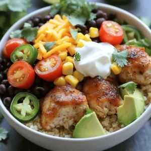 - 1 lb boneless, skinless chicken thighs, diced into bite-sized pieces - 1 tablespoon olive oil - 1 teaspoon chili powder - 1 teaspoon ground cumin - 1 teaspoon smoked paprika - Salt and pepper, to taste - 1 cup brown rice (or 1 cup cauliflower rice) - 2 cups chicken broth (or vegetable broth) - 1 can black beans, drained and rinsed - 1 cup corn kernels - Juice of 1 lime - 1 ripe avocado, diced - 1 cup cherry tomatoes, halved - 1 cup shredded cheese (such as cheddar) - ½ cup sour cream (or Greek yogurt) - Fresh cilantro, chopped - Sliced jalapeños (optional) - Large skillet - Medium-sized pot - Cooking utensils (spoon, spatula) - Measuring cups and spoons - Serving bowls These ingredients come together to create a tasty meal. The chicken thighs give great flavor. You can use brown rice for a healthy base or cauliflower rice for a low-carb choice. Black beans and corn add fiber and sweetness. For toppings, fresh veggies like avocado and tomatoes brighten the dish. Cheese and sour cream bring richness. You will love how customizable these bowls are! The kitchen tools are simple, making this fun and easy to prepare. Check out the Full Recipe for all the delicious details! To make brown rice, start with a medium pot. Bring chicken broth to a boil. Once boiling, add the rice. Lower the heat, cover, and let it simmer for 30-35 minutes. This method ensures the rice becomes fluffy and tender. If you prefer a low-carb option, use cauliflower rice. Heat a skillet with a splash of water. Sauté the cauliflower rice for 5 minutes until it’s tender. This quick cook keeps it fresh and light. For the chicken, heat olive oil in a large skillet over medium heat. Add diced chicken thighs once the oil is hot. Season the chicken with chili powder, cumin, smoked paprika, salt, and pepper. Cook for 8-10 minutes, stirring often. This helps the chicken cook evenly and become golden brown. The spices create a warm flavor that elevates the dish. After the chicken is cooked, add the rinsed black beans and corn to the skillet. Mix everything well and cook for another 3-4 minutes. This step ensures all ingredients are heated through and flavors blend nicely. Stir gently to keep the chicken tender. Once done, you can move on to building your loaded chicken burrito bowls. Enjoy creating a meal that looks as good as it tastes! Achieving the Perfect Texture To get juicy chicken, use boneless, skinless thighs. They stay moist and tender. Cut them into bite-sized pieces for even cooking. Heat a skillet over medium heat before adding the chicken. This helps lock in the juices and gives a nice sear. Preventing Dry Chicken Don’t overcook the chicken. Cook it until it's no longer pink, about 8-10 minutes. Keep stirring to avoid burning. If you find your chicken is dry, try adding a splash of broth or water. This will help rehydrate the meat. Suggested Toppings You can personalize your burrito bowls with fun toppings. Try adding diced avocados, cherry tomatoes, or shredded cheese. Fresh herbs like cilantro add a burst of flavor. For a kick, use sliced jalapeños or a drizzle of hot sauce. Dietary Modifications Make your burrito bowls fit your diet. If you're vegetarian, swap chicken for black beans or grilled veggies. For a low-carb option, use cauliflower rice instead of brown rice. You can also replace sour cream with Greek yogurt for a healthier choice. Spice Variations Want to spice things up? Add cayenne pepper or crushed red pepper flakes to the chicken. You can also try different spices like oregano or taco seasoning to change the flavor profile. Marinades for Chicken A good marinade can add great taste. Use lime juice, garlic, and cumin for a zesty kick. Marinate the chicken for at least 30 minutes before cooking. This will infuse the chicken with flavor and keep it tender. For the full recipe, check out the section above. {{image_4}} You can easily swap out the chicken. Use firm tofu or tempeh instead. These alternatives add great texture and protein. For a heartier option, try chickpeas or lentils. Both are tasty and filling. If you want a low-carb option, use cauliflower rice. It has fewer carbs and packs in nutrients. Cauliflower rice has a mild taste and absorbs flavors well. You can also add more veggies, like zucchini or bell peppers, for added crunch. You can adjust the spice level for your taste. For a spicy kick, add more chili powder or diced jalapeños. If you prefer mild flavors, skip the spicy ingredients. You can also play with international flavors. Try adding curry powder for an Indian twist or chipotle for a smoky flavor. Explore these variations to make the loaded chicken burrito bowls your own! For the complete recipe, check the [Full Recipe]. To keep your loaded chicken burrito bowls fresh, follow these tips: - Let the bowls cool down before storing. - Use airtight containers for storage. - Separate the toppings from the base for best flavor. For refrigeration: - Store leftovers in the fridge. - They last for up to 3 days. For freezing: - Portion out the chicken and rice mixture. - Use freezer-safe bags or containers. - They can last for up to 3 months. To reheat, you want to keep the flavors fresh. Here are some methods: - Use a microwave for quick heating. - Heat on medium for 2-3 minutes. - Stir halfway through to heat evenly. You can also use a skillet: - Warm it on medium heat. - Add a splash of broth for moisture. - Heat for about 5-7 minutes. Each component has its own shelf life: - Cooked chicken lasts 3 days in the fridge. - Cooked rice stays good for 4 days. - Black beans last up to 5 days. Watch for spoilage signs: - Look for any strange smells. - Check for mold or discoloration. - If it looks or smells off, throw it out. For more details, refer to the Full Recipe for loaded chicken burrito bowls. Yes, you can use different rice types. Here are some great substitutes for brown rice: - White rice: Cooks faster and has a different texture. - Quinoa: Adds protein and a nutty flavor. - Jasmine rice: Offers a fragrant touch to your bowls. - Cauliflower rice: A low-carb option that is light and healthy. If you crave heat, here are some tips to spice up your dish: - Add diced jalapeños to the chicken when cooking. - Use a spicy salsa or hot sauce as a topping. - Sprinkle crushed red pepper flakes into the chicken mix. - Swap chili powder for a hotter variety, like cayenne. If you need alternatives for sour cream, consider these options: - Greek yogurt: Creamy and packed with protein. - Cottage cheese: A lighter option that adds creaminess. - Avocado: Mash it for a rich and creamy topping. - Hummus: Adds flavor and creaminess with a unique twist. Yes, you can prep this dish in advance. Here’s how: - Cook the rice and chicken ahead of time. Store them separately in the fridge. - Prepare toppings like diced avocado and cheese. Keep them fresh in airtight containers. - Assemble the bowls just before serving for the best flavors and textures. - Reheat the chicken and rice gently to avoid drying them out. This article covered how to make delicious loaded chicken burrito bowls. We explored main ingredients, toppings, and kitchen tools needed. I shared step-by-step cooking tips for rice and chicken, followed by customization options to suit your taste. Storage info ensures you keep your leftovers fresh and safe. In closing, this dish is versatile and easy to make. Remember, you can adapt it to fit any diet. Enjoy creating your perfect burrito bowl!