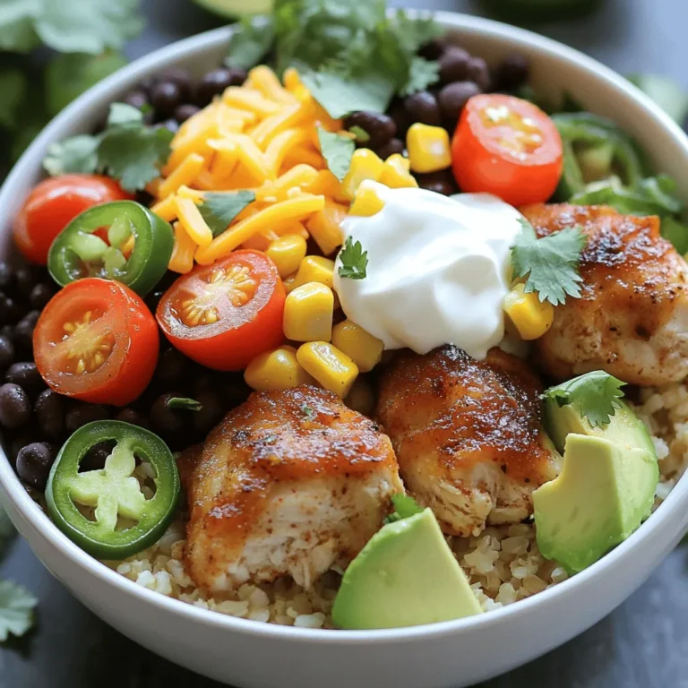 - 1 lb boneless, skinless chicken thighs, diced into bite-sized pieces - 1 tablespoon olive oil - 1 teaspoon chili powder - 1 teaspoon ground cumin - 1 teaspoon smoked paprika - Salt and pepper, to taste - 1 cup brown rice (or 1 cup cauliflower rice) - 2 cups chicken broth (or vegetable broth) - 1 can black beans, drained and rinsed - 1 cup corn kernels - Juice of 1 lime - 1 ripe avocado, diced - 1 cup cherry tomatoes, halved - 1 cup shredded cheese (such as cheddar) - ½ cup sour cream (or Greek yogurt) - Fresh cilantro, chopped - Sliced jalapeños (optional) - Large skillet - Medium-sized pot - Cooking utensils (spoon, spatula) - Measuring cups and spoons - Serving bowls These ingredients come together to create a tasty meal. The chicken thighs give great flavor. You can use brown rice for a healthy base or cauliflower rice for a low-carb choice. Black beans and corn add fiber and sweetness. For toppings, fresh veggies like avocado and tomatoes brighten the dish. Cheese and sour cream bring richness. You will love how customizable these bowls are! The kitchen tools are simple, making this fun and easy to prepare. Check out the Full Recipe for all the delicious details! To make brown rice, start with a medium pot. Bring chicken broth to a boil. Once boiling, add the rice. Lower the heat, cover, and let it simmer for 30-35 minutes. This method ensures the rice becomes fluffy and tender. If you prefer a low-carb option, use cauliflower rice. Heat a skillet with a splash of water. Sauté the cauliflower rice for 5 minutes until it’s tender. This quick cook keeps it fresh and light. For the chicken, heat olive oil in a large skillet over medium heat. Add diced chicken thighs once the oil is hot. Season the chicken with chili powder, cumin, smoked paprika, salt, and pepper. Cook for 8-10 minutes, stirring often. This helps the chicken cook evenly and become golden brown. The spices create a warm flavor that elevates the dish. After the chicken is cooked, add the rinsed black beans and corn to the skillet. Mix everything well and cook for another 3-4 minutes. This step ensures all ingredients are heated through and flavors blend nicely. Stir gently to keep the chicken tender. Once done, you can move on to building your loaded chicken burrito bowls. Enjoy creating a meal that looks as good as it tastes! Achieving the Perfect Texture To get juicy chicken, use boneless, skinless thighs. They stay moist and tender. Cut them into bite-sized pieces for even cooking. Heat a skillet over medium heat before adding the chicken. This helps lock in the juices and gives a nice sear. Preventing Dry Chicken Don’t overcook the chicken. Cook it until it's no longer pink, about 8-10 minutes. Keep stirring to avoid burning. If you find your chicken is dry, try adding a splash of broth or water. This will help rehydrate the meat. Suggested Toppings You can personalize your burrito bowls with fun toppings. Try adding diced avocados, cherry tomatoes, or shredded cheese. Fresh herbs like cilantro add a burst of flavor. For a kick, use sliced jalapeños or a drizzle of hot sauce. Dietary Modifications Make your burrito bowls fit your diet. If you're vegetarian, swap chicken for black beans or grilled veggies. For a low-carb option, use cauliflower rice instead of brown rice. You can also replace sour cream with Greek yogurt for a healthier choice. Spice Variations Want to spice things up? Add cayenne pepper or crushed red pepper flakes to the chicken. You can also try different spices like oregano or taco seasoning to change the flavor profile. Marinades for Chicken A good marinade can add great taste. Use lime juice, garlic, and cumin for a zesty kick. Marinate the chicken for at least 30 minutes before cooking. This will infuse the chicken with flavor and keep it tender. For the full recipe, check out the section above. {{image_4}} You can easily swap out the chicken. Use firm tofu or tempeh instead. These alternatives add great texture and protein. For a heartier option, try chickpeas or lentils. Both are tasty and filling. If you want a low-carb option, use cauliflower rice. It has fewer carbs and packs in nutrients. Cauliflower rice has a mild taste and absorbs flavors well. You can also add more veggies, like zucchini or bell peppers, for added crunch. You can adjust the spice level for your taste. For a spicy kick, add more chili powder or diced jalapeños. If you prefer mild flavors, skip the spicy ingredients. You can also play with international flavors. Try adding curry powder for an Indian twist or chipotle for a smoky flavor. Explore these variations to make the loaded chicken burrito bowls your own! For the complete recipe, check the [Full Recipe]. To keep your loaded chicken burrito bowls fresh, follow these tips: - Let the bowls cool down before storing. - Use airtight containers for storage. - Separate the toppings from the base for best flavor. For refrigeration: - Store leftovers in the fridge. - They last for up to 3 days. For freezing: - Portion out the chicken and rice mixture. - Use freezer-safe bags or containers. - They can last for up to 3 months. To reheat, you want to keep the flavors fresh. Here are some methods: - Use a microwave for quick heating. - Heat on medium for 2-3 minutes. - Stir halfway through to heat evenly. You can also use a skillet: - Warm it on medium heat. - Add a splash of broth for moisture. - Heat for about 5-7 minutes. Each component has its own shelf life: - Cooked chicken lasts 3 days in the fridge. - Cooked rice stays good for 4 days. - Black beans last up to 5 days. Watch for spoilage signs: - Look for any strange smells. - Check for mold or discoloration. - If it looks or smells off, throw it out. For more details, refer to the Full Recipe for loaded chicken burrito bowls. Yes, you can use different rice types. Here are some great substitutes for brown rice: - White rice: Cooks faster and has a different texture. - Quinoa: Adds protein and a nutty flavor. - Jasmine rice: Offers a fragrant touch to your bowls. - Cauliflower rice: A low-carb option that is light and healthy. If you crave heat, here are some tips to spice up your dish: - Add diced jalapeños to the chicken when cooking. - Use a spicy salsa or hot sauce as a topping. - Sprinkle crushed red pepper flakes into the chicken mix. - Swap chili powder for a hotter variety, like cayenne. If you need alternatives for sour cream, consider these options: - Greek yogurt: Creamy and packed with protein. - Cottage cheese: A lighter option that adds creaminess. - Avocado: Mash it for a rich and creamy topping. - Hummus: Adds flavor and creaminess with a unique twist. Yes, you can prep this dish in advance. Here’s how: - Cook the rice and chicken ahead of time. Store them separately in the fridge. - Prepare toppings like diced avocado and cheese. Keep them fresh in airtight containers. - Assemble the bowls just before serving for the best flavors and textures. - Reheat the chicken and rice gently to avoid drying them out. This article covered how to make delicious loaded chicken burrito bowls. We explored main ingredients, toppings, and kitchen tools needed. I shared step-by-step cooking tips for rice and chicken, followed by customization options to suit your taste. Storage info ensures you keep your leftovers fresh and safe. In closing, this dish is versatile and easy to make. Remember, you can adapt it to fit any diet. Enjoy creating your perfect burrito bowl!