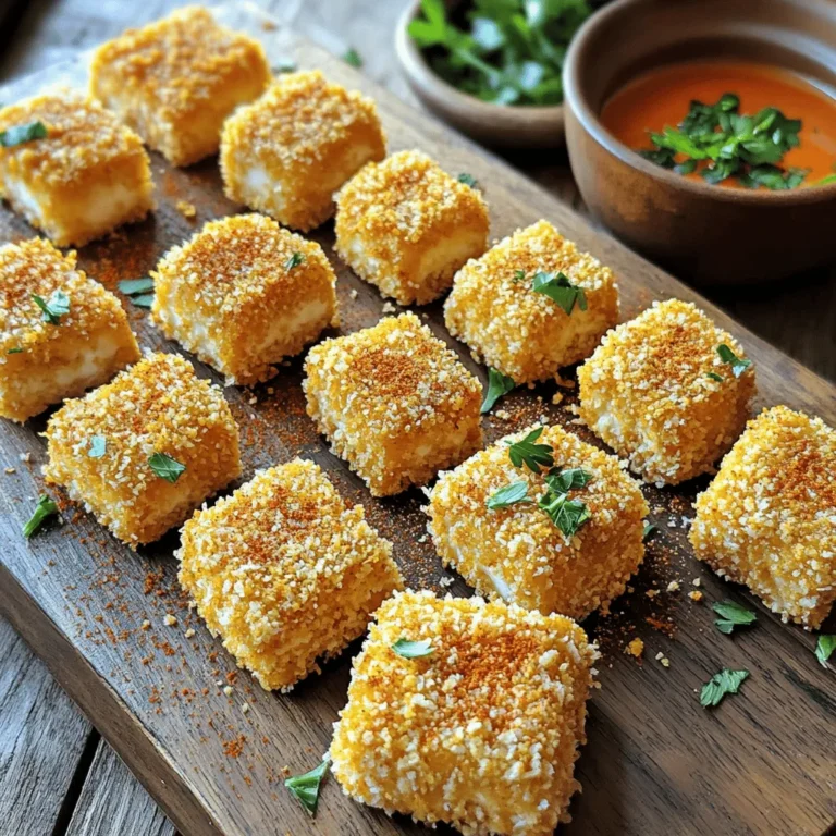 To make crispy baked tofu nuggets, you need some key items. Gather these ingredients for a successful dish: - 14 oz firm tofu, pressed and cut into 1-inch cubes - 1 cup panko breadcrumbs - 1/2 cup cornstarch - 1/4 cup nutritional yeast - 1 teaspoon garlic powder - 1 teaspoon onion powder - 1 teaspoon smoked paprika - 1/2 teaspoon salt - 1/4 teaspoon black pepper - 1/2 cup unsweetened plant-based milk - 2 tablespoons soy sauce - 2 tablespoons olive oil These ingredients create a tasty and crunchy nugget that everyone will love. Seasonings add flavor and depth to the tofu nuggets. Here are the key ones you need: - Garlic powder: Gives a savory taste. - Onion powder: Adds sweetness and warmth. - Smoked paprika: Brings a smoky flavor. - Nutritional yeast: Offers a cheesy taste without dairy. The mix of these seasonings with panko breadcrumbs creates a delightful crunch. When making tofu nuggets, choose the right type of tofu. Firm tofu works best. It holds its shape and gets nice and crispy. Avoid soft or silken tofu, as they will not give you the right texture. Pressing the tofu helps remove extra water. This step is vital for getting that perfect crispy bite. For the full recipe, check out the detailed instructions. Start by preheating your oven to 400°F (200°C). This step is vital for crispy tofu nuggets. While the oven heats up, prepare your baking sheet. Line it with parchment paper to stop the nuggets from sticking. This small detail makes cleanup easy. Next, gather your tofu and cut it into 1-inch cubes. Place these cubes in a medium bowl. In another bowl, mix the plant-based milk and soy sauce. Dip each tofu cube in this mixture, letting the extra liquid drip off. Then, roll the tofu in the coating mixture of panko, cornstarch, nutritional yeast, and spices. Press gently to coat well. Arrange the breaded nuggets on your baking sheet in a single layer. Now, drizzle olive oil over the tofu nuggets. This adds to their crunchiness. Bake them in your preheated oven for 25-30 minutes. Flip them halfway through for even baking. When done, the nuggets should be golden brown and crunchy. Let them cool slightly before serving. Enjoy these crispy baked tofu nuggets as a quick snack or as part of a meal. You can find the full recipe above for more details. To make your tofu nuggets super crispy, start with firm tofu. Press it well to remove extra water. The less moisture, the better the crunch. After coating, let the nuggets sit for a few minutes. This helps the coating stick better. Bake them on a lined sheet, and make sure they are in a single layer. This allows hot air to circulate around each piece. Flip them halfway through baking for even crispiness. Using oil is key for crispy tofu. I suggest olive oil for its flavor and health benefits. It helps the coating brown nicely. Another option is avocado oil. It has a high smoke point and works well too. Just drizzle a little over your nuggets before baking. It makes a big difference in texture and taste. I love serving these nuggets with a spicy dipping sauce. Sriracha or sweet chili sauce adds a fun kick. You can also pair them with a fresh salad. This adds crunch and color to your meal. Try garnishing with parsley or cilantro. It brightens up the dish and adds flavor. For a complete meal, serve with rice or quinoa. The options are endless! For the full recipe, check the details above. {{image_4}} You can switch up the flavor of your crispy baked tofu nuggets easily. For a spicy kick, add cayenne pepper or chili powder to the breadcrumb mix. If you love BBQ, use a BBQ sauce instead of soy sauce in the wet mix. This change gives the nuggets a sweet and smoky flavor. For an Asian twist, add sesame oil and ginger to the wet ingredients. These changes make every bite different and fun. While panko breadcrumbs are my favorite for their crunch, you can try others too. Regular breadcrumbs work well but won’t be as crispy. For a twist, use crushed cornflakes or even crushed almonds. Each option gives a new texture and flavor. Experimenting with different breadcrumbs can make your nuggets even more exciting and unique. If you need a gluten-free meal, it’s easy to adapt this recipe. Use gluten-free panko or almond flour for coating. Cornstarch is naturally gluten-free, so you can keep that. Also, check your soy sauce for gluten-free options, like tamari. These swaps allow everyone to enjoy crispy baked tofu nuggets without worry. After enjoying your crispy baked tofu nuggets, let them cool completely. Place them in an airtight container. Store them in the fridge for up to three days. If you want to keep them longer, consider freezing them. To reheat your tofu nuggets, use the oven for the best crispiness. Preheat the oven to 375°F (190°C). Spread the nuggets on a baking sheet. Heat for about 10-15 minutes, flipping halfway. This method keeps them crunchy and tasty. For longer storage, freeze the cooled tofu nuggets. Lay them on a baking sheet in a single layer. Freeze for about an hour. Once firm, transfer them to a freezer bag. They can last for up to three months. When ready to eat, bake from frozen, adding a few extra minutes to the cooking time. Enjoy your crispy baked tofu nuggets anytime! No, I recommend using firm tofu. Soft tofu lacks structure and won't hold up well. Firm tofu gives you a nice, crispy texture. It is perfect for baking. Baked tofu nuggets can last up to five days in the fridge. Just store them in an airtight container. This keeps them fresh and tasty for your next snack. You have many great options for dips. Here are some that I love: - Sriracha for a spicy kick - Sweet chili sauce for a hint of sweetness - Hummus for a creamy touch - Soy sauce mixed with ginger for an Asian flair For the full recipe, check out the detailed instructions earlier in this article. You will find everything you need to create these delicious, crispy baked tofu nuggets. Enjoy! Crispy baked tofu nuggets offer a tasty way to enjoy plant-based protein. We explored essential ingredients, key seasonings, and the best tofu types. I shared step-by-step instructions, tips for crispiness, and serving ideas. Plus, I mentioned flavor variations and storage methods. These nuggets are not just easy to make; they can please everyone. Try them with fun dips or spice them up. You now have all you need for crispy, tasty nuggets that can fit any meal. Enjoy your cooking!