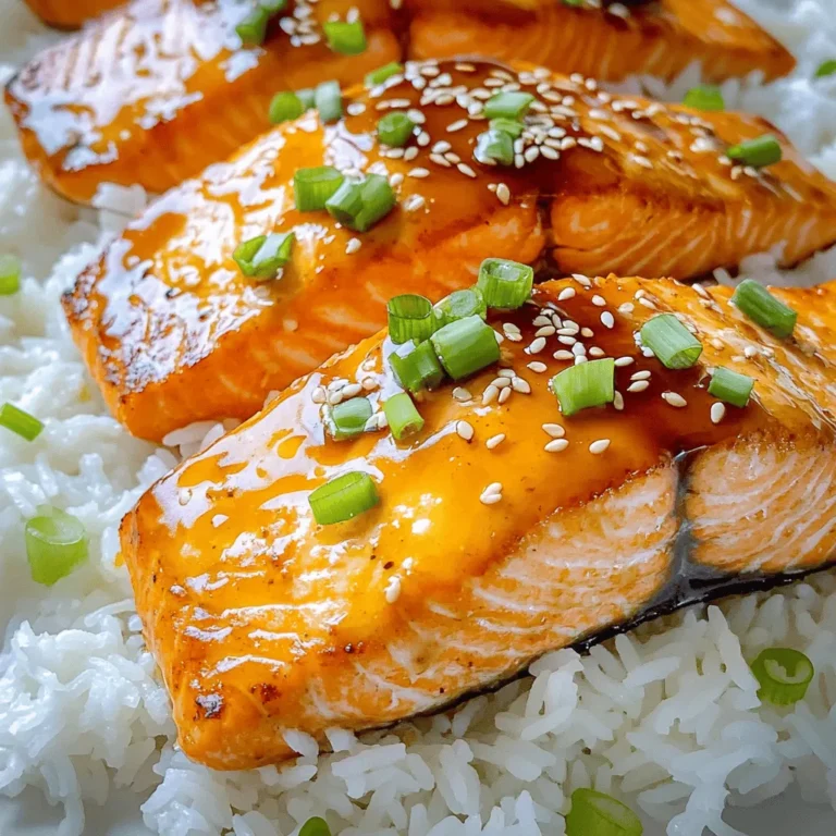 - 4 salmon fillets (approximately 6 ounces each) - 1/4 cup low-sodium soy sauce - 1/4 cup honey - 2 tablespoons rice vinegar - 1 tablespoon freshly grated ginger - 2 cloves garlic, minced - 1 teaspoon sesame oil These ingredients come together to create a rich, sweet, and savory flavor. The salmon fillets are the star of this dish. The soy sauce adds umami, while honey gives a nice sweetness. Rice vinegar adds a bit of tang, and ginger and garlic bring warmth. - 2 green onions, finely chopped (for garnish) - 1 tablespoon sesame seeds (for garnish) - Cooked jasmine rice, for serving Using green onions and sesame seeds makes the dish look great. They also add fresh flavor. Jasmine rice pairs well with the teriyaki salmon. It soaks up the sauce and balances the meal. - You can use maple syrup instead of honey for a vegan option. - If you don’t have rice vinegar, apple cider vinegar works too. - For a gluten-free version, use tamari instead of soy sauce. These swaps keep the dish tasty while catering to different diets. Feel free to get creative with the ingredients you have on hand. You can still make a delicious meal that everyone will enjoy. To make the teriyaki marinade, gather your ingredients first. You need low-sodium soy sauce, honey, rice vinegar, ginger, garlic, and sesame oil. In a medium bowl, mix the soy sauce, honey, and rice vinegar. Stir well until the honey dissolves. Then add freshly grated ginger, minced garlic, and sesame oil. Whisk it all together until smooth. This marinade gives your salmon a sweet and savory taste. Now, let’s marinate the salmon. Place your salmon fillets in a shallow dish. Pour the teriyaki marinade over the fillets. Make sure each piece is coated well. Cover the dish with plastic wrap. Let the salmon marinate in the fridge for at least 30 minutes. If you want more flavor, you can marinate it for up to 2 hours. This step is key for infusing flavor. Preheat your oven to 400°F (200°C). Line a baking sheet with parchment paper for easy cleanup. After marinating, take the salmon out of the dish. Reserve the leftover marinade for later. Place the salmon skin-side down on the baking sheet. Bake for 12 to 15 minutes. The salmon is done when it flakes easily with a fork. While the salmon bakes, take the reserved marinade and heat it in a small saucepan. Bring it to a gentle boil and let it simmer for 3 to 5 minutes until it thickens a bit. Drizzle this thickened sauce over the baked salmon. Garnish with green onions and sesame seeds before serving. Enjoy your Easy Teriyaki Salmon with jasmine rice for a complete meal. For the full recipe, check out the details above. To get a shiny glaze on your teriyaki salmon, follow these steps: - Use low-sodium soy sauce: This helps balance sweet and salty flavors. - Marinate longer: Aim for at least 30 minutes. For deeper flavor, go up to 2 hours. - Reserve some marinade: You can thicken it later for a richer top coat. - Bake at the right temperature: 400°F gives a nice caramelization. - Finish with a drizzle: Add thickened sauce right before serving for extra flavor. Want to save time while cooking? Try these tips: - Prep everything first: Chop ginger and garlic before you start. - Use pre-cooked rice: Microwaveable jasmine rice makes a quick side dish. - Sheet pan method: Cook salmon and veggies together on one tray. - One-bowl meal: Serve salmon over rice with veggies for easy cleanup. - Batch cook: Make extra salmon for quick meals later in the week. For a balanced meal, pair your teriyaki salmon with: - Steamed broccoli: Bright green and packed with vitamins. - Sautéed bok choy: Adds a nice crunch and flavor. - Cucumber salad: Fresh and light, it complements the dish well. - Pickled ginger: A tangy bite that enhances the meal. - Full Recipe: Check the complete recipe for more tips on serving. {{image_4}} You can swap salmon for other fish. Try using cod or tilapia. Both cook well and soak up the teriyaki flavor. Chicken is another great option. Just adjust the cooking time to ensure it cooks through. For beef lovers, thin slices of flank steak work nicely. The marinade brings out a rich taste in all these proteins. For a veggie twist, use firm tofu. Cut it into cubes and marinate just like the salmon. Grill or bake it until golden. You can also use vegetables like bell peppers, zucchini, or eggplant. Toss them in the marinade and roast them until tender. This makes a colorful and tasty meal. Boost your teriyaki sauce with spices. A pinch of red pepper flakes adds heat. You can also mix in a touch of sesame seeds for crunch. If you want a fruity flair, add pineapple juice to the marinade. This gives a sweet and tangy taste. Experiment with these options to find your perfect flavor. To keep your teriyaki salmon fresh, place leftovers in an airtight container. Make sure the salmon has cooled down before sealing it. Store it in the fridge for up to three days. This way, you can enjoy the great taste again. If you want to keep your teriyaki salmon longer, freezing is a good option. Wrap each fillet tightly in plastic wrap, then place them in a freezer bag. Squeeze out any air to avoid freezer burn. You can freeze the salmon for up to three months. When you’re ready to enjoy your frozen salmon, thaw it overnight in the fridge. To reheat, place the salmon in a preheated oven at 350°F (175°C) for about 10 minutes. This helps keep it moist. You can also use a microwave, but be careful not to overcook it. Enjoy your meal! You can serve Easy Teriyaki Salmon with many tasty sides. Here are some ideas: - Steamed broccoli - Sautéed green beans - Pickled vegetables - A fresh salad - Cooked jasmine rice These sides add color and balance to your meal. They also enhance the flavors of the sweet teriyaki sauce. Marinating salmon takes at least 30 minutes. For best results, leave it for up to 2 hours. This lets the flavors soak into the fish. If you marinate too long, the fish might get too soft. Yes, you can use fresh salmon instead of frozen. Fresh salmon often has better flavor and texture. Just be sure to check for any bones before cooking. For the complete recipe, see the Teriyaki Glazed Salmon Delight. You’ll find clear steps to make this dish easy and fun. Enjoy cooking! This post covered everything you need for easy teriyaki salmon. You learned about key ingredients, cooking steps, and tips to enhance flavor. I shared ways to store leftovers and answered common questions about serving and marinating. Remember, enjoy the meal with sides you love. You can also try new proteins or veggies for variety. This dish is easy to make, fun to enjoy, and teams well with many flavors. You have what you need to create a tasty, eye-catching meal. Get started and impress your family or friends!