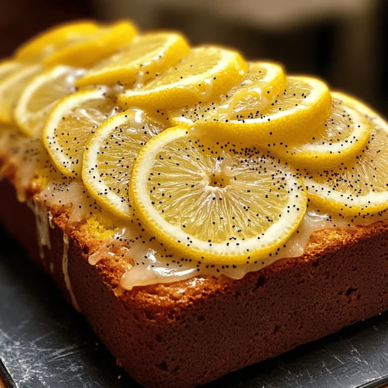 Here are the key ingredients for Lemon Poppy Seed Bread: - 1 ½ cups all-purpose flour - 1 teaspoon baking powder - ½ teaspoon baking soda - ¼ teaspoon salt - ½ cup unsalted butter, softened - 1 cup granulated sugar - 2 large eggs, at room temperature - ½ cup plain yogurt - 2 tablespoons fresh lemon zest - ¼ cup freshly squeezed lemon juice - 3 tablespoons poppy seeds These ingredients work together to create a light, fluffy bread with a bright lemon flavor. Each component plays a vital role. The all-purpose flour forms the base, while sugar adds sweetness. Butter gives moisture, and eggs help bind everything. The yogurt brings tanginess and keeps the bread soft. Lemon zest and juice bring a fresh, zesty kick. Poppy seeds add a lovely crunch and visual appeal. If you want to add a glaze, here’s what you’ll need: - ½ cup powdered sugar - 2 tablespoons fresh lemon juice This glaze adds a sweet finish and enhances the lemon flavor. You can drizzle it on top for a beautiful look. With these ingredients, you're set to make a delightful Lemon Poppy Seed Bread. For the complete cooking process, check out the Full Recipe. 1. Preheat your oven to 350°F (175°C). Prepare a 9x5 inch loaf pan by greasing it with butter. Dust it with flour. This helps the bread release easily after baking. 2. In a separate medium bowl, mix the all-purpose flour, baking powder, baking soda, and salt. Whisk them well to blend everything. Set this bowl aside for later. 3. In a large bowl, cream the softened butter and granulated sugar together using an electric mixer. Mix on medium speed until the color lightens and it becomes fluffy. This should take about 3-4 minutes. 4. Add the eggs to the butter-sugar mix one at a time. Beat well after each egg to make sure they mix in fully. 5. Stir in the plain yogurt, fresh lemon zest, and lemon juice. Mix until everything combines smoothly. 6. Gradually add the dry flour mixture to the wet ingredients. Stir gently with a spatula or wooden spoon until just combined. Be careful not to overmix. This keeps the bread light and airy. 7. Fold in the poppy seeds. Make sure they spread evenly throughout the batter. 1. Transfer the prepared batter into the greased loaf pan. Use a spatula to smooth the top evenly. 2. Bake in the preheated oven for 55-60 minutes. Check for doneness by inserting a toothpick into the center. If it comes out clean, it’s ready. 3. Once baked, let the bread cool in the pan for about 10 minutes. Then, move it to a wire rack to cool completely. 4. For the optional glaze, mix the powdered sugar with lemon juice in a small bowl. Whisk until smooth. Drizzle this over the cooled bread for a sweet finish. Find the full recipe to enjoy this tasty treat! To make your bread light and fluffy, avoid overmixing the batter. When you mix the dry and wet ingredients, stir gently. Stop mixing as soon as you see no dry flour. This keeps the bread from becoming dense. Room temperature ingredients are key. Let your butter, eggs, and yogurt sit out for about 30 minutes before you start. Warm ingredients blend better, giving you a smoother batter. This small step makes a big difference in texture. Want to boost the lemon flavor? Consider adding a bit of lemon extract. A teaspoon goes a long way! It adds a nice punch and makes your bread zesty. Use fresh lemon juice instead of bottled juice. Fresh juice has a brighter taste that enhances the bread's overall flavor. It’s worth the extra effort to squeeze those lemons yourself. For the best results, stick to fresh ingredients whenever you can. For the full recipe, check out the Lemon Poppy Seed Delight section above! {{image_4}} You can get fun with your lemon poppy seed bread! Here are some great ideas: - Chocolate chips: Add ½ cup of chocolate chips for a sweet twist. The chocolate pairs well with lemon's tartness. - Nuts: Fold in ½ cup of chopped walnuts or pecans for a nice crunch. - Citrus options: Try using orange or lime zest instead of lemon. Each fruit brings a unique flavor to the bread. These additions let you customize the bread to fit your taste. Feel free to mix and match! You might want to adjust the recipe for special diets. Here are some options: - Gluten-free substitutions: Use 1 ½ cups of gluten-free all-purpose flour instead of regular flour. It works well and keeps the bread tasty. - Vegan alternatives: Substitute eggs with ¼ cup of applesauce or 1 mashed banana. For yogurt, use a plant-based yogurt. This keeps the bread moist and fluffy. These changes make the bread accessible to more people. Enjoy experimenting with these options! To keep your Lemon Poppy Seed Bread fresh, store it properly. - Countertop Storage: Wrap the cooled bread in plastic wrap or aluminum foil. This helps keep it moist. Place it in a cool, dry area. Avoid direct sunlight to prevent drying out. - Refrigeration: If you live in a humid area, refrigerate the bread. Wrap it well to avoid fridge odors. It can last up to a week in the fridge. - Freezing Tips: For longer storage, freeze the bread. Slice it first for easy thawing. Wrap each slice in plastic wrap, then place them in a freezer bag. It stays good for up to three months. When ready to eat, thaw it in the fridge overnight or at room temperature. Lemon Poppy Seed Bread has a decent shelf life. - Expected Freshness Period: On the countertop, it lasts about 3-4 days. In the fridge, expect it to stay fresh for about a week. If frozen, it can last up to three months without losing flavor. - Signs of Spoilage: Always check your bread before eating. Look for mold, an off smell, or a dry, crumbly texture. If any of these appear, it’s best to toss it out. Keeping an eye on freshness ensures you enjoy this zesty treat at its best. For the full recipe, refer to the provided details. How can I make my Lemon Poppy Seed Bread more moist? To make your bread more moist, you can add more yogurt. Yogurt brings a rich creaminess. You can also try adding an extra tablespoon of lemon juice. This will not only add moisture but enhance the lemon flavor as well. You can also add a little more butter for richness. Can I use whole wheat flour instead of all-purpose flour? Yes, you can use whole wheat flour. However, this may change the texture. Whole wheat flour can make the bread denser. To balance this, you might want to add a bit more liquid, like yogurt or lemon juice, to keep it moist. What can I do with leftover lemon zest? Leftover lemon zest can add brightness to many dishes. You can mix it into yogurt or oatmeal. It’s also great in marinades or salad dressings. You can even freeze the zest in small bags for later use in baking. Why is my bread dense? A dense bread can result from overmixing the batter. Mixing too much will develop gluten, making the bread heavy. Also, check if your baking powder is fresh. If it’s old, it may not rise properly. How do I troubleshoot a sunken loaf? If your loaf sinks in the middle, it may be due to underbaking. Make sure to bake until a toothpick comes out clean. Too much liquid can also cause sinking, so measure carefully. Lastly, avoid opening the oven door too often while baking. This blog covered how to make delightful Lemon Poppy Seed Bread. You learned the key ingredients, like flour, butter, and yogurt. I shared easy steps for preparation and baking. Also, tips helped you perfect texture and flavor. Variations gave you fun ideas to try. Finally, storage tips ensure your bread stays fresh. Make this recipe your own. Experiment with flavors and share with friends. Enjoy every slice!