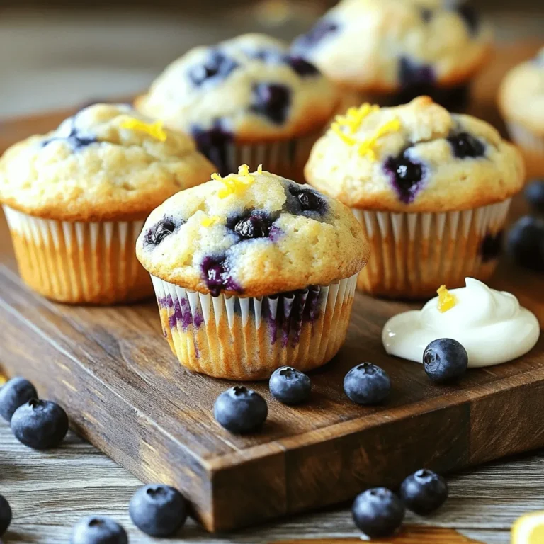 - 1 cup all-purpose flour - 1 cup whole wheat flour - 1 tablespoon baking powder - 1/2 teaspoon baking soda - 1/4 teaspoon salt I love using both all-purpose and whole wheat flour. The all-purpose flour gives the muffins a light texture. The whole wheat adds a nutty flavor and a bit of extra fiber. Mixing these flours helps balance taste and nutrition. - 1 cup plain Greek yogurt - 1/2 cup granulated sugar - 1/4 cup honey - 2 large eggs - 1 teaspoon vanilla extract - Zest of 1 lemon - Juice of 1 lemon Greek yogurt is key for moisture. It makes the muffins rich and creamy. The combination of sugar and honey gives a nice sweetness. The eggs help bind everything together. Lemon juice and zest brighten the flavor, making each bite fresh and zesty. - 1 cup fresh or frozen blueberries - 2 tablespoons melted coconut oil or butter Blueberries are the star of this recipe. They burst with flavor and add a great texture. You can use fresh or frozen. If you use frozen, they still work well! The melted coconut oil or butter adds richness, but you can skip it if you prefer a lighter muffin. You can find the full recipe for these delightful muffins online. Happy baking! First, preheat your oven to 375°F (190°C). This step is key for even baking. Next, prepare your muffin tin by lining it with paper liners or greasing the cups. This helps with easy muffin removal later. Now, let’s mix the dry ingredients. In a large bowl, combine: - 1 cup all-purpose flour - 1 cup whole wheat flour - 1 tablespoon baking powder - 1/2 teaspoon baking soda - 1/4 teaspoon salt Whisk these dry ingredients well. Make sure there are no lumps. In another bowl, add the wet ingredients. You will need: - 1 cup plain Greek yogurt - 1/2 cup granulated sugar - 1/4 cup honey - 2 large eggs - 1 teaspoon vanilla extract - Zest of 1 lemon - Juice of 1 lemon Whisk these until smooth. This helps blend all the flavors together. Now, it’s time to combine the two mixtures. Gently fold the wet ingredients into the dry ones using a spatula. Stir slowly. This helps keep your muffins light and fluffy. Don’t overmix! Overmixing makes the muffins dense. Once you see a few floury spots, stop mixing. Next, it’s time for the blueberries. Add: - 1 cup fresh or frozen blueberries - 2 tablespoons melted coconut oil or butter Fold these in gently. You want to keep the blueberries whole for bursts of flavor. Now, scoop the batter into your prepared muffin cups. Fill each cup about two-thirds full. This allows space for the muffins to rise. Place the muffin tin in your preheated oven. Bake for 18-20 minutes. To check for doneness, insert a toothpick into the center of a muffin. If it comes out clean, they are ready! After baking, let the muffins cool in the tin for about 5 minutes. This helps them set. Then, move them to a wire rack to cool completely. These steps will lead you to a batch of delicious Blueberry Lemon Yogurt Muffins. For the complete recipe, see [Full Recipe]. To get the best muffins, do not overmix the batter. Mixing too much can make the muffins tough. When you mix, just combine until you see no dry flour. This way, your muffins stay light and fluffy. When folding in the blueberries, do it gently. If you stir too hard, the berries will burst and color the batter. Just use a spatula and fold them in lightly. This keeps the berries whole and gives you lovely pops of flavor in each bite. You can add even more flavor to your muffins. Consider adding lemon zest for a bright taste. You might like to include nuts, like walnuts or pecans, for crunch. When it comes to blueberries, fresh berries taste great, but frozen ones work too. If you use frozen berries, do not thaw them first. This helps keep your batter cold, giving you a better rise. Using the right tools helps a lot. A non-stick muffin tin is your best bet. You can also use paper liners for easy cleanup. For mixing, a large bowl works well. I suggest a sturdy spatula for folding the batter. This combo makes mixing fun and easy. With the right tools, your baking will be smooth and enjoyable. For the full recipe, check out the details above. {{image_4}} You can make these muffins gluten-free. Simply replace the all-purpose flour with a gluten-free flour blend. Many blends work well, so pick one you like. Just ensure it has a good balance of starches and protein to mimic regular flour. This way, you can enjoy the same tasty muffins without the gluten. Want to mix it up? Try adding chocolate chips or walnuts for a delightful twist. They add a nice crunch and richness. You can also use other fruits like raspberries or cranberries. They pair well with the lemon and blueberry flavors. Each fruit adds its own unique taste, making each batch special. You can switch up the yogurt too. Use flavored yogurts like vanilla or lemon for extra taste. If you prefer dairy-free options, there are many great alternatives available. Look for coconut or almond-based yogurts. They keep the muffins moist and tasty, making it fun to experiment with flavors. For the full recipe, check out the details above. To keep your blueberry lemon yogurt muffins fresh, store them in an airtight container. This will keep them moist and tasty. You can keep them at room temperature for up to three days. If you want them to last longer, put them in the fridge. They can stay fresh for about a week in the refrigerator. Freezing muffins is a great way to keep them longer. To freeze, let the muffins cool completely. Then, wrap each muffin in plastic wrap. Place them in a freezer bag or container. This method helps prevent freezer burn. You can enjoy them for up to three months. When you're ready to eat a frozen muffin, take it out and let it sit at room temperature for about 30 minutes. For a warm treat, heat it in the microwave for 15-20 seconds. This will make it soft and delicious again. Blueberry lemon yogurt muffins are perfect for any time of day. I love having them for breakfast or as a snack. They also make a great dessert. To make it even better, try pairing these muffins with yogurt or a drizzle of honey. This adds a nice touch and enhances the flavor. Enjoy your muffins fresh from the oven or at room temperature! If you want to explore more recipes, check out the Full Recipe for even more delicious ideas. Blueberry lemon yogurt muffins stay fresh for about 2 to 3 days at room temperature. Keep them in an airtight container to maintain their moisture. If you store them in the fridge, they can last for up to a week. Just make sure to seal them well to prevent them from drying out. Yes, you can easily swap ingredients. If you want less sugar, use less granulated sugar or honey. For flour, you can mix all-purpose flour with whole wheat flour or use a gluten-free blend. You can also use flavored yogurt instead of plain yogurt for a fun taste twist. If your muffins turn out dense, check your mixing technique. Overmixing can cause this issue. Make sure to mix just until combined. You can also try adding a bit more baking powder or soda to lighten the texture. Lastly, ensure your ingredients are fresh, especially baking powder. To make these muffins healthier, reduce the sugar by a third. You can also replace some all-purpose flour with whole wheat flour to add fiber. Adding oats or ground flaxseed can boost nutrition without changing the flavor much. Enjoy these muffins while keeping health in mind! For the full recipe, refer to the earlier section. This blog post covered how to make delicious Blueberry Lemon Yogurt Muffins. We explored ingredients, step-by-step instructions, and tips for perfect texture. Variations like gluten-free options and different mix-ins add fun twists. Proper storage helps keep your muffins fresh. These muffins are a tasty way to enjoy healthy snacks or breakfast. Remember, baking is about having fun and experimenting. Enjoy every bite!