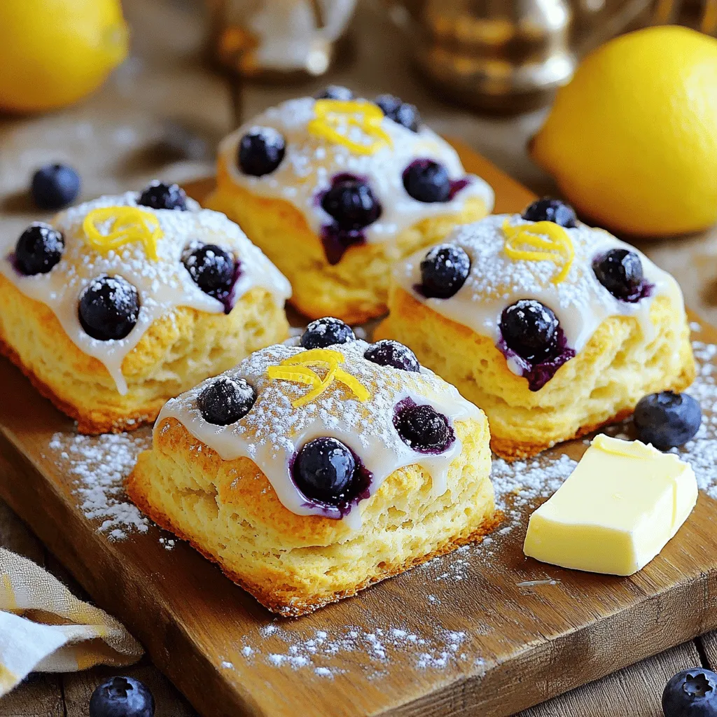 To make lemon blueberry scones, gather these simple items: - 2 cups all-purpose flour - 1/3 cup granulated sugar - 1 tablespoon baking powder - 1/2 teaspoon salt - 1/2 cup unsalted butter, chilled and cut into small cubes - 1 cup fresh blueberries (or frozen, if preferred) - Zest of 1 lemon - 1/4 cup heavy cream - 1 large egg - 1 teaspoon vanilla extract - 1 tablespoon fresh lemon juice You can swap some ingredients to suit your tastes. Here are a few ideas: - Use whole wheat flour instead of all-purpose for a nuttier flavor. - Coconut sugar works well in place of granulated sugar for a lower glycemic index. - If you want a dairy-free option, try coconut cream instead of heavy cream. - Replace the egg with a flaxseed meal mix for a vegan alternative. Using fresh blueberries gives the best flavor and texture. They burst with juice when baked. However, frozen blueberries are a great choice too. They are convenient and can still taste good. Just remember to fold them in gently. This prevents the dough from turning blue. Whether fresh or frozen, both options work well in your scone recipe. If you use frozen, do not thaw them before adding to the mix. This keeps them from getting mushy. You can find the full recipe for these delightful scones [here](#). First, preheat your oven to 400°F (200°C). This sets the perfect baking temp for our scones. While the oven heats up, line a baking sheet with parchment paper. This keeps the scones from sticking and makes cleanup easy. In a large bowl, mix the dry ingredients. Add 2 cups of flour, 1/3 cup of sugar, 1 tablespoon of baking powder, and 1/2 teaspoon of salt. Whisk these together until they are well blended. Next, add in 1/2 cup of cold, diced butter. Use your fingers or a pastry cutter to mix the butter in until it looks like coarse crumbs. Now, add 1 cup of blueberries and the zest of 1 lemon. Gently fold these into the mix without squishing the berries. In another bowl, prepare the wet ingredients. Whisk together 1/4 cup of heavy cream, 1 large egg, 1 teaspoon of vanilla extract, and 1 tablespoon of fresh lemon juice. Once mixed, pour this into the dry mix. Stir gently until the dough just comes together. It should feel a bit sticky. Turn the dough out onto a floured surface. Knead it gently a few times, just until it holds together. Pat the dough into a round shape about 1 inch thick. Use a sharp knife to cut the dough into 8 wedges. Place these on your lined baking sheet, leaving space between them. Now, they are ready for the oven. For the full recipe, check the details provided above. Enjoy making your lemon blueberry scones! To make your scones fluffy and flaky, keep your butter cold. When you mix the butter with the dry ingredients, it should stay in small chunks. This creates pockets of steam while baking, giving you that perfect texture. Also, avoid overmixing the dough. Mix just until everything comes together. A little stickiness is okay. One common mistake is using warm butter. Always use chilled butter for best results. Another mistake is overworking the dough. If you knead too much, your scones may become tough. Lastly, don’t skip chilling the dough before baking. This helps the scones hold their shape. You can boost the flavor of your scones easily. Try adding a pinch of cinnamon for warmth. Diced strawberries or raspberries can replace some blueberries for a twist. For more zing, add a teaspoon of lemon zest to the wet mix. You can also mix in some chopped nuts for crunch. These small changes can elevate your Lemon Blueberry scones and make them even more delightful. For the complete recipe, check out the Full Recipe section. {{image_4}} You can change the flavor by using other fruits. Raspberries, strawberries, or blackberries work well. Just swap them for the blueberries in the recipe. Each fruit adds a unique twist. For a mixed berry scone, combine different berries together. This gives you a colorful and tasty treat. If you need a gluten-free option, use a 1:1 gluten-free flour blend. Make sure it has xanthan gum for the right texture. The process stays the same, and you can enjoy scones that fit your diet. The taste will still be delightful and fresh. You can also spice things up with flavors. A pinch of cinnamon or nutmeg adds warmth to your scones. If you like nuts, try adding chopped walnuts or pecans. These add a nice crunch and depth of flavor. Mix these ingredients in when you add the blueberries and lemon zest. For more ideas, check the Full Recipe to explore how you can make these scones your own! To keep your leftover scones fresh, place them in an airtight container. This helps them stay soft and moist. You can add a slice of bread to the container. The bread helps keep the scones from drying out. If you want to freeze your scones, wrap each one tightly in plastic wrap. Then, place them in a freezer bag. Press out any extra air before sealing the bag. You can freeze them for up to three months. When you're ready to eat them, just thaw them in the fridge overnight. To reheat your scones, preheat your oven to 350°F (175°C). Place the scones on a baking sheet and warm them for about 5 to 10 minutes. This makes them soft and fresh again. You can also use a microwave. Heat them for about 15 to 20 seconds. Enjoy your warm lemon blueberry scones with a cup of tea! For the full recipe, check out the earlier section. Fluffy scones come from the right balance of dry and wet ingredients. You need to use cold butter and avoid overmixing. The butter creates air pockets as it melts, which helps the scones rise. Baking powder also plays a key role. It gives the scones lift during baking, making them light and airy. Yes, you can make these scones ahead. Prepare the dough and cut it into wedges. Then, wrap them well and place them in the fridge for up to 24 hours. When you're ready to bake, just pop them in the oven. If you want to freeze them, wrap the unbaked scones tightly and store them for up to three months. Bake straight from the freezer; they may need a few extra minutes. Serve these scones warm for the best taste. You can add a drizzle of glaze made with powdered sugar and lemon juice. Pair them with butter or clotted cream for a rich flavor. For a fun twist, enjoy them with fresh fruit or a dollop of jam. These scones shine as a breakfast treat or afternoon snack. Scones come from the UK, with roots in Scotland. People often served them with tea. The lemon blueberry version is a modern twist that adds bright flavor. This combination reflects a love for fresh fruit and citrus in baked goods. Now, you can find these scones in cafes and bakeries worldwide, making them a beloved treat for many. This blog post covers all you need for perfect lemon blueberry scones. We discussed ingredients, offering substitutes when needed. I shared steps for mixing and shaping your dough, plus tips for a flaky texture. You learned how to store and reheat your scones. Enjoy the flexibility of variations and try different fruits or gluten-free options. Baking should be fun, so don’t stress about mistakes. With practice, you’ll create sunny, delicious scones every time. Now, gather your ingredients and get baking!
