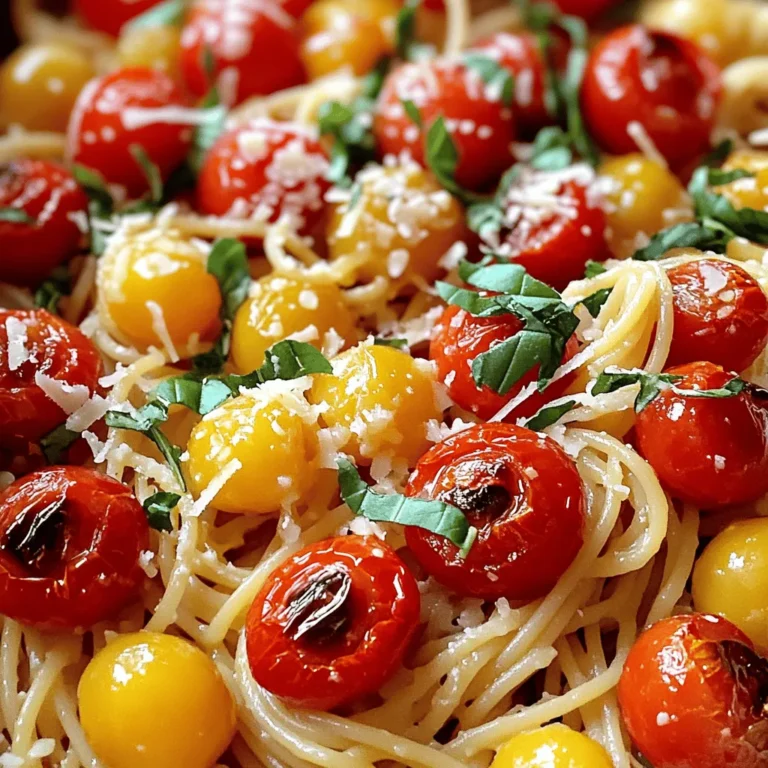 - 1 pound spaghetti or your favorite pasta - 8 cloves garlic, unpeeled - 4 cups cherry tomatoes, halved - 1/4 cup extra-virgin olive oil, divided - 1 teaspoon dried oregano - 1 teaspoon red pepper flakes - Sea salt and freshly ground black pepper, to taste - 1/4 cup fresh basil, finely chopped - 1/2 cup freshly grated Parmesan cheese (optional for serving) When making roasted garlic and tomato pasta, the ingredients play a huge role. First, let’s talk about the main components. For your pasta, I like using spaghetti, but you can choose any pasta you love. The garlic gives a rich flavor, and the cherry tomatoes add sweetness. Next, we have essential seasonings. Extra-virgin olive oil is key. It helps blend all the flavors. Dried oregano brings an herbal note, while red pepper flakes add a kick. You can adjust the spice to your liking. Finally, for the final touches, season with sea salt and black pepper to taste. Fresh basil adds a pop of color and flavor. Lastly, if you like cheese, sprinkle some Parmesan on top. This creates a creamy finish. Check out the full recipe for step-by-step instructions. Enjoy your cooking! - Preheat oven to 400°F (200°C). - Prepare a baking sheet with garlic and tomatoes. Start by preheating your oven. This step helps cook the garlic and tomatoes well. Next, take a large baking sheet. Spread the unpeeled garlic and halved cherry tomatoes on it evenly. - Coat with olive oil, oregano, and red pepper flakes. - Roast for 20-25 minutes. Drizzle half of the olive oil over the garlic and tomatoes. Sprinkle dried oregano and red pepper flakes on top. Toss everything gently so it’s well coated. Place the baking sheet in the oven. Roast for 20 to 25 minutes. Watch for the tomatoes to burst and the garlic to soften. - Boil salted water and cook pasta to al dente. - Reserve 1 cup of pasta cooking water. While the veggies roast, boil a large pot of salted water. Once boiling, add your pasta. Cook it until it’s al dente, which means it’s firm but not hard. Before you drain the pasta, save one cup of the pasta water. - Squeeze roasted garlic into a mixing bowl. - Create the sauce with roasted veggies and pasta. Once the garlic and tomatoes are done roasting, let them cool a bit. Squeeze the soft garlic from its skin into a mixing bowl. Mash it until smooth. Then, add the roasted tomatoes and their juices to the bowl. Mix in the rest of the olive oil and a splash of the reserved pasta water. - Toss pasta in sauce and adjust consistency. - Incorporate fresh basil and season to taste. Add the drained pasta into the mixing bowl. Toss it gently to coat the pasta in sauce. If the sauce is too thick, stir in more reserved pasta water until it looks just right. Finally, mix in the fresh basil, and taste it. Adjust the seasoning with sea salt and black pepper as needed. For the full recipe, check out the detailed instructions above. Enjoy your Roasted Garlic and Tomato Pasta! To roast garlic and tomatoes well, keep your oven at 400°F (200°C). This heat helps the tomatoes blister and the garlic sweeten. Timing is key; roast them for 20-25 minutes. Keep an eye on them to prevent burning. If you see browning too fast, lower the heat slightly or take them out earlier. Always use salt in your pasta water. Salt helps flavor the pasta. You want your water to taste like the sea. For al dente pasta, check the package for cooking times. Usually, it takes about 8-10 minutes. Taste a piece a minute before the time is up. It should be firm but not hard. For a nice presentation, serve the pasta in shallow bowls. Drizzle a bit of extra-virgin olive oil on top for shine. Add a sprinkle of fresh basil leaves for color. If you like, top it with grated Parmesan cheese. This adds flavor and makes the dish look fancy. For more ideas, check the Full Recipe. {{image_4}} You can switch up the pasta for this dish. If you need gluten-free options, try rice or corn pasta. Whole wheat pasta adds a nutty flavor and more fiber. Changing the shape of your pasta can also make your dish fun. Try penne, farfalle, or fusilli for a different look and texture. To make your dish heartier, add proteins like grilled chicken or shrimp. These options add good taste and nutrition. You can also mix in seasonal vegetables. Spinach, zucchini, or bell peppers will boost freshness and color. Fresh herbs, like parsley or thyme, can elevate the flavors. If you like heat, increase the red pepper flakes. For less spice, use fewer flakes or skip them. You can also try other spices. A pinch of smoked paprika or Italian seasoning will give new flavors. Experiment with what you enjoy! To store leftovers, let the pasta cool to room temperature. Place it in an airtight container. This keeps the flavors fresh. Use a glass or plastic container with a tight seal. Avoid metal containers, as they can affect the taste. When reheating, aim for gentle heat. Use low to medium heat on the stovetop. This prevents overcooking the pasta. If you choose the microwave, cover the dish to keep moisture in. Heat in short bursts, stirring in between. Add a splash of water or olive oil if it seems dry. For freezing, let the pasta cool completely first. Use freezer-safe containers or bags. Remove as much air as possible to prevent freezer burn. To thaw, place it in the fridge overnight. Reheat gently on the stovetop or microwave. The pasta may lose some texture, but the flavor remains delicious. Yes, you can prep some parts early. Roast the garlic and tomatoes the day before. Store them in the fridge. The next day, cook your pasta and mix it with the roasted veggies. This keeps the flavors fresh. You can also make the sauce ahead. Just reheat it gently before serving. If you want a cheese swap, try nutritional yeast. It gives a cheesy taste without dairy. Vegan cheese shreds also work well. Look for brands that melt nicely when heated. These options keep the dish creamy and flavorful. Good news! This dish is already vegetarian. It uses garlic, tomatoes, and herbs. You can enhance it by adding veggies like spinach, mushrooms, or zucchini. These add more flavor and nutrition. Several sides work well with this pasta. A simple green salad adds freshness. Garlic bread is a classic choice. You can also serve steamed vegetables for a healthy touch. Try a caprese salad for a nice twist. These sides will make your meal complete. This blog post covers everything for a great Roasted Garlic and Tomato Pasta. You learned about the core ingredients, essential seasonings, and final touches that make this dish shine. The step-by-step instructions guide you through prepping, roasting, and combining the ingredients. Plus, helpful tips ensure perfect results every time. Explore variations to personalize your dish or learn proper storage techniques for leftovers. Enjoy making this easy recipe that brings flavor to your table! It’s more than just pasta; it’s a delightful meal you can share.