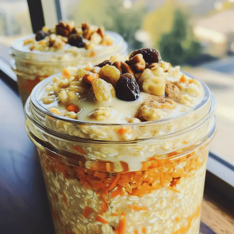 - 1 cup rolled oats - 1 cup unsweetened almond milk - 1 medium carrot, finely grated - 1/4 cup Greek yogurt (optional) - 2 tablespoons maple syrup (or honey) - 1 teaspoon vanilla extract - 1/2 teaspoon ground cinnamon - 1/4 teaspoon ground nutmeg - 1/4 cup raisins or sultanas - 2 tablespoons chopped walnuts or pecans - A pinch of salt To make carrot cake overnight oats, you need simple ingredients. The rolled oats act as a base. Almond milk adds creaminess. You can use any milk you like. The finely grated carrot gives this dish its signature flavor. Greek yogurt makes it super creamy, but it’s optional. Maple syrup or honey adds sweetness. Vanilla extract, ground cinnamon, and nutmeg bring warmth. Raisins or sultanas add chewiness. Lastly, walnuts or pecans give crunch. - Alternative milks: You can swap almond milk for oat, soy, or coconut milk. Each milk adds a unique flavor. - Sweetener variations: If maple syrup isn’t available, you can use agave or brown sugar. - Nut options: If you’re allergic to nuts, try seeds like sunflower or pumpkin seeds. - Choosing quality carrots: Look for firm, bright orange carrots. They should feel heavy and have no soft spots. Fresh carrots make a big difference in taste. - How to select ripe bananas if using: If you want to add bananas, choose ones that are yellow with a few brown spots. This means they are sweet and ready to use. First, grab a medium-sized bowl. Pour in 1 cup of rolled oats and 1 cup of unsweetened almond milk. Stir the oats and milk together well. Make sure every oat is soaked in the milk. This step is key for soft oats. Next, add in the grated carrot. Use one medium carrot, finely grated for best texture. If you want extra creaminess, add 1/4 cup of Greek yogurt. Then, sprinkle in 2 tablespoons of maple syrup, 1 teaspoon of vanilla extract, 1/2 teaspoon of ground cinnamon, and 1/4 teaspoon of ground nutmeg. Don’t forget a pinch of salt. Mix everything until you have a creamy blend. Now, gently fold in 1/4 cup of raisins. If you like nuts, add 2 tablespoons of chopped walnuts or pecans. Set aside a few nuts to use later for garnish. This adds nice texture and crunch to your oats. Seal the mixture in jars or airtight containers. Refrigerate them for at least 4 hours. If you can, let them chill overnight. This time allows the oats to soak up the milk and flavors, making them soft and tasty. When you are ready to eat, take the jars out of the fridge. Give the oats a good stir. If they seem too thick, add a splash of almond milk for your desired creaminess. Finally, top with the reserved nuts, a sprinkle of cinnamon, and a dollop of yogurt if you wish. This makes your breakfast look and taste great. For the full recipe, check the recipe section above. Enjoy your delicious carrot cake overnight oats! Soaking the oats is key. Oats need time to absorb the liquid. I recommend letting them sit overnight. This helps them get soft and creamy. If you find them too thick, add more almond milk. This balance gives you a smooth base. Adjusting ingredient ratios can also help. If you want a richer taste, add more Greek yogurt. For a sweeter bite, increase the maple syrup. Each small change can alter the final taste and texture. Spices make a big impact in this recipe. Adding ground ginger brings a warm kick. It pairs well with cinnamon and nutmeg. You can also experiment with coconut or chocolate chips. Both add a new layer of flavor. Coconut gives a tropical twist, while chocolate adds sweetness. Try a mix to find your favorite combo. Making these oats in bulk saves time. You can prepare several jars at once. Store them in the fridge for quick breakfasts. This way, you have a nutritious meal ready to grab. For easy grab-and-go options, use small jars. They fit in lunch bags and are simple to carry. Plus, you can eat them anywhere. Just remember to give them a good stir before diving in. For the full recipe, check out the complete instructions provided earlier. {{image_4}} To boost protein in your carrot cake overnight oats, try adding protein powder. You can use whey protein, which mixes well. If you prefer plant-based options, look for pea or brown rice protein. These are great for vegan diets and still pack a protein punch. Want to change things up? Add a tropical twist with diced pineapple. This sweet fruit pairs nicely with carrot. You could also try chocolate carrot cake oats. Mix in cocoa powder for a rich flavor. Both options keep breakfast fun and exciting! Make your oats seasonal! In fall, spice things up with pumpkin puree and pumpkin spice. This gives a cozy flavor perfect for cooler days. In spring, swap in fresh berries like strawberries or blueberries. They add a fresh taste and vibrant color. Each of these variations brings new life to your oats. For more ideas, don’t forget to check out the Full Recipe! To keep your carrot cake overnight oats fresh, store them in the fridge. Use airtight containers or jars to avoid spills and keep the flavor intact. The oats stay good for about 3 to 5 days. If you want the best taste, eat them within the first two days. Yes, you can freeze overnight oats! Freezing works well if you want to make a batch ahead. To freeze, place the oats in a freezer-safe jar. Leave some space at the top, as they will expand. When ready to eat, move them to the fridge overnight to thaw. You can also heat them in the microwave if you prefer warm oats. Glass jars are my favorite for storing oats. They are sturdy and easy to clean. Look for containers with airtight lids. This helps keep your oats fresh longer and prevents any odors from the fridge from seeping in. Make sure the seals are tight to lock in all the yummy flavors from your carrot cake overnight oats. Overnight oats can last up to five days in the fridge. Store them in an airtight container. This way, they stay fresh and tasty. I recommend eating them within three days for the best flavor and texture. Yes, you can make overnight oats without yogurt. If you want a creamy texture, try using extra almond milk. You can also use mashed banana or applesauce for added creaminess. Both options work well and keep your oats delicious. If you need an alternative to almond milk, use any milk you like. Options include oat milk, soy milk, or coconut milk. Each has its own flavor and texture, so feel free to experiment. Just pick one that suits your taste. Yes, you can enjoy overnight oats warm. To heat them up, simply transfer the mixture to a microwave-safe bowl. Warm it in the microwave for about 30 seconds. Stir well and check the temperature. Add a splash of milk if it gets too thick. To make carrot cake overnight oats vegan, swap regular yogurt for a plant-based yogurt. You can also use maple syrup instead of honey. All other ingredients can stay the same. This way, you can still enjoy a tasty and healthy breakfast without any animal products. For the full recipe, check out the Carrot Cake Overnight Oats section above. This blog post explored making delicious carrot cake overnight oats. We covered the key ingredients, tasty variations, and helpful tips. You can mix and match ingredients to suit your taste. Remember to store them properly to enjoy all week. Overnight oats are easy and fun to prepare. Try new flavors and make it your own. Enjoy this nutritious breakfast that fuels your day!