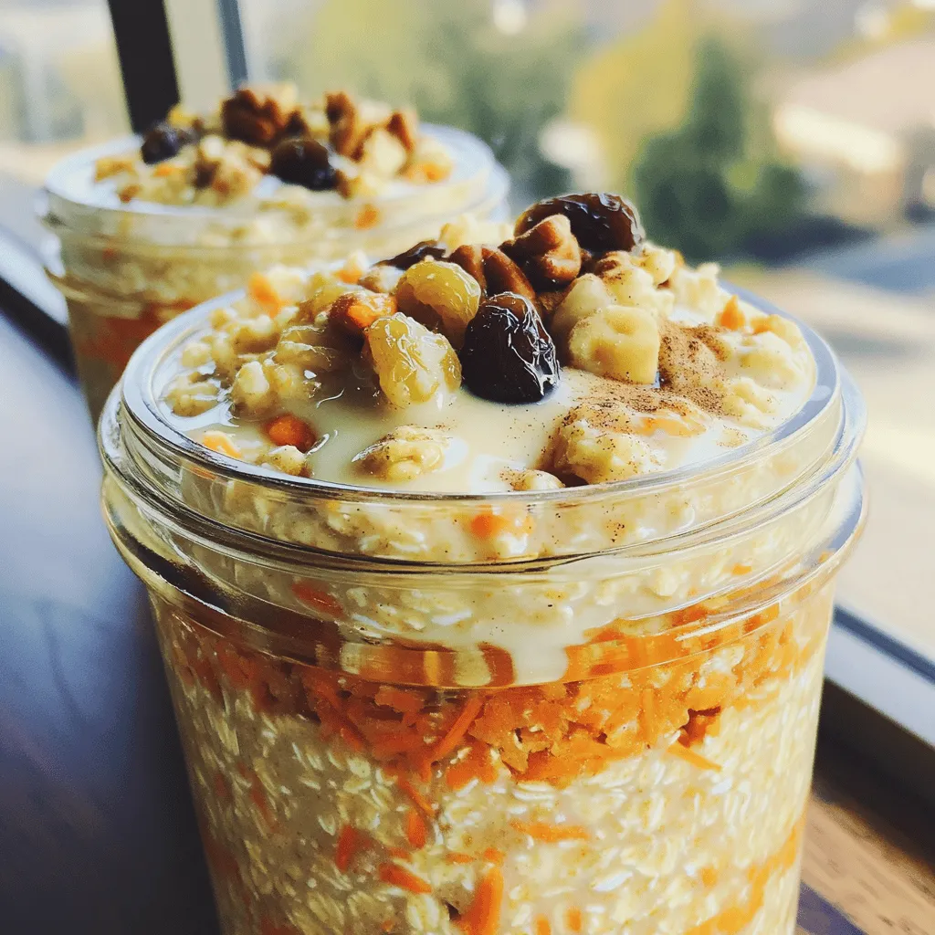 - 1 cup rolled oats - 1 cup unsweetened almond milk - 1 medium carrot, finely grated - 1/4 cup Greek yogurt (optional) - 2 tablespoons maple syrup (or honey) - 1 teaspoon vanilla extract - 1/2 teaspoon ground cinnamon - 1/4 teaspoon ground nutmeg - 1/4 cup raisins or sultanas - 2 tablespoons chopped walnuts or pecans - A pinch of salt To make carrot cake overnight oats, you need simple ingredients. The rolled oats act as a base. Almond milk adds creaminess. You can use any milk you like. The finely grated carrot gives this dish its signature flavor. Greek yogurt makes it super creamy, but it’s optional. Maple syrup or honey adds sweetness. Vanilla extract, ground cinnamon, and nutmeg bring warmth. Raisins or sultanas add chewiness. Lastly, walnuts or pecans give crunch. - Alternative milks: You can swap almond milk for oat, soy, or coconut milk. Each milk adds a unique flavor. - Sweetener variations: If maple syrup isn’t available, you can use agave or brown sugar. - Nut options: If you’re allergic to nuts, try seeds like sunflower or pumpkin seeds. - Choosing quality carrots: Look for firm, bright orange carrots. They should feel heavy and have no soft spots. Fresh carrots make a big difference in taste. - How to select ripe bananas if using: If you want to add bananas, choose ones that are yellow with a few brown spots. This means they are sweet and ready to use. First, grab a medium-sized bowl. Pour in 1 cup of rolled oats and 1 cup of unsweetened almond milk. Stir the oats and milk together well. Make sure every oat is soaked in the milk. This step is key for soft oats. Next, add in the grated carrot. Use one medium carrot, finely grated for best texture. If you want extra creaminess, add 1/4 cup of Greek yogurt. Then, sprinkle in 2 tablespoons of maple syrup, 1 teaspoon of vanilla extract, 1/2 teaspoon of ground cinnamon, and 1/4 teaspoon of ground nutmeg. Don’t forget a pinch of salt. Mix everything until you have a creamy blend. Now, gently fold in 1/4 cup of raisins. If you like nuts, add 2 tablespoons of chopped walnuts or pecans. Set aside a few nuts to use later for garnish. This adds nice texture and crunch to your oats. Seal the mixture in jars or airtight containers. Refrigerate them for at least 4 hours. If you can, let them chill overnight. This time allows the oats to soak up the milk and flavors, making them soft and tasty. When you are ready to eat, take the jars out of the fridge. Give the oats a good stir. If they seem too thick, add a splash of almond milk for your desired creaminess. Finally, top with the reserved nuts, a sprinkle of cinnamon, and a dollop of yogurt if you wish. This makes your breakfast look and taste great. For the full recipe, check the recipe section above. Enjoy your delicious carrot cake overnight oats! Soaking the oats is key. Oats need time to absorb the liquid. I recommend letting them sit overnight. This helps them get soft and creamy. If you find them too thick, add more almond milk. This balance gives you a smooth base. Adjusting ingredient ratios can also help. If you want a richer taste, add more Greek yogurt. For a sweeter bite, increase the maple syrup. Each small change can alter the final taste and texture. Spices make a big impact in this recipe. Adding ground ginger brings a warm kick. It pairs well with cinnamon and nutmeg. You can also experiment with coconut or chocolate chips. Both add a new layer of flavor. Coconut gives a tropical twist, while chocolate adds sweetness. Try a mix to find your favorite combo. Making these oats in bulk saves time. You can prepare several jars at once. Store them in the fridge for quick breakfasts. This way, you have a nutritious meal ready to grab. For easy grab-and-go options, use small jars. They fit in lunch bags and are simple to carry. Plus, you can eat them anywhere. Just remember to give them a good stir before diving in. For the full recipe, check out the complete instructions provided earlier. {{image_4}} To boost protein in your carrot cake overnight oats, try adding protein powder. You can use whey protein, which mixes well. If you prefer plant-based options, look for pea or brown rice protein. These are great for vegan diets and still pack a protein punch. Want to change things up? Add a tropical twist with diced pineapple. This sweet fruit pairs nicely with carrot. You could also try chocolate carrot cake oats. Mix in cocoa powder for a rich flavor. Both options keep breakfast fun and exciting! Make your oats seasonal! In fall, spice things up with pumpkin puree and pumpkin spice. This gives a cozy flavor perfect for cooler days. In spring, swap in fresh berries like strawberries or blueberries. They add a fresh taste and vibrant color. Each of these variations brings new life to your oats. For more ideas, don’t forget to check out the Full Recipe! To keep your carrot cake overnight oats fresh, store them in the fridge. Use airtight containers or jars to avoid spills and keep the flavor intact. The oats stay good for about 3 to 5 days. If you want the best taste, eat them within the first two days. Yes, you can freeze overnight oats! Freezing works well if you want to make a batch ahead. To freeze, place the oats in a freezer-safe jar. Leave some space at the top, as they will expand. When ready to eat, move them to the fridge overnight to thaw. You can also heat them in the microwave if you prefer warm oats. Glass jars are my favorite for storing oats. They are sturdy and easy to clean. Look for containers with airtight lids. This helps keep your oats fresh longer and prevents any odors from the fridge from seeping in. Make sure the seals are tight to lock in all the yummy flavors from your carrot cake overnight oats. Overnight oats can last up to five days in the fridge. Store them in an airtight container. This way, they stay fresh and tasty. I recommend eating them within three days for the best flavor and texture. Yes, you can make overnight oats without yogurt. If you want a creamy texture, try using extra almond milk. You can also use mashed banana or applesauce for added creaminess. Both options work well and keep your oats delicious. If you need an alternative to almond milk, use any milk you like. Options include oat milk, soy milk, or coconut milk. Each has its own flavor and texture, so feel free to experiment. Just pick one that suits your taste. Yes, you can enjoy overnight oats warm. To heat them up, simply transfer the mixture to a microwave-safe bowl. Warm it in the microwave for about 30 seconds. Stir well and check the temperature. Add a splash of milk if it gets too thick. To make carrot cake overnight oats vegan, swap regular yogurt for a plant-based yogurt. You can also use maple syrup instead of honey. All other ingredients can stay the same. This way, you can still enjoy a tasty and healthy breakfast without any animal products. For the full recipe, check out the Carrot Cake Overnight Oats section above. This blog post explored making delicious carrot cake overnight oats. We covered the key ingredients, tasty variations, and helpful tips. You can mix and match ingredients to suit your taste. Remember to store them properly to enjoy all week. Overnight oats are easy and fun to prepare. Try new flavors and make it your own. Enjoy this nutritious breakfast that fuels your day!