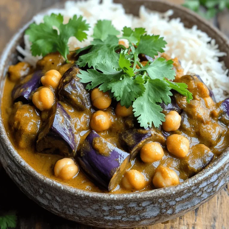 For a great eggplant and chickpea curry, you need some key ingredients. Here’s what you’ll need: - 1 large eggplant, diced into bite-sized cubes - 1 (15 oz) can of chickpeas, thoroughly drained and rinsed - 1 medium onion, finely chopped - 2 cloves garlic, minced - 1-inch piece of fresh ginger, grated These ingredients bring out the best flavors. The eggplant adds a rich texture. Chickpeas give protein and heartiness. Onions, garlic, and ginger provide a wonderful base. Spices make this dish pop with flavor. Here are the key spices you should have: - 2 tablespoons curry powder - 1 teaspoon turmeric powder - Salt and freshly cracked pepper, to taste Curry powder gives the dish its main flavor. Turmeric adds a warm color and depth. Always adjust salt and pepper based on your taste. Every curry needs a creamy base to bring it all together. Use these liquids: - 1 (14 oz) can of coconut milk - 1 cup diced tomatoes (can be fresh or canned) Coconut milk creates a rich and creamy sauce. Diced tomatoes add freshness and balance the spices. Together, they make the dish comforting and enjoyable. For the complete preparation, check out the Full Recipe. Start by heating olive oil in a large skillet over medium heat. Add the chopped onion. Sauté it until it turns soft and clear, about five minutes. Stir occasionally to prevent it from burning. Next, add the minced garlic and grated ginger. Cook this mix for one minute. You want it to smell good. Now, sprinkle in the curry powder and turmeric. Stir this for about 30 seconds. This toasts the spices and brings out their flavors. Time to add the star of the dish! Toss in the diced eggplant. Stir well to coat it with the spices. Let it cook for about five to seven minutes. Stir occasionally until it starts to soften. Next, add the diced tomatoes and coconut milk to the skillet. Gently mix in the chickpeas. Season with salt and pepper to your taste. Bring the curry to a gentle simmer. Cover the skillet and let it cook for 15 to 20 minutes. Stir it occasionally. This helps the eggplant become tender and the flavors meld together. Before serving, taste the curry. Adjust the seasoning as needed. You may want to add more salt, pepper, or spices. Let it rest for a few minutes after cooking. This helps the flavors develop more. Enjoy your flavorful and simple eggplant and chickpea curry! For the full recipe, check out the details above. To make your eggplant and chickpea curry stand out, focus on toasting spices. Toasting spices brings out their oils and deepens their flavor. Heat the spices for just a short time in the oil before adding other ingredients. This step is easy and makes a big difference. Cooking eggplant to perfection is also key. Eggplant can absorb a lot of oil, so don’t add too much at first. Cook it until it's tender but not mushy. This keeps the texture nice and adds depth to your dish. Pair this curry with rice or naan. Both options soak up the rich sauce well. Basmati rice adds a fluffy texture that contrasts nicely with the creamy curry. Warm naan bread is perfect for scooping up the curry. Garnish your dish with fresh cilantro. It adds a burst of color and brightness. Just sprinkle some on top before serving. This small step can elevate your dish's look and taste. One common mistake is overcooking the eggplant. It can turn mushy, losing its shape and texture. Keep an eye on it while it cooks, stirring occasionally. Another mistake is ignoring seasoning adjustments. Always taste your curry before serving. You might need to add more salt, pepper, or spices to get the flavor just right. Each ingredient plays a role, so this step is vital. For the full recipe, check the section above. {{image_4}} You can easily change the recipe by swapping legumes. Instead of chickpeas, try lentils or black beans. They bring unique textures and flavors. You can also mix them for a hearty dish. For vegetables, feel free to use zucchini, bell peppers, or spinach. Each adds a different taste and nutrition. Remember to adjust cooking times for firmer veggies like carrots. To change the spice level, add chili powder or fresh chilies. If you want it spicy, use one or two chopped green chilies. For a mild version, skip the heat or add a touch of sugar. This balances the spices and keeps it tasty. This dish is naturally vegan. You can enjoy rich flavors without any animal products. If you want a creamier texture, try a vegan yogurt option on top. For gluten-free diets, ensure your curry powder is free of gluten. Always check labels to be safe. Pair it with gluten-free rice or bread for a complete meal. If you want more details, check the Full Recipe. To keep your eggplant and chickpea curry fresh, let it cool. Place it in an airtight container. Refrigerate it within two hours of cooking. It stays good for about three to four days. If you want to enjoy it later, be sure to label the container with the date. You can freeze this curry for longer storage. Use a freezer-safe container or a heavy-duty freezer bag. Leave some space at the top, as it will expand when frozen. It’s best to freeze it within a day or two of cooking. The curry can last for up to three months in the freezer. When ready to enjoy, thaw it overnight in the fridge. Reheat your curry using the stovetop or microwave. For the stovetop, pour the curry into a pot on medium heat. Stir it often to avoid sticking. Heat until it is hot throughout, about 5-10 minutes. If using a microwave, place it in a microwave-safe bowl. Cover it loosely and heat in 1-minute bursts, stirring in between, until hot. Enjoy your meal quickly after reheating for the best taste. For the full recipe, check out the detailed steps to make this delicious dish. Making eggplant and chickpea curry takes about 35 minutes. You will need 10 minutes to prep and 25 minutes to cook. This makes it a great dish for a quick weeknight meal. You can use frozen eggplant, but fresh is best. Frozen eggplant may lose some texture. If using frozen, thaw it first and drain any excess moisture. This helps maintain the dish's taste and consistency. Serve this curry with cooked basmati rice or warm naan bread. Both options soak up the sauce well. You can also add a side of yogurt or a simple salad for freshness. Yes, this recipe is healthy. Eggplant is low in calories and high in fiber. Chickpeas provide protein and essential nutrients. Coconut milk adds healthy fats, making this dish both nutritious and satisfying. Yes, you can make this curry in a slow cooker. Start by sautéing the onion, garlic, and ginger in a pan. Then add all the ingredients to the slow cooker. Cook on low for 6-8 hours or high for 3-4 hours. Enjoy the rich flavors that develop over time. For the [Full Recipe], check the earlier sections. This blog post shared a simple recipe for eggplant and chickpea curry. You learned about key ingredients like eggplant, chickpeas, and spices. We walked through easy steps to cook and finish the dish. I offered tips for best flavor and common mistakes to avoid. You also found variations, storage tips, and answers to frequently asked questions. Enjoy your curry adventure, and feel free to tweak the recipe. Happy cooking!