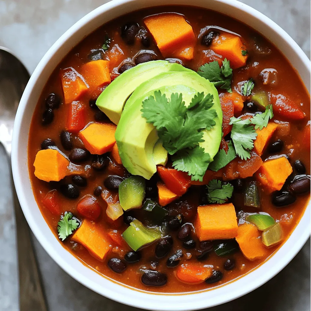 - 2 medium sweet potatoes, peeled and diced into 1-inch cubes - 1 can (15 oz) black beans, drained and thoroughly rinsed - 1 can (14 oz) diced tomatoes, with juice - 1 cup vegetable broth or stock - 1 medium onion, diced - 2 cloves garlic, minced - 1 bell pepper (red or green), diced - 1 tablespoon chili powder - 1 teaspoon ground cumin - 1/2 teaspoon smoked paprika - Salt and freshly ground black pepper to taste - 2 tablespoons extra virgin olive oil - Fresh cilantro leaves, chopped, for garnish - Avocado slices, for topping (optional) This chili combines sweet potatoes, black beans, and tomatoes for a hearty dish. Sweet potatoes add natural sweetness, while black beans provide protein and texture. Diced tomatoes bring acidity and moisture. The vegetable broth gives depth to the flavor. You can add onion, garlic, and bell pepper for a flavor boost. The seasoning mix of chili powder, cumin, and smoked paprika creates a warm, inviting taste. For a fresh touch, use chopped cilantro and creamy avocado as toppings. These optional garnishes add color and flavor. Serve this chili hot for a comforting meal. Check out the Full Recipe for all the details! 1. Start by heating the olive oil in a large pot over medium heat. 2. Once the oil is hot, add the diced onion and bell pepper. 3. Sauté the veggies for about 5 minutes. Stir often until the onion looks clear and soft. 4. Next, add the minced garlic, chili powder, ground cumin, and smoked paprika to the pot. 5. Cook for one more minute while stirring to let the spices mix well and smell great. 1. Now, it’s time to add the diced sweet potatoes. Stir them in and cook for another 5 minutes. 2. Pour in the diced tomatoes with their juice, along with the vegetable broth. 3. Mix everything together well, making sure the sweet potatoes are coated in the liquid. 1. Raise the heat to bring the chili to a gentle boil. 2. Once boiling, lower the heat and cover the pot. Let it simmer for about 20 minutes. 3. Check if the sweet potatoes are soft enough to pierce with a fork. 4. After 20 minutes, stir in the rinsed black beans. 5. Simmer for an additional 5 minutes to make sure everything is heated through. 6. Finally, taste the chili and add salt and black pepper as needed for extra flavor. For the full recipe, check out the complete instructions. To get the best texture from sweet potatoes, cut them into even 1-inch cubes. This helps them cook evenly. Boiling them until fork-tender can make them mushy, so keep an eye on the pot. For spice lovers, you can adjust the heat by adding more chili powder or fresh jalapeños. Start small and taste as you go. You can always add more! Chili pairs well with many sides. Cornbread is a classic choice. You can also serve it with tortilla chips for crunch. When it comes to bowls, use colorful ones to make the dish pop. Top your chili with fresh cilantro and avocado slices. A wedge of lime adds a nice zing. This makes your dish look and taste great! Sweet potatoes are rich in vitamins A and C. They also have fiber that aids digestion. Black beans are packed with protein, making this chili filling and nutritious. Using fresh ingredients boosts flavor and health. Fresh veggies have more nutrients than canned ones. This chili is not just tasty; it’s good for you too! For the full recipe, check out the Full Recipe section. {{image_4}} You can swap out the black beans for other beans like kidney or pinto beans. You can also use chickpeas for a different taste. If you want extra veggies, try adding corn or zucchini. For meat lovers, you can add ground turkey or beef. Brown the meat before adding the veggies. This gives a hearty twist to the sweet potato black bean chili. To take your chili to the next level, try adding different spices. Consider using smoked chili powder or even a pinch of cinnamon for warmth. If you like heat, add chopped jalapeños or a splash of hot sauce. This adds a nice kick and balances the sweetness of the sweet potatoes. Chili is so versatile! Serve it over rice or quinoa for a filling meal. This adds texture and helps soak up the sauce. Another fun idea is to make chili-stuffed bell peppers. Just hollow out some peppers, fill them with the chili, and bake until the peppers are tender. This makes for a great presentation and a tasty twist on the classic dish. To keep your Sweet Potato Black Bean Chili fresh, use airtight containers. Glass or plastic containers with tight lids work best. You can also use resealable bags if you squeeze out the air first. Your chili will stay good in the fridge for about 4 to 5 days. Just make sure it cools down before you store it. Freezing chili is a great way to save it for later. To freeze, let the chili cool completely. Then, pour it into freezer-safe containers or bags. Leave some space at the top since the chili will expand when it freezes. It will last about 3 months in the freezer. When you’re ready to eat, take the chili out and thaw it in the fridge overnight. If you're in a hurry, you can also use the microwave. Just make sure to stir it while reheating to warm it evenly. Enjoy your meal as if it was just made! For the complete recipe, check out the Full Recipe. To make this chili, follow these steps: 1. Sauté Vegetables: Heat olive oil in a large pot. Add diced onion and bell pepper. Cook for about 5 minutes until soft. 2. Add Spices: Mix in minced garlic, chili powder, cumin, and smoked paprika. Cook for 1 more minute. 3. Incorporate Sweet Potatoes: Add diced sweet potatoes. Stir and cook for 5 minutes. 4. Combine Tomatoes and Broth: Pour in diced tomatoes and vegetable broth. Mix well. 5. Simmer: Bring to a boil, then lower the heat and cover. Let it simmer for 20 minutes. 6. Add Black Beans: Stir in rinsed black beans and cook for another 5 minutes. 7. Season: Taste and add salt and pepper as needed. 8. Serve: Garnish with cilantro and avocado slices if you like. You can find the Full Recipe [here](#). Yes, you can use fresh black beans. - Preparation: You must soak the beans overnight. This helps them cook evenly. - Cooking Time: Fresh beans take longer to cook. Boil them for about 1-1.5 hours before adding to the chili. Using fresh beans gives a great texture and taste, but it requires more time. To add spice, try these methods: - Chili Powder: Increase the amount of chili powder. - Jalapeños: Add diced jalapeños when you sauté the vegetables. - Hot Sauce: Drizzle hot sauce on top before serving. Feel free to adjust the spice level to fit your taste! This chili is packed with nutrients: - Sweet Potatoes: High in vitamins A and C. Great for your immune system. - Black Beans: A good source of protein and fiber. They help keep you full. - Vegetables: Onions and peppers add vitamins and minerals without many calories. Enjoying this chili means you get a tasty meal that’s also good for you. Yes, you can make this chili ahead of time. - Meal Prep: Cook the chili and let it cool. Store in a container. - Best Practices: Refrigerate for up to 3 days. For longer storage, freeze it in portions. Reheat in the microwave or on the stove before serving. Making it in advance saves time and enhances flavors! This blog post covered everything you need for Sweet Potato Black Bean Chili. We explored the main and optional ingredients, provided step-by-step instructions, and shared useful tips. Remember, using fresh ingredients boosts flavor and health benefits. Feel free to adjust spices or try different variations to make it your own. Enjoy this comforting dish, whether you serve it plain or dressed with toppings! Happy cooking!