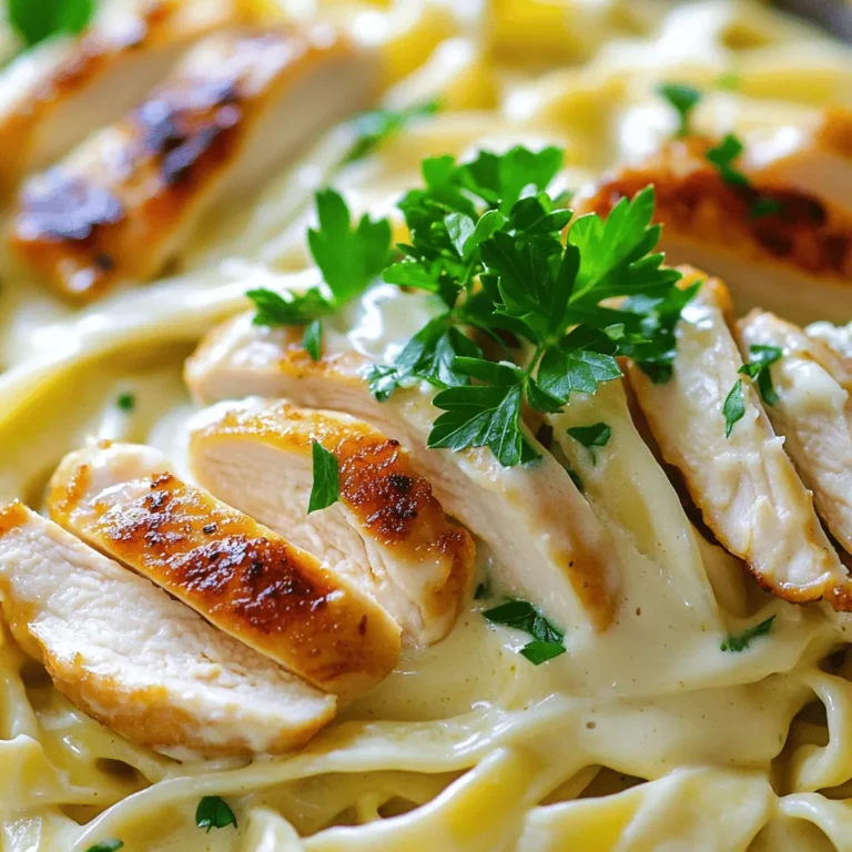 - 8 ounces fettuccine pasta - 2 boneless, skinless chicken breasts - 1 tablespoon olive oil - Salt and freshly ground black pepper, to taste - 3 cloves garlic, minced - 1 cup heavy cream - 1 cup freshly grated Parmesan cheese - 1 teaspoon garlic powder - 1 teaspoon Italian seasoning - Fresh parsley, finely chopped (for garnish) Gathering the right ingredients makes all the difference. I always choose high-quality fettuccine. The fresh pasta has a great texture and taste. For the chicken, boneless and skinless are the best options. They cook evenly and stay juicy. I love using fresh garlic. It adds an amazing flavor to the dish. Heavy cream gives your sauce that rich, creamy feel. Freshly grated Parmesan cheese melts beautifully and adds depth to the flavor. - Pair with a simple salad - Serve with steamed vegetables - Try garlic bread on the side A fresh salad balances the richness of the Alfredo. You can serve it with steamed broccoli or green beans. Garlic bread is perfect for dipping in the creamy sauce. - Choose high-quality fettuccine for the best taste. - Fresh Parmesan beats pre-grated for flavor. When picking fettuccine, look for brands that use durum wheat. This type of wheat gives a nice bite. For cheese, always go for fresh grated over pre-grated. Pre-grated cheese often has additives that affect the melt. For the full recipe, check the detailed instructions. Happy cooking! To cook your fettuccine, follow these simple steps: 1. Fill a large pot with water and add a good amount of salt. 2. Bring the water to a rolling boil over high heat. 3. Add the fettuccine to the boiling water. 4. Cook according to the package instructions, usually around 8-10 minutes. 5. Stir occasionally to prevent sticking. 6. Check for al dente texture by tasting a piece. 7. If it’s firm but cooked, it’s ready! 8. Before draining, save about 1 cup of the pasta water. 9. Drain the rest and set the pasta aside. For the best al dente texture: - Use plenty of water to give the pasta room to move. - Avoid overcooking; it should have a slight bite to it. Seasoning your chicken is key for great flavor. Here’s how: 1. Take two boneless, skinless chicken breasts. 2. Sprinkle both sides with salt and freshly ground black pepper. 3. Add garlic powder and Italian seasoning for extra taste. Once cooked, resting the chicken is very important. - This helps keep the juices inside, making it moist. - Let it rest for a few minutes before slicing it into strips. Creating the Alfredo sauce is simple but needs care. 1. In a large skillet, lower the heat to medium. 2. Add the minced garlic to the skillet and sauté for about 1 minute. 3. Stir often, so the garlic does not burn. 4. Gradually pour in the heavy cream and mix well. 5. Bring it to a gentle simmer, stirring continuously. For the perfect sauce consistency: - Slowly whisk in the freshly grated Parmesan cheese. - If it’s too thick, stir in some reserved pasta water until it’s creamy. Now it’s time to bring everything together! 1. Add the cooked fettuccine right into the skillet with the sauce. 2. Gently toss the pasta to coat it well in the creamy sauce. 3. Slice the rested chicken breasts and place them on top of the pasta. For a nice presentation: - Garnish with finely chopped fresh parsley. - This adds color and a fresh taste to the dish. Enjoy making this creamy Chicken Fettuccine Alfredo with the full recipe provided! - Overcooking fettuccine: This can ruin the dish. Always check the pasta a minute before the time on the package. It should be firm but not hard. Al dente pasta gives the best texture. - Burning the garlic: Garlic adds great flavor, but it can burn quickly. Cook it on low heat for about a minute. Stir often to keep it from browning. Burnt garlic can make the sauce taste bitter. - Suggestions for additional ingredients: For a richer sauce, add cream cheese or mascarpone. You can also stir in some spinach or sun-dried tomatoes for more flavor and color. - Adjustments for different tastes: If you like a kick, try adding a pinch of red pepper flakes. For a zestier flavor, mix in a squeeze of lemon juice or some zest. - Prepping ingredients ahead of time: Chop the garlic, season the chicken, and measure the cream before you start cooking. This keeps things moving quickly and smoothly. - One-pan cooking method: Cook your chicken and sauce in the same pan for easy cleanup. After cooking the chicken, just add the garlic and cream to the same skillet. This way, you build flavor without extra dishes. For the full recipe, check out the detailed steps provided earlier! {{image_4}} You can add a variety of vegetables to your Chicken Fettuccine Alfredo. This not only boosts the flavor but also adds color and nutrition. Consider using: - Broccoli florets - Spinach - Peas - Bell peppers - Zucchini To incorporate vegetables, steam or sauté them first. Add them to the skillet after cooking the chicken. Toss the veggies with the Alfredo sauce and pasta for a seamless mix. If you want to swap out chicken, there are many tasty options. You can use: - Shrimp - Tofu - Grilled salmon - Turkey For a vegetarian version, use chickpeas or mushrooms. Both add protein and flavor. Just cook them in the same way as you would the chicken, seasoning them well. You can easily add new flavors to your dish. Try adding: - A pinch of red pepper flakes for heat - Fresh basil or thyme for herbal notes - A squeeze of lemon for brightness You can also experiment with different cheeses. Instead of Parmesan, try: - Pecorino Romano - Asiago - Gruyère These simple twists can make your Chicken Fettuccine Alfredo unique and exciting. The Full Recipe will guide you through the basics to start your cooking adventure! To keep your Easy Chicken Fettuccine Alfredo fresh, use airtight containers. Glass or plastic containers work well. Make sure the pasta cools down first. Store it in the fridge. It stays good for about three days. If you plan to eat it later, avoid adding the chicken or sauce until you're ready. When it comes to reheating, the stovetop is best. Heat a skillet over low heat. Add a splash of water or cream to keep it moist. Stir gently to avoid burning. If you use a microwave, cover the bowl with a lid. Heat in short bursts, stirring in between. This helps keep the pasta from drying out. Yes, you can freeze Chicken Fettuccine Alfredo! To do this, place it in freezer-safe containers. Leave some space at the top for expansion. It’s best to freeze it without the chicken for better texture. To thaw, place it in the fridge overnight. Reheat slowly, adding a bit of cream or water to revive the sauce. To reheat Fettuccine Alfredo, use a skillet. Add a splash of milk or cream. Heat over low heat. Stir often to keep it creamy. This prevents the sauce from clumping. If needed, add more liquid until it’s smooth. You can also use the microwave. Heat in short bursts, stirring between. Yes, you can use other pasta types. Penne, linguine, or even rotini work well. Just remember to adjust cooking times. Each pasta has a different cooking time. Ensure you cook until al dente for the best texture. Yes, you can make a dairy-free version. Use cashew cream or coconut milk instead of heavy cream. Nutritional yeast can replace Parmesan cheese for flavor. Vegan butter can be used for richness. These swaps allow you to enjoy the dish without dairy. It takes about 25 minutes to make this dish. You’ll spend 10 minutes prepping ingredients. Cooking the pasta and chicken takes about 15 minutes. This quick meal is perfect for busy nights. Pair it with a fresh green salad. Garlic bread complements the creamy dish well. You might also enjoy steamed vegetables. A light white wine can enhance the meal, too. These sides balance the richness of the pasta nicely. You can create a delicious Chicken Fettuccine Alfredo using simple ingredients and methods. We explored the best selections for pasta and cheese, cooking techniques, and serving ideas. Remember to avoid common mistakes like overcooking the pasta. With a few easy tweaks, you can customize this dish to your taste. Store your leftovers correctly to enjoy this meal again. Now, gather your ingredients and try making this creamy delight tonight!