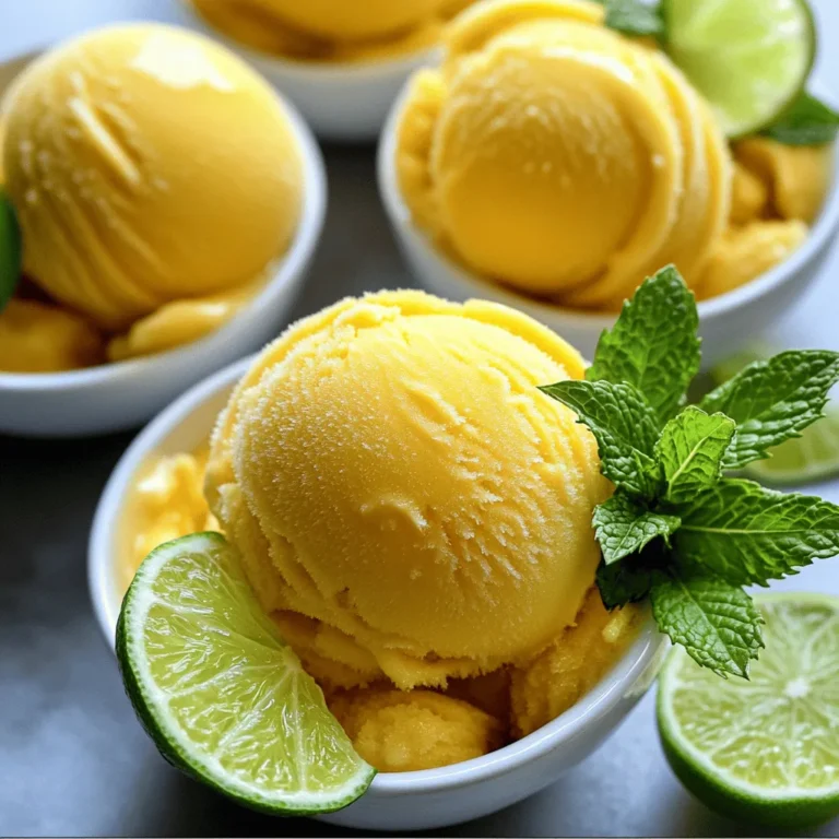 To make the best mango lime sorbet, you need fresh and ripe ingredients. Here’s what you’ll need: - 3 ripe mangoes, carefully peeled and diced - 1/2 cup fresh lime juice (about 4-5 limes) - 1/3 cup honey or agave syrup - 1 cup coconut water (or regular water) - Zest of 2 limes, finely grated - A pinch of sea salt These main ingredients blend to create a tropical flavor that is sweet and tangy. The mangoes give it a smooth texture, while lime juice adds a refreshing zing. When making sorbet, choosing the right sweetener is key. Honey offers a floral note that pairs well with mango. It’s a natural sweetener that adds depth. Agave syrup is milder and has a lower glycemic index. If you want a sweeter taste without a strong flavor, go for agave. Both options work well, so you can choose based on your preference. Feel free to customize your sorbet to suit your taste. Want a creamier texture? Add a splash of coconut milk. For a berry twist, toss in some frozen strawberries or raspberries. You could also use lemon juice instead of lime for a different tartness. Get creative and make this recipe your own! Start by washing your mangoes. Choose three ripe mangoes that smell sweet. Peel them and cut them into small pieces. This makes blending easier. Next, juice four to five limes until you have half a cup of juice. Zest two limes to add more flavor. Gather all your ingredients before blending. Place the diced mangoes, lime juice, honey, coconut water, lime zest, and sea salt in a blender. Blend on high until the mix is smooth. Taste it. If you want it sweeter, add more honey or agave syrup. Blend again to mix well. Pour the mixture into a shallow dish or a freezer-safe container. Freeze for about 30 minutes. After this time, take it out and stir with a fork. This breaks up ice crystals. Do this every 30 minutes for two to four hours. This helps your sorbet become light and fluffy. To get the best texture, stir often while freezing. If the sorbet feels too hard, let it sit at room temperature for a few minutes. This will help when you scoop it. Serve the sorbet in chilled bowls. A sprig of mint and a slice of lime on top make it look great. Enjoy your refreshing treat! To ripen mangoes, place them in a bowl at room temperature. You can speed up ripening by adding an apple or banana. These fruits release ethylene gas, which helps mangoes ripen faster. Check the mangoes daily. They should feel slightly soft when ready. A ripe mango has a sweet smell and deep color. You can change the sweetness of your sorbet easily. After blending the ingredients, taste the mixture. If it's not sweet enough, add more honey or agave syrup. Blend again to mix it well. For a less sweet sorbet, reduce the honey. Always use fresh lime juice for the best flavor balance. A good blender is key for a smooth sorbet. Look for a high-speed blender that can handle frozen fruit. If you don’t have one, you can use a food processor. For freezing, a shallow dish helps the sorbet freeze evenly. Remember to scrape the mixture every 30 minutes. This keeps it smooth and creamy. For the best results, follow the Full Recipe to guide you through the process. {{image_4}} You can make mango lime sorbet even more fun by adding other fruits. Pineapple adds a tropical twist. Strawberries give a sweet touch. Peaches add a nice, juicy flavor. Just replace part of the mango with your chosen fruit. Blend it in for a new taste. This way, you can create your own fruity mix. Herbs can change your sorbet game. Mint adds freshness, while basil gives a sweet note. Just chop the herbs finely and mix them in before blending. You can also use cilantro for a daring flavor. These herbs will make your sorbet stand out. It’s a simple way to impress guests at your next gathering. If you want a creamier sorbet, try adding coconut milk. This keeps it dairy-free and rich. You can also use almond milk for a nutty flavor. Another option is using a ripe banana. It makes the sorbet smooth and creamy without dairy. For extra texture, add chopped nuts or dark chocolate chips. Just fold them in after blending for added crunch. To keep your mango lime sorbet fresh, store it in an airtight container. This prevents ice crystals from forming and keeps the texture smooth. Make sure the container is shallow. A shallow dish helps the sorbet freeze faster and more evenly. Before sealing, press a piece of plastic wrap against the surface. This adds an extra layer of protection against freezer burn. Mango lime sorbet can last up to two weeks in the freezer. After this time, it may lose flavor and texture. To enjoy the best taste, try to eat it within the first week. If you notice any changes in color or smell, it is best to throw it away. You can tell if your sorbet has gone bad by looking for a few signs. First, check for ice crystals on the surface. Ice crystals mean it has started to lose its creaminess. Next, sniff the sorbet. If it has a sour smell, do not eat it. Lastly, if the color changes to a dull shade, it is time to discard it. Always trust your senses when it comes to food safety. To make mango lime sorbet vegan, simply use agave syrup instead of honey. This swap keeps the recipe plant-based. You can also check that your coconut water has no added sugars or dairy. Yes, you can use frozen mangoes. They work well and save time. Just let them thaw slightly before blending. This helps create a smooth texture. You can find mango lime sorbet at most grocery stores. Look in the frozen dessert aisle. Some specialty stores may have homemade versions. Always check for fresh ingredients on the label. For the full recipe, you can follow these simple steps. You'll need ripe mangoes, fresh lime juice, honey or agave, coconut water, lime zest, and a pinch of sea salt. Blend everything until smooth, then freeze. Stir every thirty minutes to get a light texture. Enjoy your homemade treat! You’ve learned how to make delicious mango lime sorbet. We covered the main ingredients, sweeteners, and customization options. I shared step-by-step instructions and tips to get the perfect texture. You can also try variations with other fruits or herbs. To keep your sorbet fresh, follow the storage guidelines. Remember, homemade sorbet is simple and fun. Enjoy trying new combinations, and you'll impress everyone with your tasty treats. Happy blending!