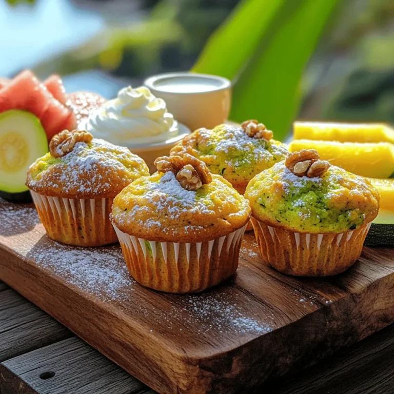 - 1 medium zucchini, finely grated - 1 cup all-purpose flour - 1 cup whole wheat flour The main star of our muffins is zucchini. It adds moisture and a soft texture. Plus, it packs in vitamins and minerals. Using both all-purpose flour and whole wheat flour gives a nice balance. This mix adds flavor and a bit of fiber. - 1 teaspoon baking soda - 1 teaspoon baking powder - 1/2 teaspoon salt - 1 teaspoon ground cinnamon - 1/2 teaspoon nutmeg Next, we need spices and leavening agents. Baking soda and baking powder help the muffins rise. Salt enhances the taste while ground cinnamon and nutmeg add warmth. These spices make your kitchen smell amazing as they bake. - 1/4 cup packed brown sugar - 1/4 cup honey For sweetness, we use brown sugar and honey. Brown sugar gives a deep flavor, while honey adds moisture. This combo makes our muffins perfectly sweet without being too sugary. You will love the taste, and they will be a hit! For the complete recipe, check out the Full Recipe. - Preheat your oven to 350°F (175°C). - Line a muffin pan with paper liners or grease each cup lightly. - Take one medium zucchini and grate it finely to prepare for mixing. - In a large bowl, combine the grated zucchini, brown sugar, honey, yogurt, eggs, and vegetable oil. Mix until smooth. - In another bowl, sift together the all-purpose flour, whole wheat flour, baking soda, baking powder, salt, ground cinnamon, and nutmeg. This helps blend the dry ingredients evenly. - Gradually fold the dry mixture into the wet ingredients using a spatula. Be gentle; over-mixing can make muffins dense. - If you want extra flavor, fold in chopped walnuts and your choice of raisins or mini chocolate chips. - Carefully fill each muffin cup about two-thirds full with batter. This allows room for the muffins to rise. - Place the muffin tin in the preheated oven and bake for 18-20 minutes. Check doneness with a toothpick; it should come out clean or with a few moist crumbs. - After baking, cool the muffins in the pan for 5 minutes. Then, transfer them to a wire rack to cool completely. For a full recipe, check out the details above. Enjoy your delicious muffins! To make great muffins, avoid over-mixing the batter. When you mix flour too much, it makes muffins dense. You want to combine the wet and dry ingredients gently. Just fold them together until you see no more dry flour. This helps keep your muffins light and fluffy. Next, ensure proper doneness. After 18 to 20 minutes, check your muffins. Insert a toothpick into the center of a muffin. If it comes out clean or with a few moist crumbs, your muffins are done. If it’s wet, give them more time. For serving, warm muffins taste best. Serve them with a light dusting of powdered sugar on top. You can also add a dollop of yogurt on the side. This adds creaminess and pairs well with the muffins. Garnish your plate with slices of fresh fruit. Seasonal fruits like berries or sliced bananas add color and flavor. This makes your breakfast not only tasty but also beautiful. Zucchini is a great ingredient for breakfast muffins. It is low in calories but high in vitamins. Eating zucchini helps support your vision and immune system. Each muffin is packed with important nutrients. Zucchini provides fiber, helping with digestion. The whole wheat flour adds extra fiber and protein. This makes your muffins a smart choice for a healthy start to your day. For the full recipe, remember to look at the section above. Enjoy making these muffins! {{image_4}} You can make your zucchini breakfast muffins even better with some fun mix-ins. Here are two great options: - Nuts and dried fruits: Adding nuts like walnuts or pecans gives a nice crunch. Dried fruits, such as raisins or cranberries, add sweetness. You can mix in half a cup of either for extra flavor. - Chocolate chips: Who doesn’t love chocolate? Mini chocolate chips blend perfectly with the muffin batter. Just fold in half a cup for a sweet twist. These additions make your muffins unique and add layers of taste. If you have specific dietary needs, you can still enjoy these muffins. Here are two easy swaps: - Gluten-free substitutions: To make these muffins gluten-free, use a gluten-free flour blend instead of all-purpose flour. You can also add a bit of xanthan gum to help with the texture. This way, everyone can enjoy them. - Vegan options: For a vegan version, replace eggs with flax eggs. Mix one tablespoon of ground flaxseed with three tablespoons of water for each egg. You can also swap yogurt for a plant-based yogurt to keep the muffins moist. With these variations, you can customize your zucchini breakfast muffins to suit your taste and dietary needs. Enjoy exploring new flavors and options! You can store your zucchini muffins at room temperature for up to three days. Place them in an airtight container. This keeps them fresh and prevents them from drying out. If you want, you can also wrap each muffin in plastic wrap. This extra layer helps keep moisture in. For longer storage, freezing muffins is a great option. First, let the muffins cool completely. Then, wrap each muffin tightly in plastic wrap. After that, place them in a freezer-safe bag or container. They can last up to three months in the freezer. When you're ready to enjoy them, simply take out the muffins and let them thaw at room temperature. You can also microwave them for a quick snack. To reheat your muffins, you have a few good options. You can use a microwave, which is fast and easy. Heat each muffin for about 15 to 20 seconds. If you prefer a crispier texture, use the oven. Preheat it to 350°F (175°C) and heat the muffins for about 10 minutes. Both methods work well, so choose what you like best! For more details on this recipe, check out the Full Recipe. To keep your zucchini muffins from being soggy, moisture control is key. Here are some tips to help: - Squeeze out excess water: After grating the zucchini, place it in a clean kitchen towel. Twist the towel to remove extra liquid. - Use less liquid ingredients: Adjust your yogurt or oil if needed. Reducing these can help balance moisture. - Add flour: If your batter looks too wet, you can mix in a little more flour. This helps absorb some of the moisture. By following these steps, you can enjoy muffins that are perfectly moist without being soggy. Yes, you can use frozen zucchini in your muffins. Here’s how: - Thaw it first: Let the zucchini thaw in the fridge overnight or for a few hours at room temperature. - Drain excess liquid: After thawing, be sure to squeeze out any extra moisture just like you would with fresh zucchini. - No need to chop: If the zucchini is already shredded, you can use it as is. Using frozen zucchini is a great way to enjoy these muffins year-round. If you need to replace eggs in your muffins, there are several great options: - Applesauce: Use 1/4 cup of unsweetened applesauce for each egg. This adds moisture and sweetness. - Mashed banana: Use 1/4 cup of mashed banana. This will also give your muffins a nice flavor. - Flaxseed meal: Mix 1 tablespoon of flaxseed meal with 2.5 tablespoons of water. Let it sit for a few minutes until it thickens. These substitutes work well and keep your muffins light and fluffy. Enjoy experimenting with your baking! You learned a lot today about making delicious zucchini muffins. We covered the main ingredients, like zucchini and various flours. I shared steps for preparation and baking, plus tips to make your muffins perfect. You can even customize them with fun flavors. Remember, these muffins are not just tasty; they're also good for you. Store them well to enjoy later. With these insights, you can bake with confidence and impress everyone around you. Happy baking!