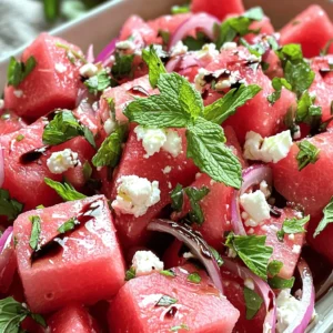 For this salad, you need a few key ingredients. Here is what you’ll need: - 4 cups fresh watermelon, cut into bite-sized cubes - 1 cup feta cheese, crumbled - 1/4 cup fresh mint leaves, finely chopped - 1/4 cup red onion, delicately thinly sliced - 2 tablespoons high-quality extra virgin olive oil - 2 tablespoons rich balsamic glaze - Sea salt and cracked black pepper, to taste Each ingredient plays a role. The watermelon gives a sweet, juicy base. Feta adds a creamy, salty touch. Mint brings freshness, while red onion adds a sharp bite. Olive oil and balsamic glaze tie everything together with richness and flavor. You can make this salad even better with some optional ingredients. Here are a few ideas: - Cucumber, for added crunch - Lime juice, for a zesty kick - Arugula, for a peppery twist - Avocado, for creaminess These extras can change the taste and texture. Feel free to be creative! Using fresh ingredients makes a big difference. Fresh watermelon is sweet and hydrating. Quality feta cheese has better taste and texture. Fresh herbs like mint enhance the aroma and flavor. When you use fresh items, the salad will taste bright and lively. It will look vibrant and inviting, too. This makes your dish not just a meal, but a delightful experience. Always choose the best ingredients for maximum flavor. For the full recipe, check out the details above. Start by cutting the fresh watermelon into cubes. Aim for bite-sized pieces. This helps each piece fit nicely in your mouth. Use about 4 cups of watermelon for a good balance. Next, grab your feta cheese. Crumble the cheese into small bits. You need about 1 cup of feta to add that creamy flavor to the salad. Now, take a big mixing bowl. Add the watermelon cubes first. Then, sprinkle the crumbled feta on top. Next, chop up 1/4 cup of fresh mint leaves. Toss the mint into the bowl for a fresh taste. Slice 1/4 cup of red onion thinly and add it as well. This gives a nice crunch and flavor. Drizzle 2 tablespoons of extra virgin olive oil over the mix. Follow this with 2 tablespoons of balsamic glaze for sweetness. Gently use a large spoon to mix everything together. Be careful not to mash the watermelon. Add sea salt and cracked black pepper to taste. Let the salad sit for about 10 minutes. This helps the flavors blend well. Serve it in a chilled bowl for a refreshing touch. You can find the full recipe details for more guidance. Enjoy your salad! When selecting a watermelon, look for one that feels heavy for its size. A ripe watermelon has a smooth skin with a uniform color. Check for a yellow spot on one side; this spot shows where the fruit rested on the ground. It should be creamy, not white. Give it a gentle tap; a deep sound means it is ripe. Avoid watermelons with soft spots or dents. If you have leftover salad, store it in an airtight container. Keep it in the fridge for up to three days. To keep the watermelon fresh, avoid mixing it with feta until serving. Store them separately to prevent sogginess. If you notice any extra moisture, drain it before serving again. You can boost the flavor of your salad in many ways. Try adding a splash of lime juice for brightness. A sprinkle of chili powder can add a fun kick. If you like crunch, consider adding nuts like walnuts or pistachios. You can even swap fresh herbs, like basil, for mint. These little changes can make your salad even more delightful. For a full recipe, explore the complete guide! {{image_4}} You can easily add pineapple to this salad. Pineapple brings a sweet and tangy flavor. Just cut it into small cubes like the watermelon. Mix it in with the watermelon and feta. This twist gives a fresh tropical feel to the dish. You can use fresh or canned pineapple, but fresh is best. This variation is perfect for summer barbecues or picnics. If you want to make your salad more filling, add grains or proteins. Quinoa or farro work well here. They add texture and keep you full longer. You can also add grilled chicken or chickpeas. These ingredients make the salad heartier. Just toss them in with the watermelon and feta. This way, you create a balanced meal that is both tasty and healthy. For a vegan option, try using plant-based feta cheese. There are many great brands available now. You can also make your own using tofu, lemon juice, and herbs. This keeps the creamy texture without dairy. Mix in the tofu like you would with feta. It adds flavor while keeping the dish fresh and light. This option is great for those who are lactose intolerant or vegan. To keep your Fresh Watermelon Feta Salad fresh, store it in an airtight container. This helps prevent the salad from drying out. Place the container in your fridge. Keep it away from foods with strong odors to maintain its fresh taste. If you need to store the salad longer, consider separating the feta and dressing. This keeps the flavors bright until you're ready to serve. When stored correctly, the salad lasts about three days in the fridge. After that, the watermelon may start to lose its crunch. The feta can also become soggy over time. Always check for any signs of spoilage before eating leftovers. If it smells off or looks different, it’s best not to eat it. Freezing Fresh Watermelon Feta Salad is not recommended. Watermelon has high water content. When frozen, it turns mushy when thawed. The feta cheese also changes texture, making it less appealing. If you want a refreshing treat, consider freezing watermelon cubes separately. You can then blend them into smoothies or use them in other recipes later. Yes, you can make this salad ahead of time. However, it is best to wait to add the dressing until you are ready to serve. This keeps the watermelon fresh and crisp. If you mix it too early, the watermelon might release water and become soggy. I suggest preparing the watermelon and feta the day before, then adding the dressing just before serving. This salad pairs well with many dishes. Serve it alongside grilled chicken or fish for a light meal. It also goes great with burgers or sandwiches. If you want a complete feast, add some crusty bread or a simple pasta salad. The fresh flavors of the salad balance rich main dishes nicely. Absolutely! This salad is healthy and refreshing. Watermelon is low in calories and high in water content, making it great for hydration. Feta adds protein and calcium, while mint gives a fresh taste. Olive oil provides healthy fats, too. Overall, it is a nutritious choice that is also delicious. Enjoy it guilt-free! In this blog post, we explored how to make a Fresh Watermelon Feta Salad. We covered key ingredients, step-by-step instructions, and useful tips to enhance flavor. Choosing fresh, ripe ingredients keeps your salad tasty and healthy. You also learned how to store leftovers and even create tasty variations. Enjoy this simple, refreshing dish that adds fun to your meals. It’s easy to prepare and always a hit at gatherings. Remember, fresh is best, so grab the ingredients and get started today!