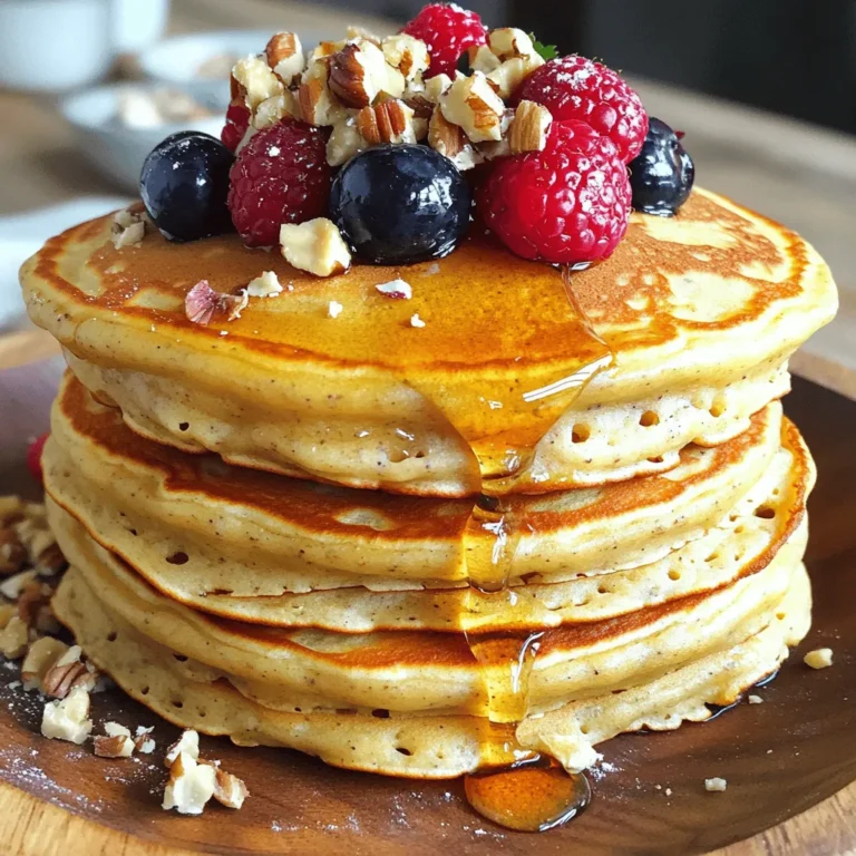 - 2 ripe bananas, mashed until smooth - 2 large eggs - 1 cup rolled oats, blended into a fine flour - 1 teaspoon baking powder - 1/2 teaspoon ground cinnamon - 1/4 cup milk of your choice (almond, oat, or whole milk) - 1 teaspoon pure vanilla extract - A pinch of salt - Coconut oil or non-stick spray for greasing the pan Bananas: They are packed with potassium, which helps your heart and muscles. Bananas also have fiber. Fiber aids in digestion and keeps you full longer. Oats: Whole grain oats provide a good source of energy. They can lower cholesterol and help with heart health. Oats are rich in vitamins and minerals. Eggs: Eggs are a great source of protein. They contain important nutrients, like vitamin D and B12. Protein helps build and repair muscles, making eggs a smart choice for breakfast. Using these ingredients makes your Healthy Banana Pancakes tasty and nutritious. You can find the full recipe above. - Step 1: Combine mashed bananas with eggs In a large bowl, take the ripe bananas and mash them well. Add the eggs to the bananas. Mix them together using a whisk until it is smooth. You want no lumps left in the mix. - Step 2: Blend rolled oats into flour Take the rolled oats and place them in a blender. Blend the oats until they turn into a fine flour. This is your homemade oat flour. - Step 3: Mix dry and wet ingredients Now, combine the oat flour, baking powder, ground cinnamon, milk, vanilla extract, and a pinch of salt with the banana-egg mix. Stir gently until everything is just mixed. Avoid overmixing to keep your pancakes fluffy. - Step 4: Preheat and grease the skillet Heat a non-stick skillet over medium heat. Lightly grease it with coconut oil or non-stick spray. This will stop the pancakes from sticking. - Step 5: Pour and cook the pancakes For each pancake, pour about 1/4 cup of batter onto the skillet. Watch for small bubbles to form on the surface. This should take about 2-3 minutes. - Step 6: Flip and finish cooking Once you see bubbles, carefully flip the pancakes. Cook them for another 2-3 minutes until they are golden brown. Remove the pancakes and cook the rest of the batter, greasing the pan as needed. Enjoy your deliciously healthy banana pancakes! For the full recipe, check the earlier sections. For smooth batter, mash the bananas well. Use a fork or potato masher. Mix the eggs until they blend completely. When you add the oat flour, stir gently. The batter should feel thick but pour easily. If it seems too runny, add a little more oat flour. If it feels too thick, a splash of milk can help. Heat your skillet to medium. Too hot, and your pancakes will burn. Too low, and they will cook slowly. A good test is to sprinkle a few drops of water. If they sizzle, it’s ready! Grease the pan lightly before each batch to keep pancakes from sticking. Stack the pancakes high on a plate for a great look. Add fresh berries on top for color. Drizzle honey or maple syrup for sweetness. A sprinkle of nuts adds crunch and flavor. You can also add yogurt for creaminess. Let your creativity shine while serving! For a fun twist, try adding a scoop of peanut butter or almond butter on the side. {{image_4}} If you're looking for gluten-free options, use almond or coconut flour. These flours work well and still taste great. They add a nutty flavor that pairs nicely with bananas. You can also mix them for added texture. For a fully vegan recipe, swap the eggs with flaxseed meal. Mix one tablespoon of flaxseed meal with three tablespoons of water. Let it sit for five minutes until it thickens. This mixture binds your pancakes just like eggs. You can also use plant-based milk, like almond or oat milk, to keep it dairy-free. Want to make your pancakes even more fun? Add chocolate chips or nuts to the batter. Dark chocolate chips melt beautifully and add richness. Walnuts or pecans give a nice crunch and flavor. You can also play with spices for flavor infusions. A pinch of nutmeg adds warmth and depth. Vanilla extract enhances the sweetness and aroma. Try different combinations to find your favorite twist. For the full recipe, check the earlier section. To keep leftover pancakes fresh, store them in the fridge. Place them in an airtight container. They can last up to three days. If you want to save them longer, try freezing them. Stack them with parchment paper between each pancake. This way, they won’t stick together. Place the stack in a freezer bag and remove as much air as you can. They can freeze well for up to three months. When you’re ready to eat, reheating is simple. The best way is to use a toaster or an oven. For the toaster, pop in one pancake at a time. Heat until warm and slightly crisp. If using the oven, preheat it to 350°F (175°C). Spread the pancakes on a baking sheet and heat for about 10 minutes. You can also microwave them, but they may lose some texture. Heat for about 20-30 seconds per pancake, checking to avoid overcooking. Enjoy your tasty pancakes warm! Can I make these pancakes without eggs? Yes, you can. Use 1/4 cup of unsweetened applesauce instead of eggs. This acts as a binder. The pancakes will still be tasty and fluffy. How ripe should the bananas be? You want your bananas to be very ripe. Look for bananas with brown spots. They are sweeter and mix better into the batter. What can I use instead of oats? You can use almond flour or coconut flour. These options work well if you need a gluten-free recipe. Just adjust the liquid since these flours absorb more moisture. Why are my pancakes too dense or too runny? If your pancakes are dense, you might have overmixed the batter. Mix just until combined. If they are runny, add a bit more oat flour to thicken it. Tips for adjusting cooking time or temperature Cook on medium heat to get a nice golden color. If your pancakes cook too fast, lower the heat. If they take too long, raise it slightly. Always keep an eye on them! In this post, we explored how to make healthy banana pancakes. We looked at the simple ingredients and their benefits. I shared step-by-step instructions for cooking and tips for perfect results. You also learned about variations and how to store leftovers. Enjoy making these tasty pancakes. They are easy, healthy, and fun to modify. With a bit of creativity, you can make breakfast exciting every time. So grab the ingredients and start cooking today!