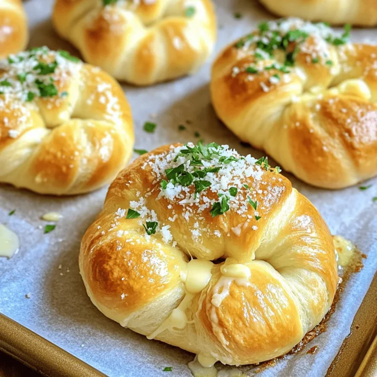 - 1 package (16 oz) refrigerated pizza dough - 4 tablespoons unsalted butter, melted - 4 cloves garlic, minced - ½ cup grated Parmesan cheese - 2 tablespoons fresh parsley, finely chopped - 1 teaspoon garlic powder - ½ teaspoon salt - ¼ teaspoon black pepper When it comes to making Garlic Parmesan Knots, the ingredients are key. Each one plays a part in creating that delicious flavor. Pizza dough is the base. Choose a good quality, refrigerated pizza dough. It saves time and makes the process easier. Unsalted butter adds richness. You will melt this butter to mix with the garlic. It gives the knots a tasty coating. Next is garlic. I use fresh garlic for its strong flavor. Mincing it helps release its oils, packing a punch. Parmesan cheese brings a salty, nutty taste. Grate it finely so it melts well on the knots. Fresh parsley adds color and a light taste. It brightens the dish and makes it look nice. Garlic powder boosts the garlic flavor. It blends well with the melted butter. Salt and black pepper round out the flavors. They ensure each bite is savory. - Baking sheet - Parchment paper - Mixing bowl - Pastry brush - Knife or pizza cutter Having the right tools makes cooking easier. A baking sheet is essential for holding your knots. Parchment paper prevents sticking and makes cleanup simple. A mixing bowl is needed for your garlic butter. Use a pastry brush to spread the butter on the knots. Finally, a knife or pizza cutter helps you cut the dough into strips. These tools will help you create perfect knots every time. For the full recipe, check out the detailed steps to bring these knots to life! - Preheat the oven to 400°F (200°C). - Prepare the baking sheet with parchment paper. Before you start, get the oven hot. This step helps the knots bake evenly. Lining the baking sheet with parchment paper keeps the knots from sticking. It also makes cleaning easier. - Roll out the pizza dough and cut into strips. - Tie each strip into a knot and place on the baking sheet. Take your refrigerated pizza dough and roll it out on a floured surface. Aim for about ¼ inch thick. Then use a knife or pizza cutter to slice the dough into 1-inch wide strips. Each strip should be about 6 inches long. Now, tie each strip into a simple knot. Tuck the ends underneath to make them look neat. Place the knots on your baking sheet with some space between them. This allows them to rise while baking. - Combine melted butter, garlic, garlic powder, salt, and black pepper. In a mixing bowl, mix together melted butter, minced garlic, garlic powder, salt, and black pepper. Stir well until all ingredients combine. This garlic butter will give your knots a rich flavor. - Coat knots with garlic butter and sprinkle cheese and parsley. - Bake for 12-15 minutes until golden brown. Use a pastry brush or spoon to coat each knot with the garlic butter mixture. Be generous! After that, sprinkle grated Parmesan cheese and chopped parsley over the top. Then, place the baking sheet in the oven. Bake for 12 to 15 minutes. Keep an eye on them as they bake. Look for a golden brown color, which means they are ready. To get the best garlic taste, use fresh garlic. Fresh garlic has a bright and strong flavor. You can also mix in garlic powder for an extra kick. Try adding a pinch of red pepper flakes for heat. It gives a nice twist to the flavor. For soft yet chewy knots, don’t roll the dough too thin. Aim for about ¼ inch thick. This helps keep them fluffy. Watch the time closely while baking. If you overbake, they will turn hard. Bake until they are golden brown, then remove them right away. You can prepare these knots in advance. Shape them and place them on the baking sheet. Cover them and chill in the fridge for up to 24 hours. For longer storage, freeze the unbaked knots. When ready to bake, just pop them in the oven straight from the freezer. They take a little longer to cook, so add a few extra minutes. {{image_4}} You can switch up the cheese in your knots. Try using mozzarella or cheddar instead of Parmesan. Both will melt wonderfully and add a rich taste. For an even cheesier bite, place some cheese inside the knots before you tie them. This will give you a gooey, cheesy surprise with each bite. Herbs can add a new dimension to your knots. Fresh rosemary or oregano gives a bright flavor. You can also create a garlic herb butter. Just mix your melted butter with chopped herbs. This will coat the knots in a fragrant layer of flavor. If you love heat, add red pepper flakes to your garlic butter. This gives the knots a warm kick. For a fun twist, make taco-inspired garlic knots. Mix in taco seasoning and top with shredded cheese. These will be a hit at any gathering. For the full recipe, check out the Garlic Parmesan Knots 🥖🧄 section above. To keep leftover Garlic Parmesan Knots fresh, store them in an airtight container. This keeps them soft and tasty. If you do not have a container, wrap them tightly in plastic wrap or foil. You can store them at room temperature for up to two days. For longer storage, place them in the fridge for up to a week. When you want to enjoy your Garlic Parmesan Knots again, you can reheat them quickly. Use the oven for best results. Preheat it to 350°F (175°C). Place the knots on a baking sheet and warm them for about 5 to 8 minutes. This will help keep them soft and crisp. If you are short on time, you can use the microwave. Place the knots on a microwave-safe plate. Heat them in short bursts, about 10 to 15 seconds. Check after each burst to avoid sogginess. Enjoy them warm! Yes, you can use homemade pizza dough. Make sure it is soft and easy to handle. Roll it out to about ¼ inch thick. Cut it into 1-inch wide strips, then tie them into knots. Follow the same steps for coating with garlic butter and baking. You can serve these knots with many tasty sides. Try marinara sauce for dipping. It adds a nice tomato flavor. You can also serve them with garlic aioli or ranch dressing. A side salad or soup pairs well too, enhancing your meal. Your knots are done when they turn a golden brown. They should feel firm to the touch but still soft inside. Check the bottom; it should be lightly browned. If they look too dark, take them out right away to avoid burning. In this post, we covered how to make Garlic Parmesan Knots. We started with the ingredients and tools needed, then I outlined each step—from prepping the oven to baking. I shared tips for great flavor, texture, and variations you can try. These knots are simple to make and perfect for any meal. Enjoy them fresh or reheat leftovers easily. Dive into your kitchen and create these tasty treats today!