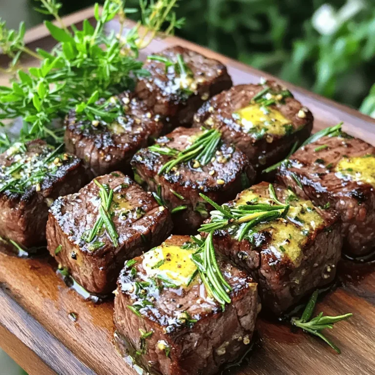 - 1 lb sirloin steak - 4 tablespoons unsalted butter - 5 cloves garlic - Fresh herbs (rosemary, thyme) - Salt and black pepper The main ingredients make this dish shine. Sirloin steak is tender and flavorful. It cooks quickly, making it ideal for quick meals. The butter adds richness, while garlic gives a bold taste. Fresh herbs like rosemary and thyme enhance the flavors. Don't forget to season with salt and pepper to make everything pop. - Fresh parsley - Additional herbs Garnishes add a nice touch. Fresh parsley brightens the dish and adds color. You can also use more herbs to boost flavor. A sprinkle of these garnishes makes the meal look appealing. The right garnishes can make your garlic butter steak bites even more special. For the full recipe, check out the detailed instructions. - Pat the steak cubes dry with paper towels. - Season all sides with salt and black pepper. Drying the steak helps it sear better. Moisture can cause steaming, which prevents a good crust. Seasoning is key for flavor. Use enough salt and pepper to coat each cube evenly. This step is quick but makes a big difference. - Sear in a skillet over medium-high heat. - Cook in batches for even results. Heat a large skillet, then add 2 tablespoons of butter. When it foams, place half the steak cubes in a single layer. Sear them for about 2-3 minutes. Look for a rich brown crust. This shows they are ready to flip. Remove them from the skillet and set aside. Repeat with the second batch, adding more butter if needed. Cooking in batches ensures each piece cooks evenly. - Add garlic and fresh herbs. - Mix everything well at the end. Lower the heat to medium-low after all steak bites are cooked. Return all the steak to the skillet. Add minced garlic, chopped rosemary, and thyme. Stir often and cook for another 1-2 minutes. The garlic should smell fragrant and turn golden. Remove from heat and mix in the last tablespoon of butter. This adds richness. Taste the steak bites and adjust the seasoning if needed. Garnish with fresh parsley before serving. For the full experience, you can check the Full Recipe. - Achieving the perfect sear: To get that rich crust, dry the steak cubes well. Moisture can steam the meat. Use a hot skillet with enough butter. Sear each side for 2-3 minutes. Don't overcrowd the pan. This step is key for great flavor. - Selecting the right cut of steak: Sirloin steak is excellent for this recipe. It offers good flavor and tenderness. You can also use ribeye or tenderloin. Choose cuts that are well-marbled. Marbling adds extra flavor and juiciness. - Adjusting seasoning to taste: Start with salt and pepper, then taste. You can always add more. A pinch of smoked paprika gives a nice kick. Experiment with spices you love. Each cook can make it their own. - Marinating options for added flavor: For more depth, marinate the steak before cooking. A simple mix of soy sauce, garlic, and olive oil works well. Let it sit for at least 30 minutes. This adds flavor and tenderizes the meat. - Serving suggestions: Arrange the steak bites on a large platter. Sprinkle fresh herbs on top for color. Serve with toothpicks for easy eating. This makes it fun and casual. - Best side dishes to complement the meal: Garlic butter steak bites pair well with creamy mashed potatoes. Sautéed green beans or a fresh salad also work nicely. Choose sides that balance the richness of the bites. For a special touch, consider serving with a dipping sauce. For the full recipe, check out the detailed instructions on making these delicious garlic butter steak bites. {{image_4}} You might wonder if you can use other cuts of meat. Yes, you can! Here are some good alternatives for sirloin steak: - Tenderloin - Ribeye - Flank steak Each cut brings a unique flavor and texture. Flank steak offers a chewier bite, while tenderloin is super tender. Adjust your cooking time based on the cut you choose. You can also switch up the herbs. If you don’t have rosemary or thyme, try these: - Oregano - Basil - Parsley Using different herbs can change the whole flavor. Fresh herbs work best, but dried ones can work too. Just use less dried herbs since they are stronger in taste. Garlic butter steak bites are very versatile. You can enjoy them in many ways! Try these ideas: - In tacos with fresh salsa - Over a salad with crunchy greens - On a skewer for a fun appetizer These servings make the bites easy to share. You can also pair them with sauces or dips. Some tasty options include: - Creamy ranch dressing - Spicy aioli - Sweet chili sauce These dips add extra flavor. They make every bite even more exciting! To keep your garlic butter steak bites fresh, store them in an airtight container. Place the container in the fridge. They will last up to three days this way. Make sure to cool them before packing. This helps avoid condensation and soggy bites. For longer storage, you can freeze the leftovers. Use a freezer-safe bag or container. Remove as much air as possible before sealing. They can last up to three months in the freezer. When ready to eat, let them thaw in the fridge overnight. To enjoy your garlic butter steak bites again, reheat them gently. The best way is to use a skillet over low heat. Add a bit of butter to keep them moist. Stir occasionally until warmed through. You can also use the microwave, but it may dry them out. If you use this method, heat in short bursts. Start with 30 seconds and check often. Aim for an internal temperature of 165°F for safe eating. For the best flavor and texture, reheating slowly is key. Enjoy your tasty bites just like the first time! You can find the full recipe [here](#). It takes about 20 minutes to cook garlic butter steak bites. You spend 10 minutes prepping the ingredients and another 10 minutes cooking them. This quick cook time makes it easy to enjoy a tasty meal in no time. Yes, you can use other cuts of steak. Ribeye, filet mignon, or flank steak work well. Just remember to adjust the cooking time based on the cut you choose. Each cut has its own flavor and texture, so pick one you like best. You can serve garlic butter steak bites with various sides. Here are some great options: - Creamy mashed potatoes - Sautéed vegetables like green beans or broccoli - Fresh salad with light dressing - Crispy garlic bread These sides add flavor and balance to your meal. You can also use toothpicks for easy serving at parties or gatherings. For more ideas, check out the Full Recipe for garlic butter steak bites. It offers tips on presentation and other serving suggestions. In this post, we covered how to make garlic butter steak bites using simple ingredients. You learned about the key steps, from preparing the steak to combining it with garlic butter. We also shared tips for cooking and presented flavor variations to try. Finally, we discussed storage tricks and answered common questions. Keep this recipe handy for a quick and tasty meal. Enjoy your cooking and the delicious bites you create!