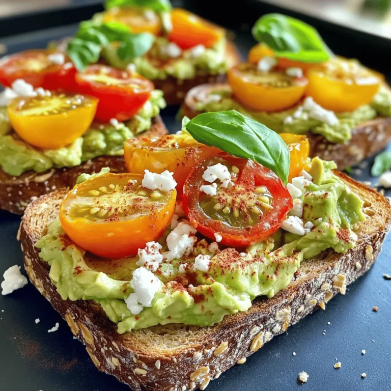 To make creamy avocado toast, you need these fresh ingredients: - 4 ripe avocados - 8 slices of whole grain bread - 1 tablespoon fresh lemon juice - ½ teaspoon garlic powder - ½ teaspoon smoked paprika - Salt and black pepper, to taste - 1 cup cherry tomatoes, halved - Fresh basil leaves for garnish These ingredients come together to create a bright and tasty dish. The avocados provide creaminess, while the lemon juice adds a zing. Garlic powder and smoked paprika give the avocado spread a delicious depth. You can customize your toast with these optional toppings: - Crumbled feta cheese - Red chili flakes - A drizzle of balsamic glaze These extras let you explore different flavors. Feta adds a salty kick, while red chili flakes bring heat. Balsamic glaze offers a sweet contrast. Feel free to mix and match to suit your taste! Avocados are not just tasty; they also pack a punch in nutrition. They are rich in healthy fats, which can help lower bad cholesterol. They also contain fiber, which aids digestion. Plus, avocados are high in vitamins C, E, and K, supporting your immune system and skin health. Eating avocados promotes heart health and keeps you feeling full longer. This creamy avocado toast is not only a simple delight but a smart choice for your meals. For the full recipe, check out the detailed instructions! To make creamy avocado toast, start by toasting your bread. Use a toaster or a skillet. Aim for a golden brown color. This creates a firm base for your toppings. While the bread toasts, cut the ripe avocados in half. Remove the pits carefully. Use a spoon to scoop the soft flesh into a bowl. Next, add fresh lemon juice, garlic powder, smoked paprika, salt, and black pepper. Mix these into the avocado. Use a fork to mash it until creamy. It should still have some small chunks for texture. Taste it and adjust the seasoning if needed. Once the bread is ready, spread the avocado mix generously over each slice. Make sure to cover the bread completely. For the best toast, choose whole grain bread. It adds flavor and nutrition. Toasting in a skillet gives a nice crispness. Preheat the skillet over medium heat. Add a bit of olive oil for extra flavor. If using a toaster, toast twice for extra crunch. Keep an eye on the bread to avoid burning. Perfect toast should be firm and golden. To achieve the best creaminess, use ripe avocados. They should yield slightly when pressed. Start mashing with a fork in a bowl. Press down firmly to break it up. Mix in your other ingredients as you mash. This helps blend the flavors well. You want a creamy texture, but some chunks are great for bite. Don’t over-mash; keep it fun and textured. For the full recipe, you can check out the [Full Recipe]. When choosing avocados, look for ones that feel slightly soft when you gently squeeze them. A ripe avocado should give a little but not feel mushy. Check the skin color too; darker skin often means it's ripe. If you find hard avocados, leave them at room temperature for a few days to ripen. You can speed this up by placing them in a paper bag with a banana. If you have leftover avocado mixture, store it in an airtight container. To keep it fresh, add a layer of plastic wrap on top, pressing it directly against the surface. This prevents air from causing browning. You can also add a little extra lemon juice for added protection. Serve your creamy avocado toast with fresh toppings for added flavor and fun. Consider adding sliced radishes for crunch, or a poached egg for protein. You can also try smoked salmon or a sprinkle of nuts for extra texture. Customize each slice to create a unique bite every time. For the full recipe, check out the detailed steps and enjoy this simple dish! {{image_4}} Let’s get creative with your creamy avocado toast! You can mix and match toppings to make each bite special. Here are some ideas: - Crumbled feta cheese: This adds a salty kick. - Red chili flakes: For a spicy touch, sprinkle these on top. - Balsamic glaze: Drizzle it for a sweet and tangy flavor. - Radish slices: These add crunch and a peppery note. - Sliced boiled eggs: They provide extra protein and creaminess. You can change the whole vibe of your toast with different flavors. Here are some tasty combos: - Spicy: Mash in jalapeños or add hot sauce for heat. - Mediterranean: Mix in olives, sun-dried tomatoes, and a bit of oregano. - Mexican: Top with black beans, corn, and a squeeze of lime. - Asian: Add sesame seeds, soy sauce, and sliced green onions. Avocado toast is great for everyone! Here are some easy swaps: - Vegan bread: Choose gluten-free bread to keep it vegan and gluten-free. - Nutritional yeast: Use this instead of cheese for a cheesy flavor. - Chickpeas: Mash these into the avocado for added protein and flavor. - Hummus: Spread a layer of hummus under the avocado for extra creaminess. Feel free to explore these variations and make this dish your own. For the full recipe, check the recipe section above. If you have leftover toast, store it in an airtight container. This keeps it from getting soggy. You can also wrap it in foil or plastic wrap. Toast is best eaten fresh, but you can enjoy it later. Just reheat it in a toaster or oven to bring back its crunch. To keep avocados fresh, sprinkle lemon juice on the cut side. The acid slows browning. Cover the avocado tightly with plastic wrap. You can also store it in an airtight container. Place the pit back in the unused half to help it stay fresh longer. If you prepare avocado toast but can't eat it right away, store it carefully. Place the toast in a container with a lid. Avoid stacking to prevent sogginess. When ready to eat, reheat it for a few minutes in an oven. This brings back the crispy texture. For the best taste, enjoy it fresh if you can. Check out the Full Recipe for more tips! To make creamy avocado toast, you need ripe avocados, whole grain bread, and a few spices. Start by toasting the slices of bread until golden brown. Next, cut the avocados in half, remove the pits, and scoop the flesh into a bowl. Add lemon juice, garlic powder, smoked paprika, salt, and pepper. Mash the mixture until creamy but slightly chunky. Spread it on the toast, top with cherry tomatoes, and finish with fresh basil. For full details, check out the Full Recipe. Avocados are packed with good fats. They are rich in fiber, which helps digestion. They also contain vitamins like C, E, K, and B6. These nutrients support heart health and skin. Eating avocados can also boost your mood and give you energy. Plus, they can help lower cholesterol! You can prepare the avocado mixture ahead of time. Store it in an airtight container with lemon juice to prevent browning. However, I advise against toasting the bread too early. Toasted bread tastes best fresh and crunchy. Assemble your avocado toast right before serving for the best flavor and texture. Whole grain bread is my go-to choice. It adds a nice nutty flavor and fiber. Sourdough is also excellent for a tangy twist. Gluten-free bread works well too. Choose a bread that you enjoy, as it will make your toast even better! Creamy avocado toast is simple and delicious. You learned the key ingredients, from ripe avocados to tasty toppings. Following the steps ensures the perfect texture and creaminess. Remember to choose ripe avocados and store them right. You can explore unique flavor combos for a fun twist. This dish offers great health benefits and endless variations. Enjoy making this tasty treat!