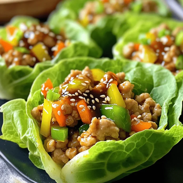 - 1 pound ground chicken - 1 tablespoon sesame oil - 2 cloves garlic, minced - 1 inch fresh ginger, finely grated - 1 small bell pepper, finely diced (any color) - 1 medium carrot, grated - 3 green onions, sliced (reserve half for garnishing) - 1/4 cup soy sauce (low-sodium if preferred) - 2 tablespoons hoisin sauce - 1 tablespoon rice vinegar - 1 teaspoon sriracha (adjust to suit your spice preference) When making Asian Chicken Lettuce Cups, the ingredients are key. Each one adds its own flavor. Ground chicken serves as the main protein. It cooks quickly and absorbs flavors well. The sesame oil adds a nice touch of nuttiness. Garlic and ginger provide a fresh, zesty kick. For the vegetables, bell pepper, carrot, and green onions brighten the dish. They give it color and crunch. You can choose any bell pepper color you like. The grated carrot adds sweetness. Green onions bring a mild onion flavor. The sauces and seasonings are where the magic happens. Soy sauce gives a savory base. Hoisin sauce adds sweetness and depth. Rice vinegar brings acidity, balancing the flavors. Sriracha adds heat, which you can adjust to your taste. This mix of ingredients makes for a tasty and fun meal. You can find the full recipe below to guide you through the cooking process. To start, heat sesame oil in a large skillet over medium-high heat. Wait until the oil shimmers. Then, add minced garlic and grated ginger. Sauté this mix for about 30 seconds. When it smells great and turns light gold, it's ready. Next, add the ground chicken to the skillet. Break it into smaller pieces with a spatula. Cook this for about 5-7 minutes. You want the chicken to brown and be fully cooked. Once the chicken is cooked, it’s time to add some color. Toss in the finely diced bell pepper, grated carrot, and half of the sliced green onions. Cook this mix for another 3-4 minutes. The veggies should be tender and bright. Now, let’s make it saucy! In a separate bowl, mix soy sauce, hoisin sauce, rice vinegar, and sriracha. Stir until smooth, then pour this sauce over the chicken and veggies in the skillet. Toss everything together well. Heat it for 2-3 more minutes until everything is warm. After cooking, remove the skillet from heat and let it cool a bit. It’s time to assemble your cups! Take a piece of lettuce and spoon a generous amount of the chicken mixture into the center. The edges of the lettuce will fold up to hold your filling. Last, sprinkle sesame seeds and the remaining sliced green onions on top of each cup. These small touches add flavor and make them look great. For the full recipe, check out the listed details. Enjoy your cooking! To achieve the perfect sauté, heat your skillet first. Use medium-high heat and add sesame oil. Wait for it to shimmer before adding garlic and ginger. This helps release their flavors. Sauté them for about 30 seconds. You want them fragrant and lightly golden. Ensuring chicken is cooked thoroughly is key. When you add the ground chicken, break it up with a spatula. Stir and cook for about 5-7 minutes. The chicken should be browned with no pink spots. This ensures it's safe to eat. You can adjust spice levels with sriracha. If you like it hot, add more sriracha. For less heat, just use a little. You can also serve it on the side. This way, each person can add their preferred amount. For vegetarian alternatives, try using tofu or mushrooms. Crumble firm tofu into the skillet as you would with chicken. Or, chop mushrooms finely and sauté them until soft. Both options offer great texture and flavor. Pairing with rice or noodles makes this meal heartier. Serve the chicken mixture on a bed of fluffy rice. You can also use rice noodles for a fun twist. Best side dishes to complement include a simple cucumber salad or steamed broccoli. Both add freshness and crunch. They balance the rich flavors of the lettuce cups. {{image_4}} You can easily switch up the protein in this dish. Ground turkey or beef works well. These meats bring their own flavors and texture. If you prefer seafood, diced shrimp is a tasty option too. Simply cook it until it's pink and firm, then mix it with the veggies and sauce. Want to add more crunch? Toss in some chopped nuts like cashews or peanuts. They give a nice texture contrast. You can also try different sauces. Peanut sauce adds a rich, nutty flavor. Teriyaki sauce brings a sweet and savory twist. Experiment to find your perfect flavor combo! If you need gluten-free options, choose tamari instead of soy sauce. This keeps the dish tasty without gluten. You can also make it low-carb. Use sturdy lettuce like romaine or even cabbage. These options hold the filling well and add a nice crunch. For the full recipe, check out the recipe section above! To store leftover filling, place it in an airtight container. Make sure it cools down first. This filling stays fresh in the fridge for about three days. For lettuce cups, keep the filling separate from the lettuce. Wrap the lettuce leaves in a damp paper towel. This keeps them crisp and fresh longer. You can freeze the filling, but do not freeze the completed cups. Place the cooled filling in a freezer-safe bag. Remove as much air as possible before sealing. The filling can last up to three months in the freezer. When ready to use, thaw it in the fridge overnight. To reheat, place the filling in a skillet over medium heat. Stir until it’s hot throughout. Avoid using the microwave, as it can make the filling soggy. To keep the lettuce fresh, reheat only what you need. Prepare fresh lettuce cups for every meal to enjoy their crunch. Asian Chicken Lettuce Cups can last up to three days in the fridge. Store the chicken mixture in a sealed container. Keep the lettuce leaves separate to stay crisp. Yes, you can make the chicken mixture ahead of time. Prepare it the night before, cool it, and store it in the fridge. This saves time during busy weeknights. Butter lettuce or iceberg lettuce works best. Both have a nice shape and a crisp texture. They hold the filling well and add a fresh crunch. This recipe yields four servings. You can easily adjust the recipe to serve more people. Just double the ingredients for larger gatherings or family meals. Absolutely! You can use ground turkey, beef, or even diced tofu. Each option offers a unique flavor and texture. Feel free to experiment with what you have on hand. For the Full Recipe, check out the detailed ingredients and instructions. Enjoy cooking! This blog post guides you through making Asian Chicken Lettuce Cups. You learned about the key ingredients like ground chicken, sesame oil, and fresh veggies. I provided a clear step-by-step method to cook and assemble the cups. You also gained tips for cooking and customizing your dish. In the end, making these cups is fun and flexible. You can adapt the recipe to suit your taste. Enjoy creating a meal that is both delicious and healthy!