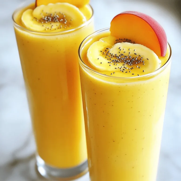- 2 ripe peaches, pitted and sliced into wedges - 1 ripe banana, peeled and sliced into rounds - 1 cup Greek yogurt (plain or vanilla for added sweetness) - 1 cup almond milk (or your preferred milk) - ½ teaspoon pure vanilla extract - 1 tablespoon honey or maple syrup (to enhance sweetness) - 1 tablespoon chia seeds (for extra nutrition and texture) - Ice cubes (for a thicker smoothie) - Blender - Measuring cups and spoons - Knife and cutting board - Tall glasses for serving This Peach Banana Smoothie is a great treat. Each ingredient brings flavor and health. You can customize it with options like chia seeds or honey. Use fresh, ripe fruits for the best taste. If you want a thicker drink, add ice cubes. Enjoy making this smoothie, as it only takes five minutes! For the complete recipe, check out the Full Recipe. Start by gathering all your ingredients. Use ripe peaches and bananas for the best taste. Slice the peaches into wedges and the banana into rounds. You can do this easily with a knife. Next, measure out one cup of Greek yogurt and almond milk. If you want, grab honey or maple syrup to sweeten it more. Lastly, have chia seeds and ice cubes ready if you like them in your smoothie. Place the sliced peaches and banana into your blender first. This helps the fruit blend well. Next, pour in the Greek yogurt and almond milk. If you want a sweeter smoothie, add honey or maple syrup now. Then, drizzle in the vanilla extract for extra flavor. Sprinkle in chia seeds if you’re using them. Secure the lid tightly. Blend on high speed until the mixture is smooth. If you want a thicker smoothie, add ice cubes and blend again until mixed well. Pour your smoothie into tall glasses. Fill them generously for a nice presentation. You can garnish with a peach slice on the rim if you like. A sprinkle of chia seeds on top adds a nice touch too. Serve your smoothie right away to enjoy its freshness. For the full recipe, check out the Peachy Banana Bliss Smoothie . Select ripe peaches and bananas for the best taste. Ripe peaches feel soft and smell sweet. Look for bananas with a few brown spots. They are sweeter and creamier. If the fruit is not ripe, your smoothie may taste bland. Taste your smoothie before you serve it. If it is not sweet enough, add honey or maple syrup. Start with a small amount and blend. You can always add more later. If your fruits are very ripe, you might not need extra sweeteners. For a thick smoothie, use frozen fruit or add ice cubes. Blend until smooth and creamy. If your smoothie is too thick, add more almond milk. Blend again until you reach your desired texture. Enjoy the refreshing flavor of your Peach Banana Smoothie! Check out the Full Recipe for more details. {{image_4}} You can add greens to your smoothie for extra health benefits. Spinach and kale are great choices. They blend well and do not change the taste. Just a handful of fresh greens boosts vitamins and minerals. This option is perfect for a quick health fix. It keeps your drink light and refreshing while adding nutrients. To make your smoothie a tropical delight, try adding pineapple or mango. Both fruits pair well with peaches and bananas. Pineapple adds a zingy flavor, while mango brings creaminess. Just a half-cup of either will create a whole new taste. It makes your drink feel like a vacation in a glass! For a protein boost, consider adding a scoop of protein powder. This option is great if you want a filling snack or meal replacement. Choose a flavor that matches your taste. Vanilla or unflavored powders blend well without overpowering the smoothie. This adjustment helps keep you satisfied longer and supports muscle health. Feel free to explore these variations to keep your Peach Banana Smoothie exciting and delicious! For the complete recipe, check out the [Full Recipe]. You can store your peach banana smoothie in the fridge. Use an airtight container. It stays fresh for up to 24 hours. I recommend enjoying it right away for the best taste. If you wait, the smoothie may separate. Give it a good shake before drinking if that happens. To freeze, pour the smoothie into ice cube trays or freezer-safe bags. This method is great for later use. When you want a smoothie, just blend the frozen cubes with a bit of milk. It makes a quick and cool treat. The flavors will stay fresh for about one month in the freezer. If you want to re-serve your smoothie, check its texture first. If it thickens too much, add a splash of milk. Blend again until it’s smooth. You can also add more fruit or yogurt for a flavor boost. For a fun twist, top it with fresh fruit or nuts. This makes each serving feel special! Yes, you can use frozen fruit. Frozen peaches and bananas work great in this smoothie. They can make your drink cold and thick. Just blend them with the other ingredients as you would with fresh fruit. This method saves time and adds a nice chill. Plus, frozen fruit is often picked at its peak ripeness, so it’s still tasty! To make this smoothie vegan, swap the Greek yogurt for a plant-based yogurt. You can also use almond milk or any other plant-based milk. The honey can be replaced with maple syrup or agave syrup. With these changes, you’ll have a delicious vegan Peach Banana Smoothie! This smoothie is packed with nutrients. Peaches are rich in vitamins A and C, which help your skin and immune system. Bananas provide potassium, which is good for your heart. Greek yogurt adds protein and probiotics for gut health. Chia seeds, if you choose to add them, are filled with fiber and omega-3 fatty acids. This drink is not just tasty; it’s a healthy choice too! For the full recipe, check out the Peachy Banana Bliss Smoothie. You learned all about making a delicious Peach Banana Smoothie. We covered the main and optional ingredients, along with the tools you need. I provided step-by-step instructions for preparing, blending, and serving your smoothie. We also shared tips for choosing ripe fruit and tweaking the taste. Plus, you discovered fun variations and storage tips. Now, you can enjoy this tasty drink any time, knowing how to store and personalize it. Get ready to blend up some fun!