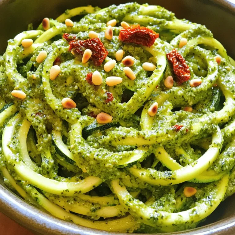 - 3 medium zucchinis, spiralized - 1 cup fresh basil leaves - 1/4 cup pine nuts - 1/4 cup grated Parmesan cheese (or nutritional yeast) - 2 garlic cloves - 1/3 cup extra-virgin olive oil - Salt and pepper to taste - 1/2 cup sun-dried tomatoes - 1/4 teaspoon crushed red pepper flakes When you make zucchini noodles, the main ingredients are key. The zucchinis are the stars. They give you a fresh base for your dish. Spiralizing them creates fun and easy-to-eat noodles. Fresh basil adds a fragrant touch. Pine nuts lend a lovely crunch and richness. Grated Parmesan cheese gives a savory depth. Garlic adds a punch of flavor. Extra-virgin olive oil brings it all together, making the dish smooth and rich. Finally, don’t forget salt and pepper to enhance the taste. If you want to add a twist, consider the optional ingredients. Sun-dried tomatoes add a sweet, tangy burst. Crushed red pepper flakes can spice things up for those who like heat. To find the full recipe, check the detailed cooking steps provided. It’s a perfect guide for making this vibrant dish. - Combine basil, pine nuts, Parmesan, garlic, salt, and pepper in a food processor. - Blend until roughly chopped before adding olive oil. Making pesto is quick and simple. I love to use fresh basil leaves. They bring a bright flavor. The pine nuts add a nice crunch. If you want, you can toast them for more taste. Parmesan cheese gives that creamy feel. Garlic adds depth, while salt and pepper bring balance. Once you blend these ingredients, drizzle in the olive oil. Keep blending until you reach a smooth, creamy mix. Check the taste. If you need more salt or pepper, add it now. Set this pesto aside; it’s the star of the dish! - Heat olive oil in a skillet over medium heat. - Sauté zucchini noodles for 2-3 minutes until slightly softened. Cooking zucchini noodles is quick. I heat olive oil in my skillet first. Then, I add the spiralized zucchini. Sauté them gently. You want them tender but still a bit firm. This usually takes about 2 to 3 minutes. Avoid cooking them too long, or they get mushy. - Toss zucchini noodles with the prepared pesto. - Mix in chopped sun-dried tomatoes and optional crushed red pepper flakes. Once the zucchini noodles are ready, take the skillet off the heat. Add your prepared pesto. Toss the noodles well to coat them with that vibrant green sauce. I like to add chopped sun-dried tomatoes for a burst of flavor. If you want some heat, sprinkle in crushed red pepper flakes. This dish is colorful and tasty. It has a fresh taste that is perfect for any meal. For the full recipe, you can check the details above. To make the best pesto, use fresh ingredients. Fresh basil gives a bright taste. You can adjust the mix's smoothness by changing the olive oil amount. If you want it thicker, add less oil. For a creamier sauce, pour in more. When cooking zucchini noodles, avoid overcooking them. This keeps them firm and crunchy. A quick sauté for 2-3 minutes is best. Pat the noodles dry before cooking. This step helps cut extra moisture and prevents the dish from getting soggy. Garnish your dish with toasted pine nuts for a nice crunch. A sprinkle of extra cheese adds flavor and richness. Serve it in a colorful bowl to make it look inviting. A great presentation makes every meal more enjoyable! {{image_4}} For a vegan twist, swap the Parmesan with nutritional yeast. This gives your pesto a rich, cheesy flavor without dairy. You can also try using other nuts, such as walnuts or almonds. These nuts can add different textures and tastes to your pesto. Want more protein? You can add grilled chicken, shrimp, or chickpeas to your dish. These options make it hearty and filling. Drizzle with balsamic reduction for an extra flavor boost. This adds a sweet and tangy touch that pairs well with the pesto. Don't limit yourself to pesto! Marinara or Alfredo sauce works great too. You can mix in fresh vegetables or herbs for added color and taste. Try bell peppers, spinach, or parsley. Each adds a unique flavor to your dish. Experiment and find your favorite combination! After you finish your meal, store any leftovers in an airtight container in the fridge. The dish tastes best when eaten within 2-3 days. This keeps the flavors fresh and the texture nice. You can freeze zucchini noodles with pesto in portions for up to 3 months. Make sure to seal them in freezer bags or airtight containers. When ready to eat, thaw them in the fridge overnight. Reheat gently to avoid mushiness. If you have leftover pesto, store it separately for longer freshness. It works well as a sandwich spread or dip. You can enjoy it on crackers or with fresh veggies. This way, you get more use from your ingredients. For the full recipe, check out the earlier section. Zucchini noodles, or "zoodles," are a low-carb alternative to traditional pasta. They come from spiralizing fresh zucchini. This method turns zucchini into long, thin strands that resemble spaghetti. Zoodles are light and refreshing, making them perfect for warm days. They absorb flavors well, making them an excellent base for sauces like pesto. Yes, you can spiralize zucchini noodles ahead of time. Store them in the fridge for up to a day. For the best texture, consume them within this time. If you keep them longer, they may release water and become soggy. To avoid this, you might want to pat them dry with a paper towel before use. This dish usually has fewer calories than regular pasta. The exact number varies based on portion size and added ingredients. A serving of zucchini noodles with pesto may range from 150 to 300 calories. This makes it a great choice if you're watching your calorie intake. You can still enjoy zucchini noodles without a spiralizer. Use a veggie peeler to create thin slices of zucchini instead. This method won't give you the same noodle shape, but it still works well. You can also use a box grater for a different texture. Just cook them gently to keep them from getting too mushy. For the full recipe, check out the detailed steps above. Zucchini noodles with pesto offer a healthy twist on a classic dish. You learned about fresh ingredients, step-by-step preparation, and useful tips. Remember to adjust your pesto for flavor and texture. Enjoy experimenting with different proteins and sauces for variety. This dish is quick to make and easy to store. With simple steps, you can create a delicious meal. Get ready to enjoy zucchini noodles that are tasty and good for you.
