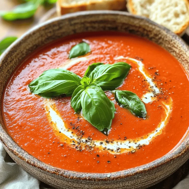 To make Vegan Creamy Tomato Soup, you will need the following ingredients: - 2 tablespoons extra-virgin olive oil - 1 medium onion, finely diced - 3 cloves garlic, minced - 1 teaspoon dried basil - 1 teaspoon dried oregano - 1 can (28 ounces) crushed tomatoes (preferably organic) - 3 cups vegetable broth (homemade or store-bought) - 1 cup coconut milk (or any unsweetened plant-based cream) - 1 tablespoon pure maple syrup (optional, for a hint of sweetness) - Sea salt and freshly cracked black pepper to taste - Fresh basil leaves, for garnishing For those with dietary needs, here are some alternatives: - Use avocado oil instead of olive oil for a different flavor. - Swap the coconut milk for cashew cream if you prefer a nut-based option. - If you can't find crushed tomatoes, whole canned tomatoes work well. Just blend them before cooking. This soup serves four people. Each serving has about 200 calories. It contains around 10 grams of fat, 3 grams of protein, and is rich in vitamins C and K. Key ingredient benefits: - Tomatoes: They are high in antioxidants, which help fight free radicals. - Coconut milk: This adds healthy fats and gives the soup its creamy texture. This soup is not just tasty; it also nourishes your body while being easy to make. Enjoy exploring the flavors and health benefits of this vegan delight! If you want to see the recipe, check out the Full Recipe. To make Vegan Creamy Tomato Soup, start by gathering your tools. You will need: - A large, heavy-bottomed pot - An immersion blender or a countertop blender - A cutting board - A sharp knife Now, let’s prepare the ingredients. Dice the onion finely and mince the garlic cloves. This helps the flavors blend well. Measure out the dried herbs, crushed tomatoes, and vegetable broth. If you want a hint of sweetness, add pure maple syrup. 1. Heat the Oil: In your pot, heat 2 tablespoons of extra-virgin olive oil over medium heat. Wait until it shimmers. 2. Sauté the Onion: Add the diced onion. Cook for about 5 minutes. The onion should be soft and clear. 3. Add Garlic and Herbs: Stir in the minced garlic, dried basil, and oregano. Cook for 1 minute until fragrant. 4. Combine Ingredients: Pour in the crushed tomatoes and vegetable broth. Stir until mixed. Increase the heat and bring to a gentle boil. 5. Simmer: Once boiling, reduce the heat to low. Let it simmer uncovered for 15 minutes. This step helps deepen the flavors. 6. Blend: Carefully remove the pot from heat. Use an immersion blender to puree the soup smoothly. If using a countertop blender, blend in batches, allowing steam to escape. 7. Add Cream: Stir in 1 cup of coconut milk or plant-based cream. If you like sweetness, add 1 tablespoon of pure maple syrup. Return to low heat and warm gently, stirring often. 8. Season: Taste your soup. Add sea salt and fresh black pepper to your liking. Adjust the texture by blending longer for a creamier soup or less for a chunkier feel. Enjoy your Vegan Creamy Tomato Soup! You can find the full recipe [here](#). To make your soup even tastier, think about adding spices. A pinch of smoked paprika gives a nice depth. You can also try a dash of red pepper flakes for some heat. Fresh herbs like thyme or dill can brighten the flavors. To get the best creaminess, use full-fat coconut milk. It adds a rich texture. If you prefer cashew cream, blend soaked cashews with water until smooth. This makes a wonderful base too. If you want a thicker soup, let it simmer longer. This lets more water evaporate. You can also blend in some cooked potatoes for extra creaminess. To make it more nutritious, add veggies like carrots or spinach. Just chop them small and add them early in the cooking process. They will soften and blend well with the soup. You can also stir in cooked lentils for added protein and texture. {{image_4}} You can change the type of tomatoes you use. Fresh tomatoes add brightness. Canned tomatoes provide convenience and consistent flavor. Both work well in this soup. Choose what suits your taste and time best. For cream alternatives, coconut milk is my favorite. It gives a smooth and rich flavor. You can also use cashew cream or almond milk for a lighter option. Each choice offers a unique taste. Want to add protein? Beans or lentils are great options. They boost nutrition and make the soup heartier. Try adding white beans for a creamy texture or lentils for a bit of bite. You can mix and match until you find your favorite blend. Pair this soup with a side salad or sandwich. A fresh green salad balances the rich soup. A grilled cheese sandwich adds comfort and crunch. Both choices enhance your meal experience. For a fun twist, serve the soup in bread bowls. You can hollow out a crusty loaf and fill it. This adds a delicious element to your meal. Top the soup with fresh basil or a drizzle of olive oil for extra flair. These simple touches make the dish special. I encourage you to explore these ideas to create your own version of Vegan Creamy Tomato Soup. Check out the Full Recipe for all the details to get started! To keep your Vegan Creamy Tomato Soup fresh, store it in airtight containers. This helps prevent spoilage. Make sure the soup cools down before sealing the container. You can keep it in the fridge for up to five days. If you want to save it longer, consider freezing it. Pour the cooled soup into freezer-safe bags or containers. Leave some space at the top, as the soup will expand when frozen. This soup can last for up to three months in the freezer. When you want to enjoy your soup again, reheating it properly is key. The best method is to use the stovetop. Pour the soup into a pot and heat it over low to medium heat. Stir it often to keep it from sticking. This way, you keep the flavor and creaminess intact. If you prefer to use a microwave, pour the soup into a microwave-safe bowl. Heat it in short bursts, stirring in between, to ensure even warming. Be careful not to overheat, as this can change the texture. How to make Vegan Creamy Tomato Soup spicier? You can add red pepper flakes or a pinch of cayenne. Start with a small amount. Taste the soup after mixing. This way, you can control the heat. Another option is to add diced jalapeños. These will give your soup a nice kick! Can I substitute coconut milk with another plant-based milk? Yes, you can use almond milk, soy milk, or oat milk. Just ensure it is unsweetened. Coconut milk adds creaminess, but other milks work too. Each will change the flavor slightly, but they will still taste great. How long does the soup last in the fridge? The soup lasts about 3 to 5 days in the fridge. Store it in an airtight container. Always check for any changes in smell or color before eating. What is the best method to puree the soup? An immersion blender works best for pureeing. It keeps the soup in the pot, and it’s easy to use. If you don’t have one, use a regular blender. Just blend in small batches to avoid spills. Can I use fresh tomatoes instead of canned for this recipe? Yes, fresh tomatoes can be used! You will need about 2 pounds of ripe tomatoes. Blanch them first to remove the skins. This adds a fresh flavor to your soup. What garnishes pair well with Vegan Creamy Tomato Soup? Fresh basil leaves are a great choice. They add color and flavor. You can also drizzle some extra coconut milk on top. Croutons or a sprinkle of nutritional yeast also work well! This blog post covers how to make Vegan Creamy Tomato Soup. We broke down the needed ingredients, their nutritional value, and suggested substitutes. I provided step-by-step instructions for preparation and cooking. Tips for flavor, thickness adjustments, and variations helped enhance your soup. You'll find storage and reheating info to keep your leftovers fresh. With these insights, you can enjoy a delicious, creamy soup that's easy to make, healthy, and versatile. Get creative and have fun experimenting!