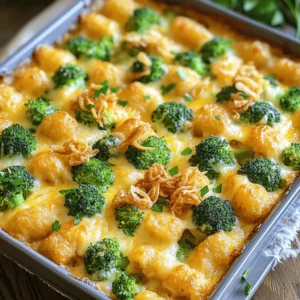 - 1 bag (32 oz) frozen tater tots - 3 cups fresh broccoli florets - 2 cups shredded cheddar cheese, divided - 1 cup sour cream - 1 can (10.5 oz) cream of mushroom soup - 1 cup milk The base of this dish is frozen tater tots. They give a crispy texture. Fresh broccoli florets add brightness and nutrients. Shredded cheddar cheese makes it gooey and rich. Sour cream adds creaminess. The cream of mushroom soup brings a savory flavor. Lastly, milk helps blend everything together. - 1 teaspoon garlic powder - 1 teaspoon onion powder - Salt and pepper to taste Garlic powder and onion powder enhance the flavor of the dish. Salt and pepper balance everything. These spices are simple but vital for taste. - 1 cup crispy fried onions (optional, for topping) - Fresh chopped parsley for garnishing Crispy fried onions add crunch on top. Fresh parsley gives a pop of color and flavor. You can mix and match toppings based on your taste. For the full recipe, check out the details and get cooking! - Preheat oven to 400°F (200°C). - Bring a large pot of water to a boil. Add the broccoli florets and blanch them for 2-3 minutes. They should turn bright green and be slightly tender. Drain and set aside. - In a large bowl, combine sour cream, cream of mushroom soup, milk, garlic powder, onion powder, and a pinch of salt and pepper. Whisk until smooth. - Gently fold in the blanched broccoli and 1.5 cups of shredded cheddar cheese until everything is well mixed. - Grease a 9x13-inch baking dish. Layer the tater tots evenly across the bottom. - Carefully pour the cheesy broccoli mixture over the tater tots. Spread it out evenly. - Sprinkle the remaining 0.5 cups of shredded cheddar cheese on top. If you want, add crispy fried onions for extra crunch. Follow these steps to create a warm and cheesy meal. For the complete instructions, refer to the Full Recipe for Cheesy Broccoli Tater Tot Casserole. To ensure your casserole cooks evenly, spread the tater tots in a single layer. This helps create a lovely golden crust. If your oven runs hot or cool, keep an eye on the casserole. You may need to adjust the time by a few minutes. If it looks bubbly and golden, it’s time to take it out. Serve the casserole hot for the best taste. A sprinkle of fresh parsley adds color and flavor. You can pair this dish with a simple salad or some crusty bread. These sides balance the rich taste of the casserole. You can prepare the casserole in advance. Assemble it, cover it, and store it in the fridge for up to 24 hours. If you want to freeze it, do so before baking. Wrap the dish tightly and freeze for up to three months. To reheat, bake it straight from the freezer. Just add extra time to ensure it heats through. For the Full Recipe, check out the detailed steps above! {{image_4}} You can make this dish even better by adding other veggies. Cauliflower, carrots, or even bell peppers work great. They add color and taste. You can also switch out the creamy ingredients. Instead of sour cream, use Greek yogurt for a tangy twist. You can replace cream of mushroom soup with a homemade version made from blended mushrooms and vegetable broth. To make it heartier, consider adding protein. Cooked chicken or ground beef mixes well with the flavors. Shred leftover rotisserie chicken for quick prep. Ground beef gives a nice texture and can be seasoned to your liking. If you prefer vegetarian options, try adding cooked lentils or chickpeas. They bring protein and a satisfying bite. For a gluten-free version, use gluten-free tater tots. Many brands offer tasty options that fit the bill. You should also look for gluten-free cream of mushroom soup. You can make your own by combining mushrooms, broth, and a gluten-free thickener. This keeps the dish creamy without the gluten. Explore these variations to customize your cheesy broccoli tater tot casserole. You can follow the Full Recipe for more detailed instructions. To keep your Cheesy Broccoli Tater Tot Casserole fresh, place leftovers in the fridge. Use airtight containers to prevent moisture loss and keep flavors intact. Glass or plastic containers work well. Make sure to let the casserole cool down before sealing it. This helps avoid condensation inside the container. You can freeze the casserole for longer storage. First, let it cool completely. Then, cover the dish tightly with plastic wrap or aluminum foil. This prevents freezer burn. You can also portion it into smaller containers for easy meals later. When you’re ready to eat, thaw the casserole in the fridge overnight. For reheating, place it in the oven at 350°F (175°C) until hot throughout. In the fridge, the casserole lasts about 3-4 days. If you freeze it, it can last up to 2-3 months. Watch out for signs of spoilage, like an off smell or a change in color. If you see any mold, throw it away immediately. Keeping an eye on these details ensures you enjoy your delicious meal to the fullest. For the full recipe, check out the main article. Baking this casserole takes about 30 to 35 minutes. I recommend setting your oven to 400°F (200°C). Keep an eye out for the cheese. It should be bubbly and golden brown when done. Every oven varies slightly, so check for doneness. If you like a crispier top, you can bake it a bit longer. Just make sure it doesn’t burn. Yes, you can use fresh cheese! Fresh cheese, like mozzarella or gouda, can add a unique flavor. However, shredded cheese melts better and mixes well. If you choose fresh cheese, grate it finely for best results. You might also want to blend different cheeses for a richer taste. Experimenting with cheese can lead to fun flavors! Absolutely! This casserole is a great choice for potlucks. It’s easy to make and always a hit. To transport it, cover the dish tightly with foil. If you can, bring it in an insulated carrier to keep it warm. You can serve it right from the baking dish. Just make sure to bring a spatula or spoon for easy serving. Everyone will love digging into this cheesy delight! This Cheesy Broccoli Tater Tot Casserole is a fun and tasty dish. You learned about the key ingredients, like tater tots, cheese, and broccoli. We went step by step on how to prepare, bake, and store it. Remember, you can add veggies or protein if you want. This casserole is great for family meals or potlucks. I hope you enjoy making it as much as I do. Happy cooking!
