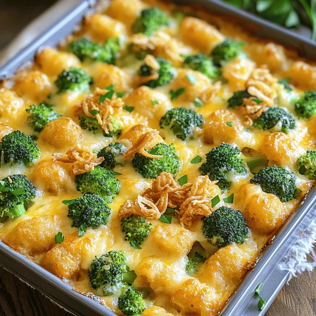 - 1 bag (32 oz) frozen tater tots - 3 cups fresh broccoli florets - 2 cups shredded cheddar cheese, divided - 1 cup sour cream - 1 can (10.5 oz) cream of mushroom soup - 1 cup milk The base of this dish is frozen tater tots. They give a crispy texture. Fresh broccoli florets add brightness and nutrients. Shredded cheddar cheese makes it gooey and rich. Sour cream adds creaminess. The cream of mushroom soup brings a savory flavor. Lastly, milk helps blend everything together. - 1 teaspoon garlic powder - 1 teaspoon onion powder - Salt and pepper to taste Garlic powder and onion powder enhance the flavor of the dish. Salt and pepper balance everything. These spices are simple but vital for taste. - 1 cup crispy fried onions (optional, for topping) - Fresh chopped parsley for garnishing Crispy fried onions add crunch on top. Fresh parsley gives a pop of color and flavor. You can mix and match toppings based on your taste. For the full recipe, check out the details and get cooking! - Preheat oven to 400°F (200°C). - Bring a large pot of water to a boil. Add the broccoli florets and blanch them for 2-3 minutes. They should turn bright green and be slightly tender. Drain and set aside. - In a large bowl, combine sour cream, cream of mushroom soup, milk, garlic powder, onion powder, and a pinch of salt and pepper. Whisk until smooth. - Gently fold in the blanched broccoli and 1.5 cups of shredded cheddar cheese until everything is well mixed. - Grease a 9x13-inch baking dish. Layer the tater tots evenly across the bottom. - Carefully pour the cheesy broccoli mixture over the tater tots. Spread it out evenly. - Sprinkle the remaining 0.5 cups of shredded cheddar cheese on top. If you want, add crispy fried onions for extra crunch. Follow these steps to create a warm and cheesy meal. For the complete instructions, refer to the Full Recipe for Cheesy Broccoli Tater Tot Casserole. To ensure your casserole cooks evenly, spread the tater tots in a single layer. This helps create a lovely golden crust. If your oven runs hot or cool, keep an eye on the casserole. You may need to adjust the time by a few minutes. If it looks bubbly and golden, it’s time to take it out. Serve the casserole hot for the best taste. A sprinkle of fresh parsley adds color and flavor. You can pair this dish with a simple salad or some crusty bread. These sides balance the rich taste of the casserole. You can prepare the casserole in advance. Assemble it, cover it, and store it in the fridge for up to 24 hours. If you want to freeze it, do so before baking. Wrap the dish tightly and freeze for up to three months. To reheat, bake it straight from the freezer. Just add extra time to ensure it heats through. For the Full Recipe, check out the detailed steps above! {{image_4}} You can make this dish even better by adding other veggies. Cauliflower, carrots, or even bell peppers work great. They add color and taste. You can also switch out the creamy ingredients. Instead of sour cream, use Greek yogurt for a tangy twist. You can replace cream of mushroom soup with a homemade version made from blended mushrooms and vegetable broth. To make it heartier, consider adding protein. Cooked chicken or ground beef mixes well with the flavors. Shred leftover rotisserie chicken for quick prep. Ground beef gives a nice texture and can be seasoned to your liking. If you prefer vegetarian options, try adding cooked lentils or chickpeas. They bring protein and a satisfying bite. For a gluten-free version, use gluten-free tater tots. Many brands offer tasty options that fit the bill. You should also look for gluten-free cream of mushroom soup. You can make your own by combining mushrooms, broth, and a gluten-free thickener. This keeps the dish creamy without the gluten. Explore these variations to customize your cheesy broccoli tater tot casserole. You can follow the Full Recipe for more detailed instructions. To keep your Cheesy Broccoli Tater Tot Casserole fresh, place leftovers in the fridge. Use airtight containers to prevent moisture loss and keep flavors intact. Glass or plastic containers work well. Make sure to let the casserole cool down before sealing it. This helps avoid condensation inside the container. You can freeze the casserole for longer storage. First, let it cool completely. Then, cover the dish tightly with plastic wrap or aluminum foil. This prevents freezer burn. You can also portion it into smaller containers for easy meals later. When you’re ready to eat, thaw the casserole in the fridge overnight. For reheating, place it in the oven at 350°F (175°C) until hot throughout. In the fridge, the casserole lasts about 3-4 days. If you freeze it, it can last up to 2-3 months. Watch out for signs of spoilage, like an off smell or a change in color. If you see any mold, throw it away immediately. Keeping an eye on these details ensures you enjoy your delicious meal to the fullest. For the full recipe, check out the main article. Baking this casserole takes about 30 to 35 minutes. I recommend setting your oven to 400°F (200°C). Keep an eye out for the cheese. It should be bubbly and golden brown when done. Every oven varies slightly, so check for doneness. If you like a crispier top, you can bake it a bit longer. Just make sure it doesn’t burn. Yes, you can use fresh cheese! Fresh cheese, like mozzarella or gouda, can add a unique flavor. However, shredded cheese melts better and mixes well. If you choose fresh cheese, grate it finely for best results. You might also want to blend different cheeses for a richer taste. Experimenting with cheese can lead to fun flavors! Absolutely! This casserole is a great choice for potlucks. It’s easy to make and always a hit. To transport it, cover the dish tightly with foil. If you can, bring it in an insulated carrier to keep it warm. You can serve it right from the baking dish. Just make sure to bring a spatula or spoon for easy serving. Everyone will love digging into this cheesy delight! This Cheesy Broccoli Tater Tot Casserole is a fun and tasty dish. You learned about the key ingredients, like tater tots, cheese, and broccoli. We went step by step on how to prepare, bake, and store it. Remember, you can add veggies or protein if you want. This casserole is great for family meals or potlucks. I hope you enjoy making it as much as I do. Happy cooking!