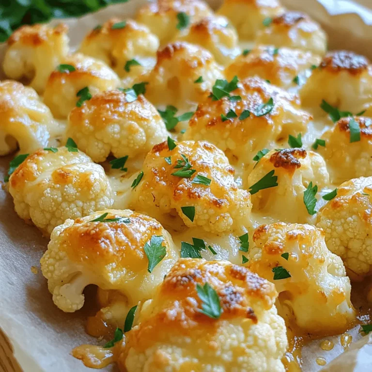 - Medium head of cauliflower - Garlic cloves - Grated Parmesan cheese - Extra virgin olive oil - Garlic powder - Smoked paprika - Salt and pepper - Fresh parsley To convert cups to grams, remember that 1 cup of cauliflower is about 100 grams. For cheese, 1 cup of grated Parmesan is around 100 grams too. If you want more garlic flavor, you can add extra garlic cloves. Adjust the garlic powder to your taste. Using fresh ingredients makes a big difference. Fresh cauliflower offers better taste and texture. Fresh garlic gives a stronger flavor. For those with dietary needs, you can swap Parmesan cheese with a vegan version made from nuts or nutritional yeast. Always choose high-quality olive oil for a rich flavor. Quality ingredients lead to a better dish! First, break down the cauliflower. Remove the leaves and stem. Cut the head into bite-sized florets. Make sure they are all similar in size. This step helps them cook evenly. Next, take six cloves of garlic and finely mince them. You want the garlic to blend well with the cauliflower. Gather the other ingredients: olive oil, garlic powder, smoked paprika, salt, and pepper. Now, preheat your oven to 425°F (220°C). This temperature is perfect for roasting. While the oven heats, grab a large bowl. Add the cauliflower florets, minced garlic, olive oil, garlic powder, smoked paprika, salt, and pepper. Toss everything together with your hands or a spoon. Ensure each floret is well-coated. Line a large baking sheet with parchment paper for easy cleanup. Spread the cauliflower in a single layer on the sheet. Place the baking sheet in the preheated oven. Roast the cauliflower for about 20 to 25 minutes. Stir halfway through to achieve a nice golden brown. After roasting, take the baking sheet out of the oven. Sprinkle the grated Parmesan cheese over the hot cauliflower. The heat will melt the cheese beautifully. Return it to the oven for another five minutes. Wait until the cheese is bubbly and delicious. When it's done, let it cool for a few minutes. For a fresh touch, garnish with finely chopped parsley before serving. If you want to explore the full recipe, check it out here: [Full Recipe]. To ensure even roasting, spread the cauliflower in a single layer. This allows the hot air to circulate around each floret. Use a large baking sheet lined with parchment paper for easy cleanup. Keep an eye on your cauliflower as it roasts. Aim for a golden color and tender texture. Stir the florets halfway through the cooking time to promote uniform browning. You can boost the flavor with extra spices and herbs. Consider adding a pinch of cayenne for heat or thyme for an earthy touch. If you want deeper flavor, try marinating the cauliflower in olive oil and spices before roasting. This helps the flavors soak in, making each bite delicious. This roasted garlic Parmesan cauliflower pairs great with many main dishes. I love it with grilled chicken or fish. For best practices in garnishing, sprinkle fresh parsley on top before serving. This adds color and freshness to your dish. Serve it in a rustic bowl or a beautiful platter. A drizzle of olive oil enhances its appeal. Enjoy your flavorful roasted garlic Parmesan cauliflower as a delightful side dish! For the full recipe, check out the details. {{image_4}} You can easily change a few ingredients in this dish. If you're looking for a vegan option, use nutritional yeast instead of Parmesan. This swap gives you a cheesy flavor without dairy. For other veggies, try broccoli or Brussels sprouts. Both will roast nicely and absorb the garlic flavor. If you want a different taste, you can grill the cauliflower. Grilling brings a smoky flavor that pairs well with garlic. Another option is using an air fryer. It cooks faster and makes the cauliflower crispy. Both methods keep the dish delicious. You can adjust ingredients based on the season. In fall, add some pumpkin spice for warmth. In spring, include fresh herbs like dill or tarragon. For holiday meals, mix in some cranberries or nuts for a festive twist. These changes keep the recipe fresh and exciting. To store leftovers, place the cauliflower in an airtight container. This keeps it fresh and tasty. Use it within three days for the best flavor. Glass or BPA-free plastic containers work well for storage. They seal tightly and prevent moisture loss. For reheating, the oven is your best friend. Preheat it to 350°F (175°C). Spread the cauliflower on a baking sheet and bake for about 10 minutes. This method keeps it crispy. Microwaving works too, but it can make the cauliflower soggy. To avoid this, place a paper towel over the dish to absorb excess moisture. You can freeze the cauliflower before cooking. Just toss it with the oil and seasonings, then spread it in a single layer on a baking sheet. Freeze until solid, then transfer to a freezer bag. To cook from frozen, no need to thaw. Just roast it at 425°F (220°C) for 30-35 minutes, adding the cheese in the last five minutes. This method keeps the flavors locked in. How can I make this dish ahead of time? You can prepare the cauliflower ahead. Simply season it and spread it on a baking sheet. Cover the sheet tightly with plastic wrap. Store it in the fridge for up to a day. When ready, roast it as per the recipe. This saves time and keeps flavors fresh. What can I serve with roasted garlic Parmesan cauliflower? This dish pairs well with many meals. It complements grilled chicken or fish nicely. You can also serve it with a hearty salad. For a vegetarian option, try it with quinoa or rice. The flavors enhance any meal you create. Is this recipe gluten-free? Yes, this recipe is gluten-free. All the ingredients are safe for those on a gluten-free diet. Just ensure that the Parmesan cheese is labeled gluten-free. This makes it easy for everyone to enjoy. Can I make this dish low-carb? Absolutely! Cauliflower is a great low-carb choice. It’s naturally low in carbs and high in fiber. You can enjoy this dish without worry. It fits perfectly into a low-carb meal plan. What to do if it's too soggy? If your cauliflower is too soggy, it may need more roasting time. Make sure to spread the florets out on the baking sheet. This helps them roast evenly and stay crisp. You can also reduce the olive oil slightly for less moisture. Why isn’t the cheese melting properly? If the cheese isn’t melting, check the oven temperature. It should be hot enough at 425°F (220°C). Make sure to add the cheese right after roasting. This lets it melt smoothly over the hot cauliflower. If needed, give it a few extra minutes in the oven. This dish combines fresh ingredients and simple steps. You learned how to prepare, roast, and serve roasted garlic Parmesan cauliflower. I shared tips for enhancing flavor and ideas for swapping ingredients. Remember to store leftovers correctly to keep them fresh. Whether you want a quick snack or a tasty side, this recipe works well. You can easily adjust it to suit your tastes. Enjoy cooking and making this dish your own!