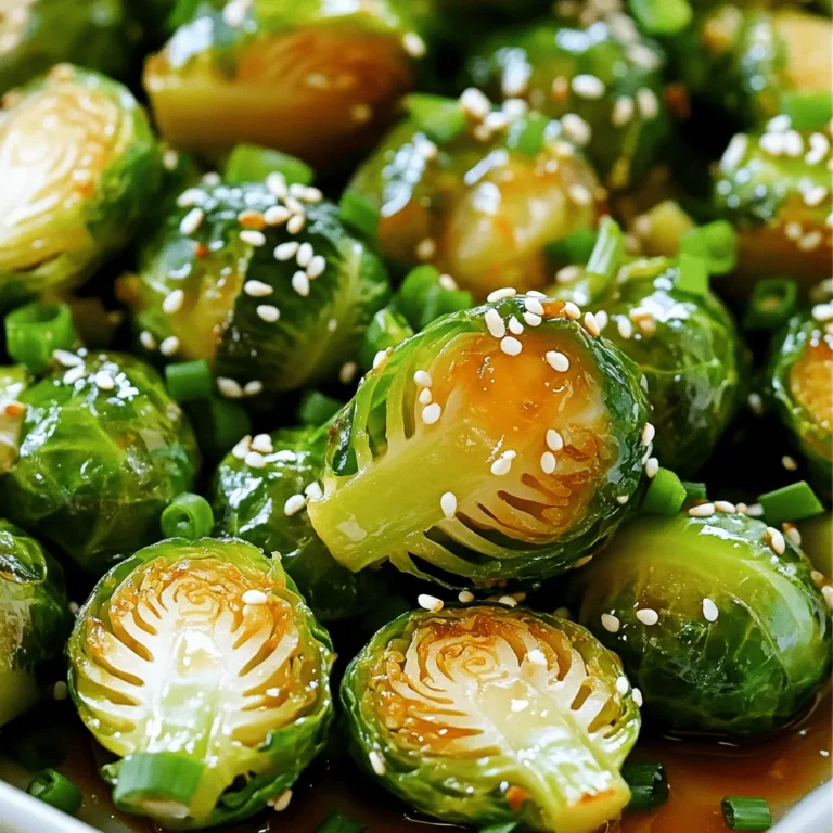 - 1 pound Brussels sprouts - 3 tablespoons extra virgin olive oil - 2 tablespoons honey - 2 tablespoons Sriracha sauce - 1 teaspoon garlic powder - Salt and pepper to taste - 1 tablespoon sesame seeds (optional) - 2 green onions (for garnish) Gather these ingredients to create a sweet and spicy dish. The Brussels sprouts are the star here. You’ll want to trim and halve them for even cooking. The olive oil helps the sprouts roast nicely, while honey adds sweetness. Sriracha gives it that kick, which you can adjust based on your taste. Garlic powder adds depth, and salt and pepper enhance the flavors. The sesame seeds add a nice crunch and the green onions bring freshness. You can skip any optional ingredients, but they do make the dish pop. For the full recipe, check out the detailed instructions that guide you through each step of cooking these tasty Honey Sriracha Brussels sprouts! - Preheat oven to 425°F (220°C). - Line baking sheet with parchment paper. Start by heating your oven. This step is key, as it helps the Brussels sprouts roast evenly and get that perfect crisp. Lining the baking sheet with parchment paper keeps the sprouts from sticking. Plus, it makes cleanup easy! - Combine Brussels sprouts with oil, honey, Sriracha, garlic powder, salt, and pepper. In a large bowl, toss the halved Brussels sprouts with olive oil, honey, Sriracha, garlic powder, salt, and pepper. Make sure every sprout gets a good coating. This mix brings out the best flavors. The sweet honey balances the heat from the Sriracha. - Arrange sprouts on baking sheet. - Roast for 20-25 minutes, stirring halfway. Spread the sprouts in a single layer on your baking sheet. Place them cut-side down for a nice caramelization. This helps them turn golden brown and crispy. Roast them for 20 to 25 minutes. Halfway through, stir the sprouts. This ensures they brown evenly. You're aiming for fork-tender sprouts with crispy edges. Once they are done, feel free to check the [Full Recipe] for extra tips! To make sure your Brussels sprouts roast well, follow these tips: - Cut Brussels sprouts for maximum crispiness. Halve them and make sure the cut side faces down. This helps them get that nice, crispy edge. - Check doneness with a fork. When the sprouts are soft inside and crispy outside, they are ready. A fork should easily poke through. You can play with the flavors to suit your taste: - Customize Sriracha amount for desired spice level. If you like it hot, add more Sriracha. If you prefer mild, use less. - Use different sweeteners for variety. You can swap honey for maple syrup or agave nectar to change the flavor. Each sweetener gives a unique taste to the dish. For a full guide on making this yummy dish, check the Full Recipe. {{image_4}} You can make Honey Sriracha Brussels sprouts even better. Try adding bacon or pancetta. The salty taste pairs well with the sweet and spicy sauce. Just cook the bacon first, then toss it in before serving. You can also include extra veggies. Bell peppers add color and sweetness. Cut them into strips and mix with the Brussels sprouts. This way, you get more flavor and texture in every bite. If you want to change the sweet flavor, use maple syrup instead of honey. It gives a different taste, but still sweet. This swap can make the dish a bit more unique. You can also try different chili sauces. Sriracha works great, but others can add interesting flavors. Look for sauces with different heat levels. This lets you control the spice to fit your taste. Store extra Honey Sriracha Brussels sprouts in an airtight container in the fridge. This keeps them fresh and tasty. You can enjoy them for up to 3 days. Make sure to cool them down before sealing the container. This helps avoid condensation and sogginess. For the best texture, reheat the sprouts in the oven. Preheat the oven to 350°F (175°C) and spread them out on a baking sheet. Bake for about 10 minutes or until they are warm and crispy. If you’re in a hurry, you can use the microwave. Just remember, they might lose their crunch this way. Enjoy your tasty dish again! For the full recipe, refer back to the main article. Yes, you can prep the sprouts and sauce ahead. Just trim and halve the Brussels sprouts. Mix the sauce with honey and Sriracha to keep flavors fresh. Store them in the fridge until you're ready to roast. This saves you time on busy nights. These sprouts pair well with grilled meats and rice dishes. The sweet and spicy taste enhances simple proteins like chicken or pork. You can also serve them alongside fried rice or quinoa for a tasty meal. Yes, but they are best consumed fresh for optimal taste. Freezing can change the texture of the sprouts. If you do freeze them, make sure to cool them first. Store in an airtight container and use within a month for the best flavor. In this post, we explored how to make Honey Sriracha Brussels sprouts. We covered the main ingredients, step-by-step instructions, and tips for perfect roasting. You learned how to customize the flavors, add extra ingredients, and store leftovers effectively. With this recipe, you can enjoy a spicy and sweet side dish that pleases any crowd. Try it out, and feel free to get creative with your own variations. Happy cooking!