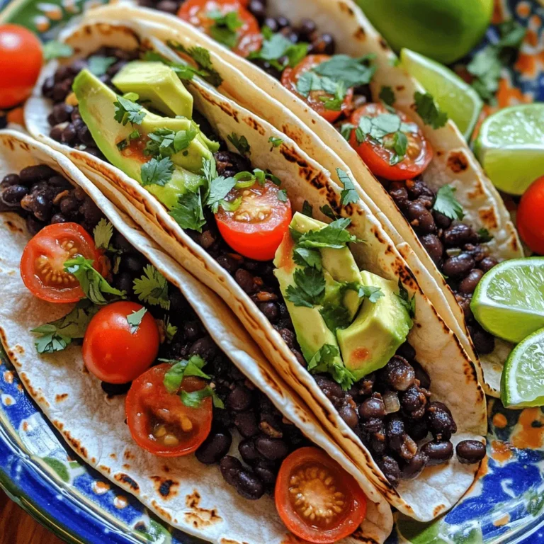 - 2 cans (15 oz each) black beans, thoroughly rinsed and drained - 1 tablespoon extra-virgin olive oil - 1 medium onion, finely chopped - 3 cloves garlic, minced - 1 chipotle pepper in adobo sauce, minced - 1 teaspoon ground cumin - 1 teaspoon smoked paprika - Sea salt and freshly cracked black pepper, to taste - 8 small corn or flour tortillas - 1 ripe avocado, sliced into thin wedges - 1 cup cherry tomatoes, halved - Fresh cilantro leaves, chopped, for garnish - Lime wedges, for an extra splash of zest I love using black beans as the base for these tacos. They are rich in protein and fiber, making them a healthy choice. Olive oil gives a nice flavor when sautéing the onion and garlic. The chipotle pepper adds a smoky kick that really makes the dish stand out. - Extra chipotle pepper in adobo sauce - Fresh herbs like cilantro or parsley - Additional vegetables such as bell peppers or corn If you want to amp up the spice, add an extra chipotle pepper. Fresh herbs can brighten the tacos. You can also toss in some veggies like bell peppers for added crunch and color. Each of these optional ingredients helps to create a taco that is truly unique. For the full recipe, check out the complete guide on making these Spicy Black Bean Tacos! To start, heat a large skillet over medium heat. Pour in 1 tablespoon of olive oil. Once warm, add 1 finely chopped onion. Sauté the onion for about 5 minutes. You want it to be soft and see-through. Next, mix in 3 minced garlic cloves and 1 minced chipotle pepper. Stir for 1 to 2 minutes. The smell will be amazing! Now, add the star of the show: 2 cans of black beans. Pour them in and stir well. Add 1 teaspoon of ground cumin and 1 teaspoon of smoked paprika for depth. Sprinkle in sea salt and black pepper to taste. Cook this mixture for 5 to 7 minutes. Use a fork to mash some beans lightly. This helps the flavors blend. Taste it and adjust the spices if needed. Soft tortillas make all the difference! To warm them, use a dry skillet over medium heat. Heat each tortilla for about 30 seconds on both sides. They should feel soft and pliable. If you prefer, wrap the tortillas in foil. Place them in a preheated oven at 350°F (175°C) for about 10 minutes. This method works well for a larger batch. Now comes the fun part: assembling your tacos! Start with a warmed tortilla. Spoon a good amount of the black bean mixture right in the center. Next, add a few slices of creamy avocado. Then, sprinkle some halved cherry tomatoes on top. Finally, finish with fresh cilantro for a burst of flavor. For a beautiful presentation, arrange your tacos on a colorful platter. Garnish with extra cilantro and lime wedges. This adds a nice touch and makes your dish look vibrant. Enjoy your spicy black bean tacos right away! For the complete recipe, check out the Full Recipe section. To make the best spicy black bean tacos, start with spice level. If you want more heat, add more chipotle pepper. You can also mix in hot sauce for an extra kick. For less heat, use only half the pepper or skip it entirely. Next, balancing flavors with toppings is key. Creamy avocado helps tone down the heat. Fresh cilantro adds brightness. Cherry tomatoes bring sweetness and color. Don't forget lime wedges for a zesty finish. Squeeze lime over the tacos just before eating for a fresh burst. One common mistake is overcooking the beans. This can make them mushy and lose texture. Cook them just enough to heat through. Mash lightly for a creamy mix, but keep some whole for texture. Another mistake is skipping essential spices. Cumin and smoked paprika are must-haves. They bring depth and warmth. Without them, your tacos might taste flat. Always taste and adjust the seasoning before serving to ensure full flavor. {{image_4}} For a vegan and gluten-free twist, you can easily swap ingredients. Instead of regular tortillas, use corn tortillas, which are naturally gluten-free. If you want to keep it vegan, ensure any toppings, like sour cream, are plant-based. Here are some ideas for tasty toppings: - Fresh avocado slices - Chopped lettuce - Diced red onion - Sliced jalapeños - Dairy-free cheese These swaps keep the dish tasty while meeting dietary needs. Want to mix things up? You can add meats or alternative proteins to your spicy black bean tacos. Ground turkey or chicken adds a savory touch. For a plant-based option, try lentils or tempeh for added protein. You can also use different types of beans. Pinto beans or kidney beans work well, bringing new flavors and textures. Each variation can change the taste, making your taco night exciting. To keep your spicy black bean tacos fresh, store the bean mixture and tortillas separately. - Refrigerating the bean mixture: Place the cooled bean mixture in an airtight container. This will keep it fresh for up to 4 days. Make sure it cools completely before sealing to avoid moisture inside. - Storing tortillas properly: Wrap any leftover tortillas in plastic wrap or aluminum foil. Store them in a zip-top bag to keep them soft. This helps prevent them from drying out. Reheating your tacos right will make them taste great again. - Best methods for reheating for optimal taste: For the bean mixture, use a skillet over medium heat. Stir it often until it’s hot. For tortillas, warm them in a dry skillet. This brings back their softness and flavor. - How to avoid soggy tortillas: Don’t microwave the tortillas. Instead, heat them in a skillet for a short time. This keeps them crisp and prevents sogginess. For the full recipe, check out the steps above to create your delicious tacos! To heat up your black bean tacos, you can follow a few simple tips. First, add more chipotle pepper in adobo sauce to your bean mixture. This gives a smoky, spicy kick. You can also mix in cayenne pepper or crushed red pepper flakes. These spices boost the heat without changing the overall flavor. For sauces, try a few drops of your favorite hot sauce. Look for options like sriracha or a habanero sauce. These will add both spice and flavor. Remember to taste as you go. You want to enjoy the heat, not just feel it! Yes, you can freeze black bean tacos for later use. To freeze, place the cooled bean mixture in a freezer-safe bag. Make sure to remove as much air as possible. You can also freeze the tortillas separately. Wrap them tightly in foil or plastic wrap. When you are ready to eat, thaw the bean mixture in the fridge overnight. Heat it in a pan until warm. For the tortillas, warm them in a dry skillet or the oven. This keeps them soft and tasty. Spicy black bean tacos pair well with many sides and dips. Consider serving them with a fresh salad or some Mexican rice. Guacamole and salsa make great dips too. They add flavor and a cool contrast to the spice of the tacos. For drinks, try a light beer or a fruity mocktail. A limeade or agua fresca complements the tacos nicely. The refreshing taste balances the heat and enhances your meal experience. For the full recipe, check the previous sections! Spicy black bean tacos are simple and fun to make. You start with black beans, add aromatics, and choose tasty toppings. Remember to adjust spice levels and avoid common mistakes. There are vegan options and fun variations to try. For leftovers, store beans properly and reheat carefully. You can spice them up or freeze for later. These tacos can impress anyone at your table. Now, gather your ingredients and start cooking! Enjoy this flavorful dish and make it your own.