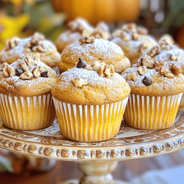 To make the best pumpkin spice muffins, you need the following key ingredients: - 1 cup pumpkin puree - 1/2 cup brown sugar - 1/2 cup granulated sugar - 1/3 cup vegetable oil - 2 large eggs - 1 teaspoon vanilla extract - 1 1/2 cups all-purpose flour - 1 teaspoon baking soda - 1 teaspoon baking powder - 2 teaspoons pumpkin pie spice - 1/2 teaspoon salt These ingredients create a fluffy, moist muffin that bursts with autumn flavor. The pumpkin puree adds natural sweetness and moisture. Brown sugar gives a rich, caramel taste, while the spices bring warmth and comfort to each bite. You can make your muffins even better with these optional ingredients: - 1/2 cup chopped walnuts or pecans - 1/2 cup chocolate chips Adding nuts gives a nice crunch, while chocolate chips add sweetness. Feel free to mix and match based on your taste. You can even leave them out for a classic muffin. Accurate measurement is key to great baking. Here’s how to measure your ingredients correctly: - Flour: Use a spoon to fill your measuring cup, then level it off with a knife. - Brown Sugar: Pack it firmly into the cup for proper measurement. - Liquid Ingredients: Use a liquid measuring cup and check at eye level for accuracy. Following these tips ensures your muffins turn out perfectly every time. For the full recipe, check out the details above and get ready to bake your delicious pumpkin spice muffins! Start by preheating your oven to 350°F (175°C). This step is key for even baking. Next, prepare a standard muffin tin. You can use paper liners or spray each cup with non-stick spray. This will make it easy to remove the muffins later. In a large bowl, combine the pumpkin puree, brown sugar, granulated sugar, and vegetable oil. Add in the eggs and vanilla extract. Whisk these together until smooth. Make sure there are no lumps. This mix gives your muffins their rich flavor. In another bowl, sift together the all-purpose flour, baking soda, baking powder, pumpkin pie spice, and salt. Sifting helps to mix and aerate the flour. It makes for a lighter muffin. This mix is important for texture. If you want to add some extra texture, gently fold in chopped walnuts or pecans. You can also add chocolate chips for a sweet touch. Be careful not to overmix; just combine until they’re evenly spread in the batter. Now, spoon the muffin batter into the prepared tin. Fill each cup about 3/4 full. This allows room for the muffins to rise. Bake for 18-20 minutes. Check if they’re ready by inserting a toothpick in the center. If it comes out clean, they’re done! Let them cool in the tin for 5 minutes before moving them to a wire rack. This cooling step is essential for the best texture. For the complete recipe, check out the [Full Recipe]. To keep muffins light and fluffy, don’t overmix the batter. When you combine wet and dry ingredients, mix just until you see no dry flour. A few lumps are okay. Overmixing makes muffins tough. Also, ensure your baking powder and baking soda are fresh. Old leavening agents won't help the muffins rise. Store your pumpkin spice muffins in an airtight container. This keeps them soft and moist. You can keep them at room temperature for up to three days. For longer storage, place them in the fridge for a week. If you want to save them for later, freeze them. Wrap each muffin in plastic wrap before placing them in a freezer-safe bag. They can last for up to three months in the freezer. Presentation makes any dish more inviting. For a lovely touch, sprinkle powdered sugar on top of each muffin. Serve them on a pretty platter. You can also add a small bowl of softened butter for easy spreading. This makes your muffins look even more delicious and inviting. {{image_4}} You can make gluten-free pumpkin spice muffins easily. To do this, swap regular flour with gluten-free flour. Look for blends that work well in baking. These blends often include almond flour or coconut flour. Check the package to ensure it has a good flavor. The muffins will still taste great! The texture may vary slightly, but they will remain soft and delicious. If you want vegan muffins, you can make some simple changes. Replace eggs with flax eggs. To make a flax egg, mix 1 tablespoon of ground flaxseed with 2.5 tablespoons of water. Let it sit for about 5 minutes until it thickens. Use plant-based oil instead of vegetable oil. You can also use almond milk or another plant-based milk instead of regular milk. These muffins will be light and fluffy, just like the classic recipe. You can jazz up your pumpkin spice muffins with extra flavors. Try adding maple syrup for a sweet twist. Just reduce the sugar a little to balance it out. You can also add orange zest for a fresh, bright taste. A teaspoon of orange zest will give the muffins a nice citrus kick. Feel free to get creative! You can mix and match these flavors to find your favorite combination. These variations can make your pumpkin spice muffins even more special. Check out the full recipe to get started! To keep your pumpkin spice muffins fresh, store them in an airtight container. Place a paper towel in the container to absorb moisture. This helps prevent sogginess. Store them at room temperature for up to three days. If you want to keep them longer, consider freezing. Freezing is a great way to save your muffins. Start by letting them cool completely. Then, wrap each muffin in plastic wrap. Place the wrapped muffins in a freezer-safe bag. Label the bag with the date. You can freeze them for up to three months. To enjoy your muffins warm, reheat them in the oven. Preheat your oven to 350°F (175°C). Place the muffins on a baking sheet. Heat for 10 to 15 minutes. You can also use a microwave for quick reheating. Just warm them for 15 to 20 seconds. Enjoy your pumpkin spice muffins fresh! Yes, you can use canned pumpkin. It saves time and gives great flavor. Make sure to choose 100% pure pumpkin, not pumpkin pie filling. This keeps the taste just right. Canned pumpkin is often smoother, which helps in mixing. It also has a longer shelf life. So, if you have a can, use it! For eggs, you can use several substitutes. Common options include: - 1/4 cup unsweetened applesauce - 1/4 cup mashed banana - 1 tablespoon ground flaxseed mixed with 2.5 tablespoons water These options keep your muffins moist and fluffy. They also add a hint of flavor. Choose what fits your taste best! Check your muffins after 18 minutes. Insert a toothpick into the center. If it comes out clean or with a few crumbs, they are done. If the toothpick is wet, bake for 1-2 more minutes. Keep an eye on them to avoid overbaking. Perfect muffins should be soft and lightly golden. Absolutely! To make mini muffins, use a mini muffin tin. Fill each cup about halfway. Bake them for 10-12 minutes. Keep checking with a toothpick until they are done. Mini muffins are great for snacks and sharing. They are just as tasty and fun! For the full recipe, check out the details above. In this post, we explored how to make delicious pumpkin spice muffins. I covered the essential and optional ingredients, along with measuring them for great results. The step-by-step instructions guide you through prepping, mixing, and baking. I also shared tips for light muffins and ways to store them well. Finally, I offered tasty variations like gluten-free and vegan options. Now you’re ready to enjoy these warm, flavorful treats any time! Your perfect pumpkin spice muffin awaits.