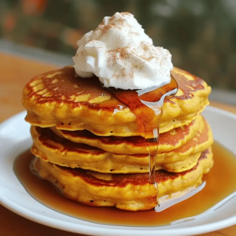 To make these cozy Pumpkin Spice Pancakes, gather these simple ingredients: - 1 cup all-purpose flour - 1 tablespoon baking powder - 1 teaspoon baking soda - 1 teaspoon pumpkin pie spice - ½ teaspoon salt - 1 cup pumpkin puree (canned or freshly made) - 2 large eggs, at room temperature - 1 cup milk (whole, skim, or a dairy-free option like almond or oat milk) - 2 tablespoons packed brown sugar - 1 teaspoon pure vanilla extract - 2 tablespoons unsalted butter, melted (plus more for cooking) You can customize your pancakes with these fun additions: - Chocolate chips for sweetness - Chopped nuts like walnuts or pecans for crunch - A pinch of nutmeg for extra spice - A splash of maple syrup for sweetness in the batter Each serving of these pancakes offers a tasty treat without too much guilt. Typically, one serving (which is about two pancakes) contains: - Calories: Approximately 200 - Protein: 7g - Carbohydrates: 30g - Fat: 7g - Fiber: 2g - Sugar: 5g This information helps you enjoy your pancakes while keeping track of your diet. For the full recipe, check out the details above. First, grab a large mixing bowl. In this bowl, whisk together the following dry ingredients: - 1 cup all-purpose flour - 1 tablespoon baking powder - 1 teaspoon baking soda - 1 teaspoon pumpkin pie spice - ½ teaspoon salt Whisk them until they mix well and become fluffy. The flour helps the pancakes rise, while the spices give them that cozy flavor. Now, take a separate bowl. Here, mix these wet ingredients: - 1 cup pumpkin puree - 2 large eggs, at room temperature - 1 cup milk (whole, skim, or dairy-free like almond or oat) - 2 tablespoons packed brown sugar - 1 teaspoon pure vanilla extract - 2 tablespoons unsalted butter, melted Whisk these together until the mixture is smooth and creamy. This step adds moisture and flavor to your pancakes. Next, pour the wet mixture into the bowl with the dry ingredients. Use a spatula or wooden spoon to gently fold them together. Mix just until combined. It’s fine if there are small lumps. Do not overmix; this keeps the pancakes soft and fluffy. Now, you're ready for the fun part of cooking your pumpkin spice pancakes! For the complete details, check the Full Recipe. Start by heating your skillet over medium heat. This ensures even cooking. I like to use a non-stick skillet for easy flipping. Add a small amount of melted butter to the skillet. Swirl it around to coat the surface. This will help the pancakes cook nicely without sticking. Pour about ¼ cup of batter onto the hot skillet. You should see small bubbles forming on the surface after about 2-3 minutes. This is a sign they are ready to flip. Use a spatula to gently turn the pancake over. Cook for another 2-3 minutes until they are golden brown. Keep adding butter as needed for each batch to get that crispy edge. Flipping takes practice, but a good spatula helps. Wait until you see bubbles before you flip. If the edges look set, it’s time to turn them. Do not press down on the pancakes while they cook. This keeps them light and fluffy. Each pancake should be puffy and perfectly cooked. For more details, check the Full Recipe. Enjoy your cozy breakfast! {{image_4}} To make pumpkin spice pancakes, you need some simple tools. Here’s what I use: - Mixing bowls: Use one for dry and one for wet ingredients. - Whisk: A good whisk helps mix everything smoothly. - Spatula: A sturdy spatula is key for flipping pancakes. - Non-stick skillet or griddle: This makes cooking easier. - Measuring cups and spoons: Accurate measurements give the best results. - Ladle or cup: Use this to pour batter onto the skillet. Making pancakes seems easy, but a few errors can ruin them. Here are common mistakes: - Overmixing the batter: This makes pancakes tough. Mix just until combined. - Not preheating the skillet: A hot skillet ensures the perfect golden color. - Skipping the butter: Butter helps prevent sticking and adds flavor. - Cooking on too high heat: This can burn the outside while leaving the inside raw. Want to take your pancakes up a notch? Here are my tips: - Use fresh spices: Freshly ground nutmeg or cinnamon adds depth. - Add vanilla extract: This brings out the pumpkin flavor. - Mix in some chocolate chips or nuts: These add a fun crunch. - Serve with maple syrup: The sweetness pairs well with pumpkin spice. - Top with whipped cream: This makes for a cozy, special breakfast. For the full recipe, check out the complete instructions above. Enjoy your delicious pancakes! You can easily change up your pancakes by adding mix-ins. I love adding chocolate chips for a sweet twist. They melt into the pancakes and make each bite so yummy. You can also toss in nuts like walnuts or pecans. They add a nice crunch and extra flavor. Just fold these mix-ins into the batter gently. This keeps the pancakes fluffy and soft. If you need a gluten-free option, swap the all-purpose flour for a gluten-free mix. There are many good blends on the market now. Look for one that contains xanthan gum. This helps the pancakes hold together well. You may also want to add a little more liquid to the batter. This prevents the mix from being too thick. Just keep an eye on the texture while mixing. For a vegan version, you can replace the eggs and milk. Use a flaxseed meal or chia seeds mixed with water as an egg substitute. This gives a similar binding effect. For the milk, almond, soy, or oat milk works great. You can also use a plant-based butter for cooking. These swaps keep the pancakes fluffy and delicious without any animal products. You can find the full recipe to guide you through these tasty variations! Yes, you can use fresh pumpkin. To do this, you must cook and puree the pumpkin first. Cut the pumpkin, remove the seeds, and roast it until soft. Then, mash it into a smooth puree. This fresh pumpkin adds a unique flavor and texture to your pancakes. Store leftover pancakes in an airtight container. You can keep them in the fridge for up to three days. If you want to keep them longer, freeze them. Place layers of parchment paper between each pancake. They will stay fresh in the freezer for about a month. You can serve Pumpkin Spice Pancakes with a variety of toppings. Here are some ideas: - Pure maple syrup - Whipped cream - Chopped nuts like pecans or walnuts - Sliced bananas or apples - A dusting of powdered sugar - A sprinkle of cinnamon or nutmeg These toppings add flavor and make your pancakes look beautiful. If you don’t have brown sugar, you can use white sugar. To mimic the flavor, add a bit of molasses to the white sugar. Use one tablespoon of molasses for every cup of white sugar. This mix gives a similar taste and depth to your pancakes. For the full recipe, check out the earlier sections. In this post, we explored how to make delicious pancakes. We covered essential ingredients, cooking steps, and helpful tips. You learned how to mix dry and wet ingredients, flip pancakes perfectly, and avoid common mistakes. We also discussed fun variations to try, including gluten-free and vegan options. These pancakes can suit any taste and occasion. Enjoy making your own tasty pancakes, and don't be afraid to get creative with flavors!