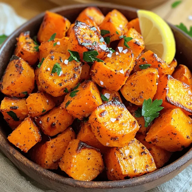 - 4 medium sweet potatoes, peeled and cut into 1-inch cubes - 3 tablespoons extra-virgin olive oil - 2 teaspoons smoked paprika - 1 teaspoon garlic powder - 1 teaspoon onion powder - ½ teaspoon cayenne pepper (optional for heat) - Salt and freshly cracked black pepper to taste - Fresh parsley for garnish - Baking sheet - Parchment paper - Mixing bowl Crispy roasted sweet potatoes are not only tasty but also healthy. A serving has around 150 calories. They provide fiber and vitamins A and C. Sweet potatoes are low in fat and high in carbs. Each serving offers a good balance of nutrients. Enjoy this dish while knowing you fuel your body well! Start by peeling the sweet potatoes with a sharp peeler. Make sure to remove all the skin. Next, cut them into 1-inch cubes. This size helps them cook evenly. After cutting, place the cubes in a large bowl. Now, add the olive oil. You want to use three tablespoons for a nice coating. Sprinkle in the smoked paprika, garlic powder, onion powder, and cayenne pepper if you like heat. Don’t forget to salt and pepper to taste! Mix everything well until each cube is coated. This step is crucial for flavor. Next, preheat your oven to 425°F (220°C). This is the perfect temperature for roasting. While it heats, prepare a baking sheet. Line it with parchment paper for easy cleanup. Once the oven is ready, spread the sweet potato cubes on the sheet in a single layer. Make sure they have space. If they are too close, they won’t crisp up. To get that crispy texture, it’s important to flip the sweet potatoes halfway through cooking. This helps them brown evenly on all sides. Roast them for 25 to 30 minutes. They should be golden brown with crispy edges when done. Remove them from the oven and let them cool for a few minutes. This cooling time helps them set. For a fresh touch, sprinkle chopped parsley on top before serving. To achieve the best texture, cut your sweet potatoes into 1-inch cubes. This size helps them cook evenly. Use a sharp knife for clean cuts. It will make the process easier and safer. For optimal crispiness, ensure the sweet potatoes are dry before seasoning. You can pat them with a towel after washing. Also, do not overcrowd the baking sheet. Give them space to roast and air out. Flip them halfway through to brown all sides. For extra flavor, try adding spices like cumin or coriander. You can also use fresh herbs like rosemary or thyme. They add a nice depth and aroma. If you want something sweet, drizzle some maple syrup before roasting. When it comes to oil, you can use avocado oil instead of olive oil. It has a high smoke point, which helps with crispiness. Coconut oil is another great option for a unique taste. To serve your crispy roasted sweet potatoes, use a rustic bowl. This makes the dish look inviting. You can sprinkle a bit of sea salt on top for flavor and crunch. For added color, garnish with freshly chopped parsley. You can also include a wedge of lemon or lime on the side. This adds a burst of freshness and brightens the dish. For the full recipe, check out the detailed instructions on making crispy roasted sweet potatoes. {{image_4}} You can make your crispy roasted sweet potatoes even sweeter. Try adding maple syrup or a sprinkle of cinnamon. Both add a nice flavor boost. Drizzle some maple syrup on the sweet potatoes before roasting. This gives them a lovely caramelized finish. If you choose cinnamon, mix it in with your other seasonings. It brings warmth and depth to each bite. If you prefer a savory twist, herbs are your best friends. Rosemary and thyme work wonders. Chop fresh rosemary and mix it in with your olive oil and spices. This adds a fragrant touch. You can also use dried herbs if fresh isn’t available. Thyme gives a subtle earthiness that pairs well with sweet potatoes. For a healthier option, consider using an air fryer. This method uses less oil while still getting that crispy texture. Just toss your sweet potatoes with seasonings, place them in the air fryer, and cook until golden. You can also make the dish vegan or gluten-free. Use coconut oil instead of olive oil, or skip the oil entirely for a lighter dish. These alternatives keep the flavor while catering to different diets. For the full recipe, check the detailed instructions to ensure your sweet potatoes turn out perfectly every time! To keep your crispy roasted sweet potatoes fresh, place them in a container. Use an airtight container for best results. They can stay good in the fridge for up to 3 days. Make sure they cool down before sealing to avoid steam. When reheating, your goal is to bring back that crispy texture. The oven works best. Preheat it to 400°F (200°C). Spread the sweet potatoes on a baking sheet and heat for about 10-15 minutes. Flip them halfway through to crisp all sides. The microwave can work too, but it makes them soft. If you use the microwave, heat in short bursts for better control. You can freeze both cooked and uncooked sweet potatoes. For uncooked ones, cut and toss them with oil and spices. Then, spread them on a baking sheet and freeze until solid. Once frozen, place them in a bag. They can stay in the freezer for up to 3 months. For cooked sweet potatoes, let them cool completely, then place them in a container. They will last up to 2 months in the freezer. Roast sweet potatoes for 25 to 30 minutes. Start by preheating your oven to 425°F (220°C). Cut the sweet potatoes into 1-inch cubes for even cooking. Place them on a baking sheet in a single layer. Flipping them halfway helps them brown well. They should be golden brown with crispy edges. If you want extra crispiness, roast them a bit longer. Just keep an eye on them so they don’t burn. Yes, you can make crispy roasted sweet potatoes ahead of time. Roast them as usual and let them cool. Store them in an airtight container in the fridge for up to three days. To reheat, use your oven at 400°F (200°C) for about 10 minutes. This will help them regain their crispiness. You can also enjoy them cold in salads. Crispy roasted sweet potatoes pair well with many dishes. Serve them alongside grilled chicken or fish for a balanced meal. They also work great on a salad with greens and nuts. If you want a vegetarian option, try them with black beans or quinoa. They add a nice texture and flavor to any dish. Don’t forget to sprinkle some fresh herbs on top for extra taste. For the detailed step-by-step guide to making crispy roasted sweet potatoes, check the [Full Recipe](#) 🥔. In this post, we covered how to make crispy roasted sweet potatoes. You learned about the essential ingredients, kitchen tools, and step-by-step instructions to achieve the perfect texture. We also shared tips for flavor, presentation, and variations to suit your taste. Finally, we discussed storage and reheating methods to keep leftovers fresh. I hope you feel ready to try this recipe. Enjoy making these tasty treats for yourself and others!