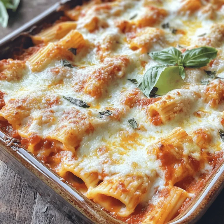 The key to a great baked ziti lies in the ingredients. Each one plays an important role in building flavor and texture. Here’s what you need for my easy baked ziti: - 12 oz ziti pasta - 2 cups marinara sauce (can be store-bought or homemade) - 2 cups ricotta cheese - 2 cups shredded mozzarella cheese - 1 cup grated Parmesan cheese - 1 large egg - 1 teaspoon Italian seasoning - 1 teaspoon garlic powder - Salt and pepper to taste - Fresh basil leaves for garnish (optional) Each ingredient brings something special to the dish. The ziti pasta holds the sauce well. Marinara sauce adds rich flavor. Ricotta gives a creamy layer. Mozzarella melts beautifully, while Parmesan adds a salty kick. The egg helps bind everything together. Feel free to customize! You can swap out marinara for a different sauce or adjust the cheeses. Just keep the core ingredients. Following the full recipe will ensure success while allowing you to explore your own tastes. First, set your oven to 375°F (190°C). Preheating helps the dish cook evenly. If you skip this step, your ziti may not bake well. To cook ziti, bring a large pot of salted water to a boil. Add 12 oz of ziti pasta and cook until al dente. This means the pasta should be firm but not hard. Follow the package instructions for timing. After cooking, drain the pasta using a colander. Let it cool for a few minutes to stop the cooking process. In a large bowl, mix 2 cups of ricotta cheese, 1 large egg, 1 teaspoon of Italian seasoning, 1 teaspoon of garlic powder, and salt and pepper. Use a fork or whisk to blend these ingredients. Aim for a smooth consistency. This mixture adds creaminess to the dish. In another bowl, combine 2 cups of marinara sauce with 1 cup of shredded mozzarella cheese. Stir until the cheese is evenly mixed with the sauce. This mix will add flavor and richness to your baked ziti. Now it’s time to layer. Start with the marinara and cheese mixture. Spread a layer at the bottom of your baking dish. Next, add half the cooked ziti. Spoon half of the ricotta mixture on top. Sprinkle some grated Parmesan cheese. Repeat this layering process until all ingredients are used. Make sure each layer is even for best results. Cover your baking dish tightly with aluminum foil. Place it in the preheated oven and bake for 25 minutes. This helps the flavors come together. After 25 minutes, take off the foil and bake for another 15-20 minutes. Look for bubbling cheese and a golden top. Once done, let it cool for 5-10 minutes before serving. This resting time helps the layers set nicely. To achieve the best cheese texture, use a mix of cheeses. I love combining mozzarella, ricotta, and Parmesan. This mix creates a creamy, stretchy feel. Make sure to spread the cheese evenly in each layer. Resting time is key. After baking, let the dish sit for 5-10 minutes. This helps the layers set and makes serving easier. If you skip this step, your ziti may fall apart. Baked ziti pairs well with garlic bread. The warm, crusty bread soaks up the sauce nicely. A light salad with fresh greens is also great. Try adding a simple vinaigrette for a zesty flavor. For a special touch, offer a side of roasted vegetables. They add color and nutrients. You’ll need some basic kitchen tools for this recipe. A large pot is perfect for boiling pasta. Use a mixing bowl for the ricotta mixture. A sturdy baking dish is essential for layering your ziti. I recommend using a glass or ceramic dish. These materials cook evenly and show off your dish’s beautiful layers. Don't forget a good spatula for serving! For the full recipe, check out Cheesy Baked Ziti Delight. {{image_4}} Dairy alternatives If you're lactose intolerant or vegan, use dairy-free cheese. Brands like Daiya or Follow Your Heart offer great substitutes. You can swap ricotta for tofu blended with lemon juice, giving a creamy texture without dairy. Vegetarian options To make a vegetarian baked ziti, skip the meat. Use extra veggies like spinach, mushrooms, or zucchini. These add flavor and nutrition. You can also choose plant-based meat crumbles for a hearty dish. Spicing up your baked ziti Add a pinch of red pepper flakes for heat. You could also mix in some fresh herbs like oregano or parsley. These spices brighten the dish and give it a fresh taste. Adding veggies or protein Feel free to mix in cooked sausage or ground beef for extra protein. For a veggie-packed meal, try adding bell peppers, onions, or even broccoli. Just cook these ahead of time to keep them tender and flavorful. Individual servings vs. family-style For a fun twist, serve baked ziti in individual ramekins. This makes it easy for guests to enjoy their own portion. Family-style is great for sharing and creates a warm atmosphere. Using different pasta shapes While ziti is traditional, you can use other pasta shapes like penne or fusilli. Each shape holds sauce differently. This gives your baked ziti a unique look and adds a fun texture. To keep your baked ziti fresh, store it in an airtight container. Let it cool first. Place it in the fridge for up to 3 to 5 days. If you want to freeze it, cut it into portions. Use freezer-safe bags or containers. Label them with the date. You can freeze it for up to 3 months. Thaw it in the fridge overnight before reheating. For reheating, the oven works best. Preheat your oven to 350°F (175°C). Place the ziti in an oven-safe dish. Cover it with foil to keep it moist. Bake for about 20-25 minutes. If you want to use a microwave, heat it in short bursts. Stir it every minute to keep it even. Remember to check if it’s hot all the way through. This way, you keep the flavor and texture just right. Bake your ziti for a total of 40-45 minutes. Start by covering the dish with foil and bake for 25 minutes. Then, remove the foil and bake for another 15-20 minutes. This helps the cheese melt and bubble perfectly, creating a delicious crust on top. Yes, you can prepare baked ziti in advance. Assemble the dish and cover it tightly. Store it in the fridge for up to two days before baking. If you want to freeze it, wrap it well in foil. It can last for up to three months in the freezer. Just remember to thaw it overnight in the fridge before baking. Baked ziti pairs well with many sides. You can serve a simple green salad. A Caesar salad works great too. Garlic bread is a classic choice. Roasted vegetables add a nice touch as well. Choose sides that balance the rich flavors of the ziti. Absolutely! To make baked ziti in a slow cooker, layer the ingredients in the pot. Start with sauce, then pasta, and cheese. Repeat these layers. Cook on low for about 4-6 hours. This method keeps your ziti moist and flavorful. For a detailed guide, check out the Cheesy Baked Ziti Delight. This recipe gives you step-by-step instructions and tips for the best results. In this post, we covered how to make a delicious baked ziti. We discussed the key ingredients, the step-by-step process, and tips for the best results. I shared ways to customize your dish and how to store leftovers. Baked ziti is simple yet tasty—perfect for any meal. Remember to enjoy the cooking process and share your creation with others. Making it your own will bring joy to your table.