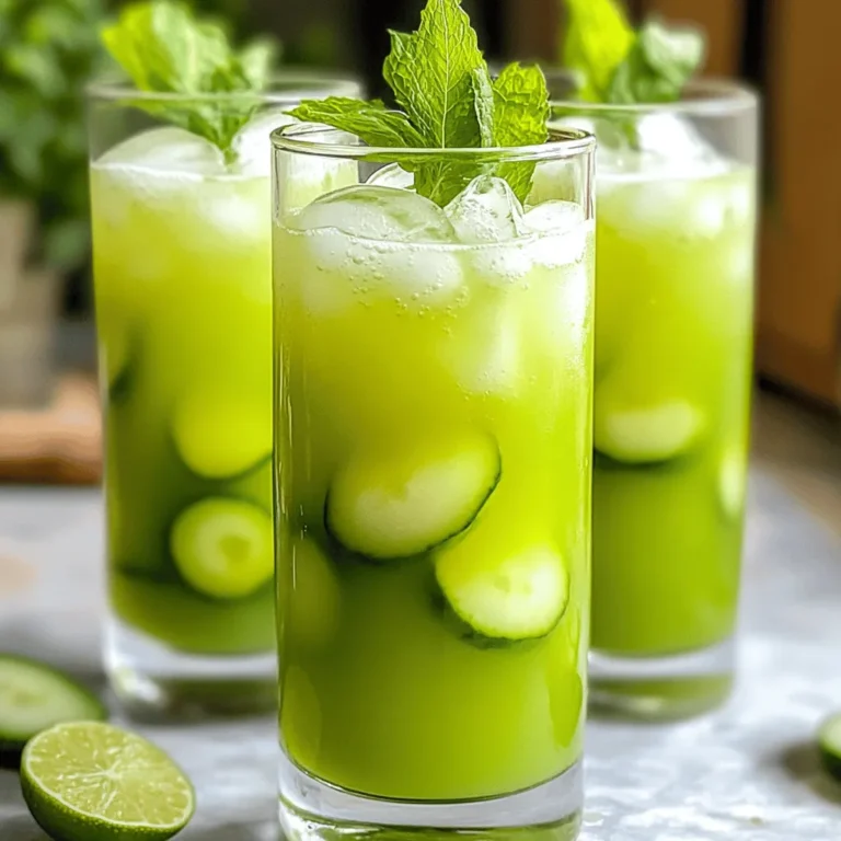 - 2 cups fresh honeydew melon, cubed - 1 medium cucumber, peeled and chopped - 2 tablespoons freshly squeezed lime juice - 3 tablespoons agave nectar (adjust to taste) - 4 cups cold water - Fresh mint leaves for garnish (optional) - High-powered blender - Fine-mesh sieve - Large pitcher - Spatula To create a refreshing cucumber melon agua fresca, you need fresh and bright ingredients. Honeydew melon gives this drink its sweet, juicy flavor. Cucumber adds a cool crunch, making each sip delightful. Fresh lime juice gives it a zesty kick that balances the sweetness. Agave nectar sweetens the drink, but feel free to adjust it to your taste. Cold water helps to dilute the flavors and keep it refreshing. Finally, fresh mint leaves can add a lovely touch when it’s time to serve. For tools, a high-powered blender is essential to create a smooth mixture. A fine-mesh sieve helps to strain the pulp, giving you a clear drink. You will need a large pitcher to hold your agua fresca. A spatula is useful for pressing down the solids in the sieve, ensuring you get every drop of delicious juice. For the full recipe, you can follow the steps outlined in the preparation section. - Blending the honeydew and cucumber Start by adding the cubed honeydew melon and the chopped cucumber into your blender. Blend on high speed for about 30 to 60 seconds. You want it to be super smooth. The fresh flavors will mix well together. - Incorporating lime juice and agave nectar Next, squeeze fresh lime juice into the blender. Add 3 tablespoons of agave nectar as well. Blend again for another 30 seconds. This step adds a zesty punch and sweet notes to the drink. - Straining the mixture Now, take a fine-mesh sieve and place it over a large pitcher. Pour the blended mixture into the sieve. Use a spatula to press down on the solids. This helps extract all the juicy goodness while leaving the pulp behind. - Adding cold water After straining, pour in 4 cups of cold water into the pitcher. Stir gently to combine. This dilutes the mixture to the perfect drinkable consistency. - Adjusting sweetness to taste Taste your agua fresca. If you like it sweeter, feel free to add more agave nectar. Mix well after adding to ensure the sweetness is even throughout. - Pouring over ice To serve, fill tall glasses with ice. Then pour your refreshing cucumber melon agua fresca over the ice. This keeps the drink cold and refreshing. - Garnishing with mint leaves For a lovely touch, garnish with fresh mint leaves. They add color and a nice aroma. Plus, they make your drink look extra special! This is how you can create a delightful Cucumber Melon Agua Fresca. For the complete process, check the Full Recipe. Enjoy every sip of this refreshing summer beverage! To find the best honeydew melon, check for a yellowish skin. A ripe melon feels slightly soft. You should also smell the stem end. A sweet scent means it's ready to eat. Always choose organic melons when possible. They are often fresher and tastier. Adjust the sweetness of your agua fresca by adding more or less agave nectar. Start with three tablespoons and taste it. If you want it sweeter, add more. You can also try adding herbs. Fresh mint or basil can bring a new twist. Just a few leaves can make a big difference. Cucumber melon agua fresca fits many occasions. Serve it at picnics, barbecues, or family gatherings. It’s a great drink for hot summer days. Pair it with light snacks like chips or fresh fruit. It also goes well with grilled chicken or fish. Enjoy this refreshing drink with friends and family! {{image_4}} You can switch honeydew with cantaloupe for a different taste. Cantaloupe has a sweet, floral flavor. This change adds a new layer to the drink. You can also add berries, like strawberries or blueberries. They bring a splash of color and a burst of tangy flavor. Mixing fruits can make your drink more fun and vibrant! Want a sugar-free drink? Use a sugar substitute like stevia. It will keep the drink sweet without extra calories. You can also skip the agave nectar completely. For those avoiding dairy, know this drink is naturally dairy-free. It’s perfect for everyone to enjoy! Add fresh basil or mint for a unique twist. These herbs brighten the drink and add a fresh scent. You can also try incorporating ginger for a spicy kick. A little ginger can give your agua fresca an exciting zing. These small changes can really elevate the flavor profile! Store your cucumber melon agua fresca in the fridge. Use a covered pitcher to keep it fresh. This drink tastes best when chilled. Aim to enjoy it within 3 days for optimal flavor. You can freeze the agua fresca for later use. Pour it into ice cube trays and freeze. These cubes work great in smoothies or other drinks. They keep the flavor while adding a chill. In the fridge, your agua fresca lasts about 3 days. Watch for signs of spoilage, like off smells or changes in color. If it smells sour or looks strange, it’s best to toss it out. Enjoy your refreshing drink while it's at its peak! Cucumber Melon Agua Fresca is a cool drink made from honeydew melon and cucumber. It comes from Mexico and is popular in hot weather. The drink is light and refreshing, perfect for summer days. I love how it combines sweet melon and crisp cucumber flavors. This drink is not only tasty but also hydrating. You can enjoy it at picnics, barbecues, or just while relaxing at home. Yes, you can make Cucumber Melon Agua Fresca ahead of time! I often prepare it a few hours before serving. Just follow the recipe and chill it in the fridge. Letting it sit allows the flavors to mix better. You can store it in a pitcher, covered tightly. Just remember to stir it well before serving. If you have leftovers, it can last for up to two days in the fridge. You can adjust the sweetness by using agave nectar. Start with the amount in the recipe, then taste it. If you want it sweeter, add more agave, a little at a time. You can also try honey or maple syrup as substitutes. Each option gives a different flavor. Remember, sweetness is personal, so make it just how you like it! Yes, frozen fruit is a great option! Using frozen honeydew and cucumber makes it easier and faster to prepare. Just blend the frozen fruit as you would fresh. It might create a slushy texture, which I find delightful. You can skip the ice, as the frozen fruit will keep it cold. This method is perfect for busy days or when fresh fruit is hard to find. You learned how to make a refreshing Cucumber Melon Agua Fresca. We covered every step, from choosing fresh honeydew and cucumber, to mixing in lime juice and agave. I shared handy tips on selecting ripe fruit and suggested variations to try. You can store it safely for fresh enjoyment later. With these steps, making this drink will be simple and fun. Enjoying this agua fresca will surely impress your guests and satisfy your taste buds!