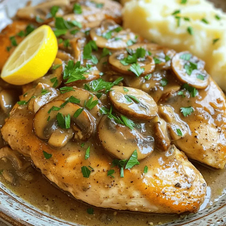 To make Classic Chicken Marsala, you will need: - 4 boneless, skinless chicken breasts - Sea salt and freshly cracked black pepper, to taste - 1/2 cup all-purpose flour, for dredging - 4 tablespoons extra virgin olive oil - 2 tablespoons unsalted butter - 8 ounces cremini mushrooms, thinly sliced - 1 cup low-sodium chicken broth - 2 tablespoons freshly squeezed lemon juice - 1/4 cup fresh parsley, finely chopped, for garnish Using fresh ingredients makes all the difference in your dish. Fresh chicken tastes better and has better texture. Fresh mushrooms add depth and flavor. Fresh herbs, like parsley, bring vibrant notes to your plate. Fresh ingredients enhance the overall taste and make your meal more enjoyable. They can transform a simple dish into something special. If you can't find certain items, don't worry! Here are some easy swaps: - Chicken breasts: You can use chicken thighs for a richer flavor. - Cremini mushrooms: Use button mushrooms if cremini are not available. - Olive oil: Use canola or vegetable oil if you're out of olive oil. - Chicken broth: Vegetable broth works well for a lighter taste. - Lemon juice: You can use vinegar as a tangy alternative if you lack lemons. These substitutes will keep your Chicken Marsala flavorful and delicious, even with changes. 1. First, season the chicken breasts with salt and pepper. 2. Dredge each breast in flour. Shake off any extra flour. 3. Heat 2 tablespoons of olive oil in a skillet over medium heat. 4. Place the chicken in the skillet. Cook for 5-6 minutes on each side. 5. Remove the chicken from the skillet and keep it warm on a plate. 6. Add the remaining olive oil and butter to the same skillet. 7. Once the butter melts, add the sliced mushrooms. Sauté for 5 minutes. 8. Pour in the chicken broth and lemon juice. Scrape the skillet's bottom. 9. Simmer the sauce for 5 minutes until it thickens. 10. Return the chicken to the skillet. Spoon sauce over the top. 11. Simmer everything together for 2-3 minutes. 12. Finish with parsley before serving. To get the best Chicken Marsala, focus on these techniques: - Dredging: Flour helps create a crust. It locks in moisture and adds flavor. - Searing: Cooking the chicken on medium heat gives a golden crust. - Deglazing: Scraping the skillet adds depth to the sauce. - Simmering: Letting the sauce thicken enhances the flavor. Here are some tips to avoid issues while cooking: - Skipping seasoning: Always season the chicken well. It makes a big difference. - Overcrowding the skillet: Cook in batches if needed. This keeps the heat high. - Not checking doneness: Use a meat thermometer. Chicken should reach 165°F. - Rushing the sauce: Let it simmer. This builds the best flavor. For the complete cooking process, check the Full Recipe. Serve Chicken Marsala on a large plate. Spoon the rich mushroom sauce over the chicken. Pair it with creamy mashed potatoes or steamed vegetables. These sides add color and balance to the dish. I love adding a bright green salad too. It makes the meal complete and fresh. To boost flavor, season the chicken well with sea salt and pepper. Dredging it in flour gives it a nice crust. Be sure to use fresh mushrooms for the best taste. Cremini mushrooms add a deep, earthy flavor. Deglazing the skillet with chicken broth is key. It helps pick up all the tasty bits left behind. A splash of lemon juice brightens the dish. It cuts through the richness and makes every bite pop. When it comes to drinks, I suggest a dry white wine. A good Sauvignon Blanc or Chardonnay works well. These wines complement the chicken and sauce without overpowering them. If you prefer something non-alcoholic, try sparkling water with lemon. It refreshes your palate between bites. Enjoy your meal with a suitable drink for a perfect dining experience. Check out the Full Recipe for more details. {{image_4}} You can add herbs and spices to give Chicken Marsala a fun twist. Try adding fresh thyme or rosemary for a fragrant touch. Paprika can add a bit of heat and color. You can also use garlic powder or onion powder to deepen the flavor. Mix these into the flour before dredging the chicken. This small change can make a big difference in taste. If you want a vegetarian or vegan version, replace the chicken with hearty mushrooms or eggplant. Both options soak up the sauce well. Use vegetable broth instead of chicken broth for a rich flavor. You may also try tofu for a protein boost. Dredge the tofu in flour like the chicken for a satisfying crunch. You can play with the sauce to change the flavor profile. For a creamier version, add heavy cream to the broth. This will give you a rich, luscious sauce that coats the chicken well. You can also use Marsala wine for a sweeter touch. If you want a tangy flavor, use balsamic vinegar instead of lemon juice. Each of these swaps can help you create a unique dish. For the full recipe, check the [Full Recipe]. To store your Classic Chicken Marsala, let it cool first. Place the chicken and sauce in an airtight container. Make sure to separate the sauce from the chicken if you can. This helps keep the chicken moist. Place the container in the fridge. It’s best to use the leftovers within three days for the best taste. When reheating Classic Chicken Marsala, use a skillet for the best results. Warm it over medium heat. Add a splash of chicken broth or water to keep it moist. Stir gently until heated through. You can also microwave it, but be careful not to overheat. This can dry out the chicken. Classic Chicken Marsala lasts about three days in the fridge. If you want to keep it longer, freeze it. In the freezer, it will last up to three months. Just remember to store it in a freezer-safe container. To enjoy it later, thaw it in the fridge overnight before reheating. For more details on making this dish, check out the Full Recipe. Chicken Marsala is made of simple, tasty ingredients. You need chicken breasts, mushrooms, and Marsala wine. The sauce gets its flavor from chicken broth and lemon juice. You also use flour to coat the chicken. Olive oil and butter add richness. Fresh parsley gives a nice touch at the end. Yes, you can prepare Chicken Marsala ahead of time. Cook the chicken and store it in the fridge. Keep the sauce separate to avoid sogginess. When you are ready to serve, just reheat both. This keeps the chicken juicy and the sauce fresh. The best wine for Chicken Marsala is a dry Marsala wine. This wine adds depth and sweetness to the dish. If you can't find Marsala, you can use dry sherry or white wine. These alternatives work well but may change the flavor slightly. Always choose a wine you enjoy drinking! In this article, we covered the crucial ingredients for Chicken Marsala and why freshness matters. I shared step-by-step instructions to help you cook it perfectly. We explored tips for serving and pairing drinks, as well as variations for every taste. Finally, I explained how to store leftovers safely. Cooking Chicken Marsala can be easy and fun. With the right tips and knowledge, you can enjoy a delicious meal every time.