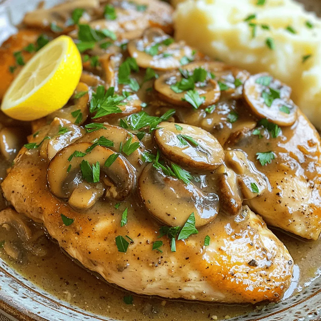 To make Classic Chicken Marsala, you will need: - 4 boneless, skinless chicken breasts - Sea salt and freshly cracked black pepper, to taste - 1/2 cup all-purpose flour, for dredging - 4 tablespoons extra virgin olive oil - 2 tablespoons unsalted butter - 8 ounces cremini mushrooms, thinly sliced - 1 cup low-sodium chicken broth - 2 tablespoons freshly squeezed lemon juice - 1/4 cup fresh parsley, finely chopped, for garnish Using fresh ingredients makes all the difference in your dish. Fresh chicken tastes better and has better texture. Fresh mushrooms add depth and flavor. Fresh herbs, like parsley, bring vibrant notes to your plate. Fresh ingredients enhance the overall taste and make your meal more enjoyable. They can transform a simple dish into something special. If you can't find certain items, don't worry! Here are some easy swaps: - Chicken breasts: You can use chicken thighs for a richer flavor. - Cremini mushrooms: Use button mushrooms if cremini are not available. - Olive oil: Use canola or vegetable oil if you're out of olive oil. - Chicken broth: Vegetable broth works well for a lighter taste. - Lemon juice: You can use vinegar as a tangy alternative if you lack lemons. These substitutes will keep your Chicken Marsala flavorful and delicious, even with changes. 1. First, season the chicken breasts with salt and pepper. 2. Dredge each breast in flour. Shake off any extra flour. 3. Heat 2 tablespoons of olive oil in a skillet over medium heat. 4. Place the chicken in the skillet. Cook for 5-6 minutes on each side. 5. Remove the chicken from the skillet and keep it warm on a plate. 6. Add the remaining olive oil and butter to the same skillet. 7. Once the butter melts, add the sliced mushrooms. Sauté for 5 minutes. 8. Pour in the chicken broth and lemon juice. Scrape the skillet's bottom. 9. Simmer the sauce for 5 minutes until it thickens. 10. Return the chicken to the skillet. Spoon sauce over the top. 11. Simmer everything together for 2-3 minutes. 12. Finish with parsley before serving. To get the best Chicken Marsala, focus on these techniques: - Dredging: Flour helps create a crust. It locks in moisture and adds flavor. - Searing: Cooking the chicken on medium heat gives a golden crust. - Deglazing: Scraping the skillet adds depth to the sauce. - Simmering: Letting the sauce thicken enhances the flavor. Here are some tips to avoid issues while cooking: - Skipping seasoning: Always season the chicken well. It makes a big difference. - Overcrowding the skillet: Cook in batches if needed. This keeps the heat high. - Not checking doneness: Use a meat thermometer. Chicken should reach 165°F. - Rushing the sauce: Let it simmer. This builds the best flavor. For the complete cooking process, check the Full Recipe. Serve Chicken Marsala on a large plate. Spoon the rich mushroom sauce over the chicken. Pair it with creamy mashed potatoes or steamed vegetables. These sides add color and balance to the dish. I love adding a bright green salad too. It makes the meal complete and fresh. To boost flavor, season the chicken well with sea salt and pepper. Dredging it in flour gives it a nice crust. Be sure to use fresh mushrooms for the best taste. Cremini mushrooms add a deep, earthy flavor. Deglazing the skillet with chicken broth is key. It helps pick up all the tasty bits left behind. A splash of lemon juice brightens the dish. It cuts through the richness and makes every bite pop. When it comes to drinks, I suggest a dry white wine. A good Sauvignon Blanc or Chardonnay works well. These wines complement the chicken and sauce without overpowering them. If you prefer something non-alcoholic, try sparkling water with lemon. It refreshes your palate between bites. Enjoy your meal with a suitable drink for a perfect dining experience. Check out the Full Recipe for more details. {{image_4}} You can add herbs and spices to give Chicken Marsala a fun twist. Try adding fresh thyme or rosemary for a fragrant touch. Paprika can add a bit of heat and color. You can also use garlic powder or onion powder to deepen the flavor. Mix these into the flour before dredging the chicken. This small change can make a big difference in taste. If you want a vegetarian or vegan version, replace the chicken with hearty mushrooms or eggplant. Both options soak up the sauce well. Use vegetable broth instead of chicken broth for a rich flavor. You may also try tofu for a protein boost. Dredge the tofu in flour like the chicken for a satisfying crunch. You can play with the sauce to change the flavor profile. For a creamier version, add heavy cream to the broth. This will give you a rich, luscious sauce that coats the chicken well. You can also use Marsala wine for a sweeter touch. If you want a tangy flavor, use balsamic vinegar instead of lemon juice. Each of these swaps can help you create a unique dish. For the full recipe, check the [Full Recipe]. To store your Classic Chicken Marsala, let it cool first. Place the chicken and sauce in an airtight container. Make sure to separate the sauce from the chicken if you can. This helps keep the chicken moist. Place the container in the fridge. It’s best to use the leftovers within three days for the best taste. When reheating Classic Chicken Marsala, use a skillet for the best results. Warm it over medium heat. Add a splash of chicken broth or water to keep it moist. Stir gently until heated through. You can also microwave it, but be careful not to overheat. This can dry out the chicken. Classic Chicken Marsala lasts about three days in the fridge. If you want to keep it longer, freeze it. In the freezer, it will last up to three months. Just remember to store it in a freezer-safe container. To enjoy it later, thaw it in the fridge overnight before reheating. For more details on making this dish, check out the Full Recipe. Chicken Marsala is made of simple, tasty ingredients. You need chicken breasts, mushrooms, and Marsala wine. The sauce gets its flavor from chicken broth and lemon juice. You also use flour to coat the chicken. Olive oil and butter add richness. Fresh parsley gives a nice touch at the end. Yes, you can prepare Chicken Marsala ahead of time. Cook the chicken and store it in the fridge. Keep the sauce separate to avoid sogginess. When you are ready to serve, just reheat both. This keeps the chicken juicy and the sauce fresh. The best wine for Chicken Marsala is a dry Marsala wine. This wine adds depth and sweetness to the dish. If you can't find Marsala, you can use dry sherry or white wine. These alternatives work well but may change the flavor slightly. Always choose a wine you enjoy drinking! In this article, we covered the crucial ingredients for Chicken Marsala and why freshness matters. I shared step-by-step instructions to help you cook it perfectly. We explored tips for serving and pairing drinks, as well as variations for every taste. Finally, I explained how to store leftovers safely. Cooking Chicken Marsala can be easy and fun. With the right tips and knowledge, you can enjoy a delicious meal every time.